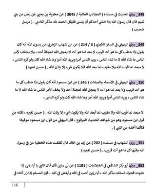 116
037
_
‫روي‬
‫مسنده‬ ‫ي‬
‫ف‬ ‫الحارث‬
(
‫العالية‬ ‫المطال‬
/
0638
)
‫ي‬
‫بت‬ ‫من‬ ‫رجل‬ ‫عن‬ ‫ر‬
‫يحت‬ ‫بن‬ ‫معاوية‬ ‫عن‬
ّ
‫مذك‬ ‫هلل‬ ‫الحمد‬ ‫فليقل‬ ‫ينس‬ ‫أن‬ ‫أحدكم‬ ‫ي‬
‫خس‬ ‫إذا‬ ‫هللا‬ ‫رسول‬ ‫قال‬ ‫قال‬ ‫تميم‬
‫ي‬
‫الناش‬ ‫ر‬
( .
‫مرسل‬
‫ضعيف‬
)
039
_
‫روي‬
‫ي‬‫الكث‬ ‫السن‬ ‫ي‬
‫ف‬ ‫ي‬
‫ى‬
‫البيهف‬
(
0
/
813
)
‫كان‬‫أنه‬ ‫هللا‬ ‫رسول‬ ‫عن‬ ‫الزهري‬ ‫شهاب‬ ‫ابن‬ ‫عن‬
‫ألمر‬ ‫يخفف‬ ‫وا‬ ، ‫أحد‬ ‫لعجلة‬ ‫هللا‬ ‫يعجل‬ ‫ا‬ ‫آت‬ ‫هو‬ ‫لما‬ ‫بعد‬ ‫ا‬ ‫قري‬ ‫آت‬ ‫هو‬ ‫ما‬ ‫كل‬ ‫خط‬ ‫إذا‬ ‫يقول‬
‫ويريد‬ ‫ا‬‫ر‬‫أم‬ ‫الناس‬ ‫يريد‬ ، ‫الناس‬ ‫شاء‬ ‫ما‬ ‫ا‬ ‫هللا‬ ‫شاء‬ ‫ما‬ ‫الناس‬
، ‫الناس‬ ‫كره‬‫ولو‬ ‫كان‬‫هللا‬ ‫شاء‬ ‫وما‬ ‫ا‬‫ر‬‫أم‬ ‫هللا‬
‫هللا‬ ‫بإذن‬ ‫إا‬ ‫ء‬ ‫ي‬
‫ش‬ ‫يكون‬ ‫فال‬ ‫هللا‬ ‫بعد‬ ‫لما‬ ‫مقرب‬ ‫وا‬ ‫هللا‬ ‫قرب‬ ‫لما‬ ‫مبعد‬ ‫ا‬
( .
‫ه‬ ‫ر‬
‫لغث‬ ‫حسن‬
)
086
_
‫روي‬
‫والصفات‬ ‫األسماء‬ ‫ي‬
‫ف‬ ‫ي‬
‫ى‬
‫البيهف‬
(
030
)
‫ما‬ ‫كل‬ ‫خط‬ ‫إذا‬ ‫يقول‬ ‫كان‬‫أنه‬ ‫مسعود‬ ‫ابن‬ ‫عن‬
‫هللا‬ ‫يعجل‬ ‫ا‬ ‫آت‬ ‫هو‬ ‫لما‬ ‫بعد‬ ‫وا‬ ‫قري‬ ‫آت‬ ‫هو‬
‫ما‬ ‫ا‬ ‫هللا‬ ‫شاء‬ ‫ما‬ ‫الناس‬‫ألمر‬ ‫يخف‬ ‫وا‬ ‫أحد‬ ‫لعجلة‬
، ‫الناس‬ ‫كره‬‫ولو‬ ‫كان‬‫هللا‬ ‫شاء‬ ‫وما‬ ‫ا‬‫ر‬‫أم‬ ‫هللا‬ ‫ويريد‬ ‫ا‬‫ر‬‫أم‬ ‫الناس‬ ‫يريد‬ ، ‫الناس‬ ‫شاء‬
‫هللا‬ ‫بإذن‬ ‫إا‬ ‫ء‬ ‫ي‬
‫ش‬ ‫يكون‬ ‫وا‬ ‫هللا‬ ‫أبعد‬ ‫لما‬ ‫مقرب‬ ‫وا‬ ‫هللا‬ ‫قرب‬ ‫لما‬ ‫مبعد‬ ‫ا‬
( .
‫من‬ ‫لكنه‬ ، ‫ه‬ ‫ر‬
‫لغث‬ ‫حسن‬
‫الحديث‬ ‫شواهد‬ ‫من‬ ‫وهو‬ ‫مسعود‬ ‫ابن‬ ‫قول‬
‫موقوفا‬ ‫مسعود‬ ‫ابن‬ ‫قول‬ ‫من‬ ‫ي‬
‫ى‬
‫البيهف‬ ‫قال‬ ، ‫المرفوع‬
‫ي‬
‫النت‬ ‫عن‬ ‫أخذه‬ ‫فكأنما‬
. )
081
_
‫روي‬
‫مسنده‬ ‫ي‬
‫ف‬ ‫الشهاب‬
(
868
)
‫رسول‬ ّ
‫ي‬
‫ف‬ ‫من‬ ‫الخطبة‬ ‫هذه‬ ‫تلقفت‬ ‫قال‬ ‫خالد‬ ‫بن‬ ‫زيد‬ ‫عن‬
‫قري‬ ‫آت‬ ‫هو‬ ‫ما‬ ‫كل‬‫وفيها‬ ‫هللا‬
( .
‫ه‬ ‫ر‬
‫لغث‬ ‫حسن‬
)
088
_
‫روي‬
‫الغيالنيات‬ ‫ي‬
‫ف‬ ‫ي‬
‫الشافع‬ ‫بكر‬ ‫أبو‬
(
1161
)
‫ي‬
‫أب‬ ‫عن‬
‫إذا‬ ‫رزين‬ ‫أبا‬ ‫يا‬ ‫ي‬
‫النت‬ ‫قال‬ ‫قال‬ ‫رزين‬
‫ي‬
‫ف‬ ‫أخاه‬ ‫ار‬‫ز‬ ‫إذا‬ ‫المسلم‬ ‫فإن‬ ، ‫هللا‬ ‫ي‬
‫ف‬ ‫وأبغض‬ ‫هللا‬ ‫ي‬
‫ف‬ ‫أح‬ ‫رزين‬ ‫أبا‬ ، ‫هللا‬‫بذكر‬ ‫لسانك‬ ‫فحرك‬ ‫خلوت‬
 