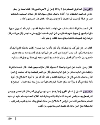 131
403
_
‫روي‬
‫المستدرك‬ ‫ي‬
‫ف‬ ‫الحاكم‬
(
1
/
800
)
‫جبل‬ ‫بن‬ ‫لمعاذ‬ ‫قلت‬ ‫قال‬ ‫ي‬
‫الديل‬ ‫األسود‬ ‫ي‬
‫أب‬ ‫عن‬
‫فجعلت‬ ‫ر‬
‫المسلمن‬ ‫صدقة‬ ‫عل‬ ‫هللا‬ ‫رسول‬ ‫ي‬
‫جعلت‬ ‫فقال‬ ، ‫أخذته‬ ‫ر‬
‫حن‬ ‫الشيطان‬ ‫قصة‬ ‫عن‬ ‫ي‬
‫حدثت‬
، ‫يأخذه‬ ‫الشيطان‬ ‫هذا‬ ‫فقال‬ ، ‫هللا‬ ‫رسول‬ ‫ت‬‫فأخث‬ ‫نقصانا‬ ‫فيه‬ ‫فوجدت‬ ‫غرفة‬ ‫ي‬
‫ف‬ ‫التمر‬
‫صورة‬ ‫ي‬
‫ف‬ ‫تصور‬ ‫ثم‬ ‫الباب‬ ‫فغشيت‬ ‫عظيمة‬ ‫ظلمة‬ ‫فجاءت‬ ‫ي‬
‫عل‬ ‫الباب‬ ‫فأغلقت‬ ‫الغرفة‬ ‫فدخلت‬ ‫قال‬
‫قال‬ ‫التمر‬ ‫من‬ ‫يأكل‬ ‫فجعل‬ ، ّ
‫ي‬
‫عل‬ ‫اري‬‫ز‬‫إ‬ ‫فشددت‬ ‫الباب‬ ‫شق‬ ‫من‬ ‫فدخل‬ ‫أخرى‬ ‫صورة‬ ‫ي‬
‫ف‬ ‫تصور‬ ‫ثم‬ ‫فيل‬
، ‫هللا‬‫عدو‬ ‫يا‬ ‫فقلت‬ ‫عليه‬ ‫يداي‬ ‫فالتقت‬ ‫فضبطته‬ ‫إليه‬ ‫فوثبت‬
‫و‬ ‫ر‬
‫كثث‬‫عيال‬‫ذو‬ ‫ر‬
‫كبث‬ ‫ي‬
‫فإب‬ ‫ي‬
‫عت‬ ‫خل‬ ‫فقال‬
‫أن‬ ‫قبل‬ ‫القرية‬ ‫هذه‬ ‫لنا‬ ‫وكانت‬ ‫ر‬
‫نصيبن‬ ‫جن‬ ‫من‬ ‫وأنا‬ ‫ر‬
‫فقث‬ ‫أنا‬
‫يل‬‫جث‬ ‫وجاء‬ ، ‫عنه‬ ‫فخليت‬ ‫إليك‬ ‫أعود‬ ‫فلن‬ ‫ي‬
‫عت‬ ‫فخل‬ ‫عنها‬ ‫أخرجنا‬ ‫بعث‬ ‫فلما‬ ، ‫صاحبكم‬ ‫يبعث‬
، ‫إليه‬ ‫فقمت‬ ‫جبل‬ ‫بن‬ ‫معاذ‬ ‫أين‬ ‫مناديه‬ ‫فنادى‬ ‫الصبح‬ ‫هللا‬ ‫رسول‬ ‫فصل‬ ‫كان‬‫بما‬ ‫هللا‬ ‫رسول‬ ‫فأخث‬
‫مع‬ ‫يا‬ ‫ك‬ ‫ر‬
‫أسث‬ ‫فعل‬ ‫ما‬ ‫هللا‬ ‫رسول‬ ‫فقال‬
‫الغرفة‬ ‫فدخلت‬ ‫قال‬ ، ‫فعاد‬ ‫سيعود‬ ‫إنه‬ ‫أما‬ ‫فقال‬ ‫ته‬‫فأخث‬ ‫؟‬ ‫اذ‬
‫المرة‬ ‫ي‬
‫ف‬ ‫صنعت‬ ‫كما‬‫به‬ ‫فصنعت‬ ‫التمر‬ ‫من‬ ‫يأكل‬ ‫فجعل‬ ‫الباب‬ ‫شق‬ ‫من‬ ‫فدخل‬ ‫الباب‬ ‫ي‬
‫عل‬ ‫وأغلقت‬
‫أعود‬ ‫لن‬ ‫ي‬
‫فإب‬ ‫قال‬ ‫؟‬ ‫أعود‬ ‫ا‬ ‫تقل‬ ‫ألم‬ ‫هللا‬ ‫عدو‬ ‫يا‬ ‫فقلت‬ ‫إليك‬ ‫أعود‬ ‫لن‬ ‫ي‬
‫فإب‬ ‫ي‬
‫عت‬ ‫خل‬ ‫فقال‬ ، ‫األول‬
‫م‬ ‫أحد‬ ‫أ‬‫ر‬‫يق‬ ‫ا‬ ‫أن‬ ‫ي‬
‫عل‬ ‫ذلك‬ ‫وآية‬
‫الليلة‬ ‫تلك‬ ‫بيته‬ ‫ي‬
‫ف‬ ‫منا‬ ‫أحد‬ ‫فدخل‬ ‫البقرة‬ ‫خاتمة‬ ‫نكم‬
( .
‫صحيح‬
)
404
_
‫روي‬
‫ي‬‫الكث‬ ‫السن‬ ‫ي‬
‫ف‬ ‫ي‬
‫ئ‬
‫النساب‬
(
9
/
039
)
‫من‬ ‫جرن‬ ‫لجدي‬ ‫كان‬‫قال‬ ‫كع‬‫بن‬ ‫ي‬
‫أب‬ ‫بن‬ ‫دمحم‬ ‫عن‬
‫عليه‬ ‫فرد‬ ‫عليه‬ ‫فسلم‬ ‫المحتلم‬ ‫الغالم‬ ‫شبه‬ ‫بدابة‬ ‫هو‬ ‫فإذا‬ ‫ليلة‬ ‫ذات‬ ‫فحرسه‬ ‫ينقص‬ ‫يجده‬ ‫فجعل‬ ‫تمر‬
‫أنت‬ ‫من‬ ‫فقال‬ ، ‫السالم‬
، ‫كل‬‫وشعر‬ ‫كل‬‫يد‬ ‫فإذا‬ ‫يدك‬ ‫ي‬
‫أعطت‬ ‫قال‬ ، ‫جن‬ ‫بل‬ ‫ا‬ ‫قال‬ ‫؟‬ ‫إنس‬ ‫أم‬ ‫أجن‬
، ‫أشد‬ ‫رجل‬ ‫فيهم‬ ‫ما‬ ‫الجن‬ ‫علمت‬ ‫قد‬ ‫قال‬ ، ‫الجن‬ ‫خلق‬ ‫هكذا‬ ‫قال‬
 