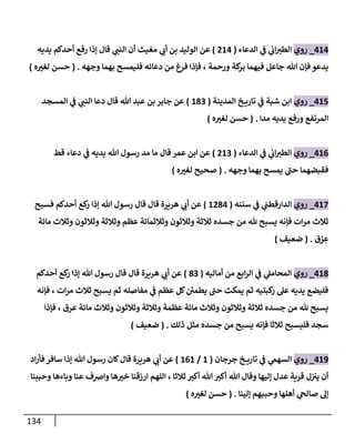 134
414
_
‫روي‬
‫الدعاء‬ ‫ي‬
‫ف‬ ‫ي‬
‫اب‬‫الطث‬
(
813
)
‫يديه‬ ‫أحدكم‬ ‫رفع‬ ‫إذا‬ ‫قال‬ ‫ي‬
‫النت‬ ‫أن‬ ‫مغيث‬ ‫ي‬
‫أب‬ ‫بن‬ ‫الوليد‬ ‫عن‬
‫وجهه‬ ‫بهما‬ ‫فليمسح‬ ‫دعائه‬ ‫من‬ ‫فرغ‬ ‫فإذا‬ ، ‫ورحمة‬ ‫كة‬
‫بر‬ ‫فيهما‬ ‫جاعل‬ ‫هللا‬ ‫فإن‬ ‫يدعو‬
( .
‫ه‬ ‫ر‬
‫لغث‬ ‫حسن‬
)
415
_
‫روي‬
‫المدينة‬ ‫خ‬ ‫تاري‬ ‫ي‬
‫ف‬ ‫شبة‬ ‫ابن‬
(
170
)
‫المسجد‬ ‫ي‬
‫ف‬ ‫ي‬
‫النت‬ ‫دعا‬ ‫قال‬ ‫هللا‬ ‫عبد‬ ‫بن‬ ‫جابر‬ ‫عن‬
‫مدا‬ ‫يديه‬ ‫ورفع‬ ‫المرتفع‬
( .
‫ه‬ ‫ر‬
‫لغث‬ ‫حسن‬
)
416
_
‫روي‬
‫الدعاء‬ ‫ي‬
‫ف‬ ‫ي‬
‫اب‬‫الطث‬
(
810
)
‫قط‬ ‫دعاء‬ ‫ي‬
‫ف‬ ‫يديه‬ ‫هللا‬ ‫رسول‬ ‫مد‬ ‫ما‬ ‫قال‬ ‫عمر‬ ‫ابن‬ ‫عن‬
‫وجهه‬ ‫بهما‬ ‫يمسح‬ ‫ى‬
‫حت‬ ‫فقبضهما‬
( .
‫ه‬ ‫ر‬
‫لغث‬ ‫صحيح‬
)
417
_
‫روي‬
‫سننه‬ ‫ي‬
‫ف‬ ‫ي‬
‫الدارقطت‬
(
1873
)
‫فسبح‬ ‫أحدكم‬ ‫كع‬
‫ر‬ ‫إذا‬ ‫هللا‬ ‫رسول‬ ‫قال‬ ‫قال‬ ‫هريرة‬ ‫ي‬
‫أب‬ ‫عن‬
‫مائة‬ ‫وثالث‬ ‫وثالثون‬ ‫وثالثة‬ ‫عظم‬ ‫وثالثمائة‬ ‫وثالثون‬ ‫ثالثة‬ ‫جسده‬ ‫من‬ ‫هلل‬ ‫يسبح‬ ‫فإنه‬ ‫ات‬‫ر‬‫م‬ ‫ثالث‬
‫ق‬ ْ
‫ر‬ ِ
‫ع‬
( .
‫ضعيف‬
)
418
_
‫روي‬
‫أماليه‬ ‫من‬ ‫ابع‬‫ر‬‫ال‬ ‫ي‬
‫ف‬ ‫ي‬
‫المحامل‬
(
70
)
‫هللا‬ ‫رسول‬ ‫قال‬ ‫قال‬ ‫هريرة‬ ‫ي‬
‫أب‬ ‫عن‬
‫أحدكم‬ ‫كع‬
‫ر‬ ‫إذا‬
‫فإنه‬ ، ‫ات‬‫ر‬‫م‬ ‫ثالث‬ ‫يسبح‬ ‫ثم‬ ‫مفاصله‬ ‫ي‬
‫ف‬ ‫عظم‬ ‫كل‬ ‫ئ‬
‫يطمن‬ ‫ى‬
‫حت‬ ‫يمكث‬ ‫ثم‬ ‫كبتيه‬
‫ر‬ ‫عل‬ ‫يديه‬ ‫فليضع‬
‫فإذا‬ ، ‫عرق‬ ‫مائة‬ ‫وثالث‬ ‫وثالثون‬ ‫وثالثة‬ ‫عظمة‬ ‫مائة‬ ‫وثالث‬ ‫وثالثون‬ ‫ثالثة‬ ‫جسده‬ ‫من‬ ‫هلل‬ ‫يسبح‬
‫ذلك‬ ‫مثل‬ ‫جسده‬ ‫من‬ ‫يسبح‬ ‫فإنه‬ ‫ثالثا‬ ‫فليسبح‬ ‫سجد‬
( .
‫ضعيف‬
)
419
_
‫روي‬
‫جرجان‬ ‫خ‬ ‫تاري‬ ‫ي‬
‫ف‬ ‫ي‬
‫السهم‬
(
1
/
101
)
‫اد‬‫ر‬‫فأ‬ ‫سافر‬ ‫إذا‬ ‫هللا‬ ‫رسول‬ ‫كان‬‫قال‬ ‫هريرة‬ ‫ي‬
‫أب‬ ‫عن‬
‫وحببنا‬ ‫وباءها‬ ‫عنا‬ ‫واضف‬ ‫ها‬ ‫ر‬
‫خث‬ ‫ارزقنا‬ ‫اللهم‬ ، ‫ثالثا‬ ‫أكث‬ ‫هللا‬ ‫أكث‬ ‫هللا‬ ‫وقال‬ ‫إليها‬ ‫عدل‬ ‫قرية‬ ‫ل‬‫يث‬ ‫أن‬
‫إلينا‬ ‫وحببهم‬ ‫أهلها‬ ‫ي‬
‫صالىح‬ ‫إل‬
( .
‫ه‬ ‫ر‬
‫لغث‬ ‫حسن‬
)
 