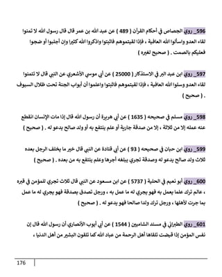 176
890
_
‫روي‬
‫القرآن‬ ‫أحكام‬ ‫ي‬
‫ف‬ ‫الجصاص‬
(
379
)
‫تمنوا‬ ‫ا‬ ‫هللا‬ ‫رسول‬ ‫قال‬ ‫قال‬ ‫عمر‬ ‫بن‬ ‫هللا‬ ‫عبد‬ ‫عن‬
‫واسألوا‬‫العدو‬ ‫لقاء‬
‫ضجوا‬ ‫أو‬ ‫أجلبوا‬ ‫وإن‬ ‫ا‬ ‫ر‬
‫كثث‬‫هللا‬ ‫واذكروا‬ ‫فاثبتوا‬ ‫لقيتموهم‬ ‫فإذا‬ ، ‫العافية‬ ‫هللا‬
‫بالصمت‬ ‫فعليكم‬
( .
‫ه‬ ‫ر‬
‫لغث‬ ‫صحيح‬
)
898
_
‫روي‬
‫ااستذكار‬ ‫ي‬
‫ف‬ ‫الث‬ ‫عبد‬ ‫ابن‬
(
88666
)
‫تتمنوا‬ ‫ا‬ ‫قال‬ ‫ي‬
‫النت‬ ‫عن‬ ‫األشعري‬ ‫ي‬
‫موش‬ ‫ي‬
‫أب‬ ‫عن‬
‫واعلم‬ ‫فاثبتوا‬ ‫لقيتموهم‬ ‫فإذا‬ ، ‫العافية‬ ‫هللا‬ ‫وسلوا‬‫العدو‬ ‫لقاء‬
‫السيوف‬ ‫ظالل‬ ‫تحت‬ ‫الجنة‬ ‫أبواب‬ ‫أن‬ ‫وا‬
( .
‫صحيح‬
)
897
_
‫روي‬
‫صحيحه‬ ‫ي‬
‫ف‬ ‫مسلم‬
(
1008
)
‫انقطع‬ ‫اإلنسان‬ ‫مات‬ ‫إذا‬ ‫قال‬ ‫هللا‬ ‫رسول‬ ‫أن‬ ‫هريرة‬ ‫ي‬
‫أب‬ ‫عن‬
‫له‬ ‫يدعو‬ ‫صالح‬ ‫ولد‬‫أو‬ ‫به‬ ‫ينتفع‬ ‫علم‬ ‫أو‬ ‫جارية‬ ‫صدقة‬ ‫من‬ ‫إا‬ ، ‫ثالثة‬ ‫من‬ ‫إا‬ ‫عمله‬ ‫عنه‬
( .
‫صحيح‬
)
899
_
‫روي‬
‫صحيحه‬ ‫ي‬
‫ف‬ ‫حبان‬ ‫ابن‬
(
90
)
‫بعده‬ ‫الرجل‬ ‫يخلف‬ ‫ما‬ ‫ر‬
‫خث‬ ‫قال‬ ‫ي‬
‫النت‬ ‫عن‬ ‫قتادة‬ ‫ي‬
‫أب‬ ‫عن‬
‫بعده‬ ‫من‬ ‫به‬ ‫ينتفع‬ ‫وعلم‬ ‫أجرها‬ ‫يبلغه‬ ‫تجري‬ ‫وصدقة‬ ‫له‬ ‫يدعو‬ ‫صالح‬ ‫ولد‬ ‫ثالث‬
( .
‫صحيح‬
)
066
_
‫روي‬
‫الحلية‬ ‫ي‬
‫ف‬ ‫نعيم‬ ‫أبو‬
(
8808
)
‫ه‬‫قث‬ ‫ي‬
‫ف‬ ‫للمؤمن‬ ‫تجري‬ ‫ثالث‬ ‫قال‬ ‫ي‬
‫النت‬ ‫عن‬ ‫مسعود‬ ‫ابن‬ ‫عن‬
‫ما‬ ‫له‬ ‫يجري‬ ‫فهو‬ ‫به‬ ‫يعمل‬ ‫علما‬ ‫ترك‬ ‫عالم‬ ،
‫عمل‬ ‫ما‬ ‫له‬ ‫يجري‬ ‫فهو‬ ‫بصدقة‬ ‫تصدق‬ ‫ورجل‬ ، ‫به‬ ‫عمل‬
‫له‬ ‫يدعو‬ ‫فهو‬ ‫صالحا‬ ‫ولدا‬ ‫ترك‬ ‫ورجل‬ ، ‫ألهلها‬ ‫جرت‬ ‫بما‬
( .
‫صحيح‬
)
061
_
‫روي‬
‫ر‬
‫الشامين‬ ‫مسند‬ ‫ي‬
‫ف‬ ‫ي‬
‫اب‬‫الطث‬
(
1833
)
‫إن‬ ‫قال‬ ‫هللا‬ ‫رسول‬ ‫أن‬ ‫األنصاري‬ ‫أيوب‬ ‫ي‬
‫أب‬ ‫عن‬
‫البش‬ ‫تلقون‬ ‫كما‬‫هللا‬ ‫عباد‬ ‫من‬ ‫الرحمة‬ ‫أهل‬ ‫تلقاها‬ ‫قبضت‬ ‫إذا‬ ‫المؤمن‬ ‫نفس‬
، ‫الدنيا‬ ‫أهل‬ ‫من‬ ‫ر‬
‫ث‬
 