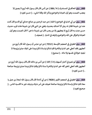 191
006
_
‫روي‬
‫المستدرك‬ ‫ي‬
‫ف‬ ‫الحاكم‬
(
3
/
060
)
‫إا‬ ‫يصن‬ ‫ا‬ ‫ع‬‫أرب‬ ‫هللا‬ ‫رسول‬ ‫قال‬ ‫قال‬ ‫أنس‬ ‫عن‬
‫ء‬ ‫ي‬
‫الس‬ ‫وقلة‬ ‫هللا‬‫وذكر‬ ‫والتواضع‬ ‫العبادة‬ ‫أول‬ ‫وهو‬ ‫الصمت‬ ‫بعج‬
( .
‫ه‬ ‫ر‬
‫لغث‬ ‫حسن‬
)
001
_
‫روي‬
‫التواضع‬ ‫ي‬
‫ف‬ ‫الدنيا‬ ‫ي‬
‫أب‬ ‫ابن‬
(
188
)
‫كنت‬‫قال‬ ‫قاسم‬ ‫أبو‬ ‫ي‬
‫حدثت‬ ‫صالح‬ ‫بن‬ ‫الرحمن‬ ‫عبد‬ ‫عن‬
‫حديث‬ ‫فرب‬ ‫هات‬ ‫مة‬‫شث‬ ‫ابن‬ ‫قال‬ ‫ي‬
‫النت‬ ‫عن‬ ‫ي‬
‫بلغت‬ ‫بحديث‬ ‫أحدثك‬ ‫أا‬ ‫رجل‬ ‫له‬ ‫فقال‬ ‫مة‬‫شث‬ ‫ابن‬ ‫عند‬
‫أول‬ ‫وهو‬ ‫الصمت‬ ‫قال‬ ‫؟‬ ‫هن‬ ‫ما‬ ‫مة‬‫شث‬ ‫ابن‬ ‫قال‬ ‫يح‬ ‫من‬ ‫إا‬ ‫يعطيهن‬ ‫ا‬ ‫ع‬‫أرب‬ ‫قال‬ ‫به‬ ‫جئت‬ ‫حسن‬
‫الدنيا‬ ‫ي‬
‫ف‬ ‫والزهد‬ ‫والتواضع‬ ‫هللا‬ ‫عل‬ ‫والتوكل‬ ‫العبادة‬
( .
‫ضعيف‬
)
008
_
‫روي‬
‫األوسط‬ ‫المعجم‬ ‫ي‬
‫ف‬ ‫ي‬
‫اب‬‫الطث‬
(
8818
)
‫من‬ ‫ع‬‫أرب‬ ‫قال‬ ‫هللا‬ ‫رسول‬ ‫أن‬ ‫عباس‬ ‫ابن‬ ‫عن‬
‫ا‬ ‫وزوجة‬ ‫ا‬‫ر‬‫صاب‬ ‫البالء‬ ‫عل‬ ‫وبدنا‬ ‫ا‬‫ر‬‫ذاك‬ ‫ولسانا‬ ‫ا‬‫ر‬‫شاك‬ ‫قلبا‬ ‫واآلخرة‬ ‫الدنيا‬ ‫ر‬
‫خث‬ ‫ي‬
‫أعىط‬ ‫فقد‬ ‫أعطيهن‬
‫نفسها‬ ‫ي‬
‫ف‬ ‫خوفا‬ ‫تبغيه‬
‫ماله‬ ‫وا‬
( .
‫صحيح‬
)
000
_
‫روي‬
‫أصبهان‬ ‫أخبار‬ ‫ي‬
‫ف‬ ‫نعيم‬ ‫أبو‬
(
8
/
108
)
‫من‬ ‫ع‬‫أرب‬ ‫هللا‬ ‫رسول‬ ‫قال‬ ‫قال‬ ‫مالك‬ ‫بن‬ ‫أنس‬ ‫عن‬
‫صالحة‬ ‫وزوجة‬ ‫ا‬‫ر‬‫صاب‬ ‫وبدنا‬ ‫ا‬‫ر‬‫شاك‬ ‫وقلبا‬ ‫ا‬‫ر‬‫ذاك‬ ‫لسانا‬ ‫واآلخرة‬ ‫الدنيا‬ ‫ر‬
‫خث‬ ‫كله‬ ‫ر‬
‫الخث‬ ‫ي‬
‫أعىط‬ ‫فقد‬ ‫أعطيهن‬
( .
‫ه‬ ‫ر‬
‫لغث‬ ‫حسن‬
)
003
_
‫روي‬
‫ر‬
‫الكبث‬ ‫المعجم‬ ‫ي‬
‫ف‬ ‫ي‬
‫اب‬‫الطث‬
(
8787
)
‫يا‬ ‫جبل‬ ‫بن‬ ‫لمعاذ‬ ‫هللا‬ ‫رسول‬ ‫قال‬ ‫قال‬ ‫أمامة‬ ‫ي‬
‫أب‬ ‫عن‬
‫الناس‬ ‫اكتسبه‬ ‫ما‬ ‫ر‬
‫خث‬ ‫ودينك‬ ‫دنياك‬ ‫أمر‬ ‫عل‬ ‫تعينك‬ ‫صالحة‬ ‫وزوجة‬ ‫ا‬‫ر‬‫ذاك‬ ‫ولسانا‬ ‫ا‬‫ر‬‫شاك‬ ‫قلبا‬ ‫معاذ‬
( .
‫ه‬ ‫ر‬
‫لغث‬ ‫صحيح‬
)
 