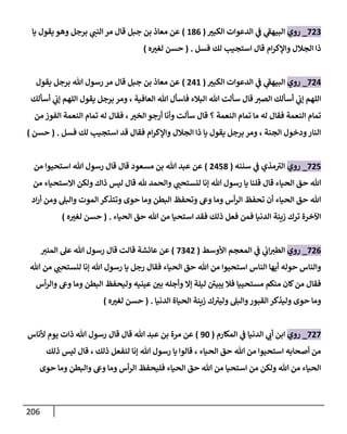 216
880
_
‫روي‬
‫ر‬
‫الكبث‬ ‫الدعوات‬ ‫ي‬
‫ف‬ ‫ي‬
‫ى‬
‫البيهف‬
(
170
)
‫يا‬ ‫يقول‬ ‫وهو‬ ‫برجل‬ ‫ي‬
‫النت‬‫مر‬ ‫قال‬ ‫جبل‬ ‫بن‬ ‫معاذ‬ ‫عن‬
‫فسل‬ ‫لك‬ ‫استجي‬ ‫قال‬ ‫ام‬‫ر‬‫واإلك‬ ‫الجالل‬ ‫ذا‬
( .
‫ه‬ ‫ر‬
‫لغث‬ ‫حسن‬
)
883
_
‫روي‬
‫ر‬
‫الكبث‬ ‫الدعوات‬ ‫ي‬
‫ف‬ ‫ي‬
‫ى‬
‫البيهف‬
(
831
)
‫ر‬‫مر‬ ‫قال‬ ‫جبل‬ ‫بن‬ ‫معاذ‬ ‫عن‬
‫يقول‬ ‫برجل‬ ‫هللا‬ ‫سول‬
‫أسألك‬ ‫ي‬
‫إب‬ ‫اللهم‬ ‫يقول‬ ‫برجل‬ ‫ومر‬ ، ‫العافية‬ ‫هللا‬ ‫فاسأل‬ ‫البالء‬ ‫هللا‬ ‫سألت‬ ‫قال‬‫الصث‬ ‫أسألك‬ ‫ي‬
‫إب‬ ‫اللهم‬
‫من‬ ‫الفوز‬ ‫النعمة‬ ‫تمام‬ ‫له‬ ‫فقال‬ ، ‫ر‬
‫الخث‬‫أرجو‬ ‫وأنا‬ ‫سألت‬ ‫قال‬ ‫؟‬ ‫النعمة‬ ‫تمام‬ ‫ما‬ ‫له‬ ‫فقال‬ ‫النعمة‬ ‫تمام‬
‫واإل‬ ‫الجالل‬ ‫ذا‬ ‫يا‬ ‫يقول‬ ‫برجل‬ ‫ومر‬ ، ‫الجنة‬ ‫ودخول‬‫النار‬
‫فسل‬ ‫لك‬ ‫استجي‬ ‫قد‬ ‫فقال‬ ‫ام‬‫ر‬‫ك‬
( .
‫حسن‬
)
888
_
‫روي‬
‫سننه‬ ‫ي‬
‫ف‬ ‫مذي‬ ‫ى‬
‫الث‬
(
8387
)
‫من‬ ‫استحيوا‬ ‫هللا‬ ‫رسول‬ ‫قال‬ ‫قال‬ ‫مسعود‬ ‫بن‬ ‫هللا‬ ‫عبد‬ ‫عن‬
‫من‬ ‫ااستحياء‬ ‫ولكن‬ ‫ذاك‬ ‫ليس‬ ‫قال‬ ‫هلل‬ ‫والحمد‬ ‫ي‬ ‫ر‬
‫لنستحت‬ ‫إنا‬ ‫هللا‬ ‫رسول‬ ‫يا‬ ‫قلنا‬ ‫قال‬ ‫الحياء‬ ‫حق‬ ‫هللا‬
‫اد‬‫ر‬‫أ‬ ‫ومن‬ ‫والبل‬ ‫الموت‬ ‫وتتذكر‬ ‫حوى‬ ‫وما‬ ‫البطن‬ ‫وتحفظ‬ ‫وع‬ ‫وما‬ ‫أس‬‫ر‬‫ال‬ ‫تحفظ‬ ‫أن‬ ‫الحياء‬ ‫حق‬ ‫هللا‬
‫فعل‬ ‫فمن‬ ‫الدنيا‬ ‫زينة‬ ‫ترك‬ ‫اآلخرة‬
‫الحياء‬ ‫حق‬ ‫هللا‬ ‫من‬ ‫استحيا‬ ‫فقد‬ ‫ذلك‬
( .
‫ه‬ ‫ر‬
‫لغث‬ ‫حسن‬
)
880
_
‫روي‬
‫األوسط‬ ‫المعجم‬ ‫ي‬
‫ف‬ ‫ي‬
‫اب‬‫الطث‬
(
8038
)
‫المنث‬ ‫عل‬ ‫هللا‬ ‫رسول‬ ‫قال‬ ‫قالت‬ ‫عائشة‬ ‫عن‬
‫هللا‬ ‫من‬ ‫ي‬ ‫ر‬
‫لنستحت‬ ‫إنا‬ ‫هللا‬ ‫رسول‬ ‫يا‬ ‫رجل‬ ‫فقال‬ ‫الحياء‬ ‫حق‬ ‫هللا‬ ‫من‬ ‫استحيوا‬ ‫الناس‬ ‫أيها‬ ‫حوله‬ ‫والناس‬
‫ي‬ ‫فال‬ ‫مستحييا‬ ‫منكم‬ ‫كان‬‫من‬ ‫فقال‬
‫أس‬‫ر‬‫وال‬ ‫وع‬ ‫وما‬ ‫البطن‬ ‫وليحفظ‬ ‫عينيه‬ ‫ر‬
‫بن‬ ‫وأجله‬ ‫إا‬ ‫ليلة‬ ‫ى‬
‫بين‬
‫الدنيا‬ ‫الحياة‬ ‫زينة‬ ‫ك‬ ‫ى‬
‫وليث‬ ‫والبل‬‫القبور‬‫وليذكر‬ ‫حوى‬ ‫وما‬
( .
‫ه‬ ‫ر‬
‫لغث‬ ‫حسن‬
)
888
_
‫روي‬
‫المكارم‬ ‫ي‬
‫ف‬ ‫الدنيا‬ ‫ي‬
‫أب‬ ‫ابن‬
(
96
)
‫ألناس‬ ‫يوم‬ ‫ذات‬ ‫هللا‬ ‫رسول‬ ‫قال‬ ‫قال‬ ‫هللا‬ ‫عبد‬ ‫بن‬ ‫مرة‬ ‫عن‬
‫الح‬ ‫حق‬ ‫هللا‬ ‫من‬ ‫استحيوا‬ ‫أصحابه‬ ‫من‬
‫ذلك‬ ‫ليس‬ ‫قال‬ ، ‫ذلك‬ ‫لنفعل‬ ‫إنا‬ ‫هللا‬ ‫رسول‬ ‫يا‬ ‫قالوا‬ ، ‫ياء‬
‫حوى‬ ‫وما‬ ‫والبطن‬ ‫وع‬ ‫وما‬ ‫أس‬‫ر‬‫ال‬ ‫فليحفظ‬ ‫الحياء‬ ‫حق‬ ‫هللا‬ ‫من‬ ‫استحيا‬ ‫من‬ ‫ولكن‬ ‫هللا‬ ‫من‬ ‫الحياء‬
 