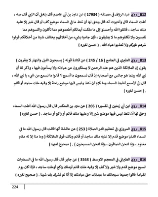 224
718
_
‫روي‬
‫مصنفه‬ ‫ي‬
‫ف‬ ‫اق‬‫ز‬‫الر‬ ‫عبد‬
(
18903
)
، ‫صه‬ ‫قال‬ ‫ي‬
‫النت‬ ‫أن‬ ‫ي‬
‫بلغت‬ ‫قال‬ ‫عاصم‬ ‫ي‬
‫أب‬ ‫بن‬ ‫داود‬ ‫عن‬
‫عليه‬ ‫إا‬ ‫شث‬ ‫قال‬ ‫أو‬ ‫كف‬‫موضع‬ ‫السماء‬ ‫ي‬
‫ف‬ ‫ما‬ ‫تئط‬ ‫أن‬ ‫لها‬ ‫وحق‬ ‫قال‬ ‫أنه‬ ‫ت‬‫وأخث‬ ‫قال‬ ‫السماء‬ ‫أطت‬
‫مل‬ ‫ما‬ ‫إل‬ ‫وأحسنوا‬ ‫هللا‬ ‫فاتقوا‬ ، ‫ساجد‬ ‫ملك‬
‫مما‬ ‫واكسوهم‬ ‫تأكلون‬ ‫مما‬ ‫أطعموهم‬ ‫أيمانكم‬ ‫كت‬
‫فولوا‬ ‫أخالقكم‬ ‫من‬ ‫شيئا‬ ‫يخالف‬ ‫أخالقهم‬ ‫من‬ ‫ء‬ ‫ي‬
‫بس‬ ‫جاءوا‬ ‫فإن‬ ، ‫يطيقون‬ ‫ا‬ ‫ما‬ ‫تكلفوهم‬ ‫وا‬ ‫تلبسون‬
‫هللا‬ ‫عباد‬ ‫تعذبوا‬ ‫وا‬ ‫كم‬ ‫ر‬
‫غث‬ ‫هم‬‫رس‬
( .
‫ه‬ ‫ر‬
‫لغث‬ ‫حسن‬
)
710
_
‫روي‬
‫الجامع‬ ‫ي‬
‫ف‬ ‫ي‬‫الطث‬
(
10
/
838
)
‫قوله‬ ‫قتادة‬ ‫عن‬
(
‫ون‬ ‫ى‬
‫يفث‬ ‫ا‬‫والنهار‬ ‫الليل‬ ‫يسبحون‬
)
‫أن‬ ‫لنا‬ ‫وذكر‬ ، ‫فيها‬ ‫يسأمون‬ ‫وا‬ ‫عبادته‬ ‫عن‬ ‫ون‬‫يستكث‬ ‫ا‬ ‫الرحمن‬ ‫عند‬ ‫هم‬ ‫الذين‬ ‫المالئكة‬ ‫إن‬ ‫يقول‬
، ‫هللا‬ ‫ي‬
‫نت‬ ‫يا‬ ‫ء‬ ‫ي‬
‫ش‬ ‫من‬ ‫نسمع‬ ‫ما‬ ‫قالوا‬ ‫؟‬ ‫أسمع‬ ‫ما‬ ‫تسمعون‬ ‫قال‬ ‫إذ‬ ‫أصحابه‬ ‫مع‬ ‫جالس‬ ‫هو‬ ‫بينما‬ ‫هللا‬ ‫ي‬
‫نت‬
‫السماء‬ ‫أطيط‬ ‫ألسمع‬ ‫ي‬
‫إب‬ ‫قال‬
‫قائم‬ ‫أو‬ ‫ساجد‬ ‫ملك‬ ‫وفيه‬ ‫إا‬ ‫احة‬‫ر‬ ‫موضع‬ ‫فيها‬ ‫وليس‬ ‫تئط‬ ‫أن‬ ‫تالم‬ ‫وما‬
( .
‫ه‬ ‫ر‬
‫لغث‬ ‫حسن‬
)
713
_
‫روي‬
‫ه‬ ‫ر‬
‫تفسث‬ ‫ي‬
‫ف‬ ‫ر‬
‫زمنن‬ ‫ي‬
‫أب‬ ‫ابن‬
(
860
)
‫السماء‬ ‫أطت‬ ‫هللا‬ ‫رسول‬ ‫قال‬ ‫قال‬ ‫المنكدر‬ ‫بن‬ ‫دمحم‬ ‫عن‬
‫ساجد‬ ‫أو‬ ‫اكع‬‫ر‬ ‫أو‬ ‫قائم‬ ‫ملك‬ ‫وعليها‬ ‫إا‬ ‫شث‬ ‫موضع‬ ‫فيها‬ ‫ليس‬ ‫تئط‬ ‫أن‬ ‫لها‬ ‫وحق‬
( .
‫ه‬ ‫ر‬
‫لغث‬ ‫حسن‬
)
718
_
‫روي‬
‫الصالة‬ ‫قدر‬ ‫تعظيم‬ ‫ي‬
‫ف‬ ‫المروزي‬
(
880
)
‫ي‬
‫ف‬ ‫ما‬ ‫هللا‬ ‫رسول‬ ‫قال‬ ‫قالت‬ ‫أنها‬ ‫عائشة‬ ‫عن‬
‫المالئكة‬ ‫قول‬ ‫وذلك‬ ‫قائم‬ ‫أو‬ ‫ساجد‬ ‫ملك‬ ‫عليه‬ ‫إا‬ ‫قدم‬ ‫موضع‬ ‫الدنيا‬ ‫السماء‬
(
‫مقام‬ ‫له‬ ‫إا‬ ‫منا‬ ‫وما‬
‫المسبحون‬ ‫لنحن‬ ‫وإنا‬ ، ‫الصافون‬ ‫لنحن‬ ‫وإنا‬ ، ‫معلوم‬
( . )
‫ه‬ ‫ر‬
‫لغث‬ ‫صحيح‬
)
710
_
‫روي‬
‫ا‬‫الطث‬
‫ااوسط‬ ‫المعجم‬ ‫ي‬
‫ف‬ ‫ي‬
‫ب‬
(
0807
)
‫السماوات‬ ‫ي‬
‫ف‬ ‫ما‬ ‫هللا‬ ‫رسول‬ ‫قال‬ ‫قال‬ ‫جابر‬ ‫عن‬
‫يوم‬ ‫كان‬‫فإذا‬ ، ‫ساجد‬ ‫أوملك‬ ‫اكع‬‫ر‬ ‫أوملك‬ ‫قائم‬ ‫ملك‬ ‫وفيه‬ ‫إا‬ ‫كف‬‫وا‬‫شث‬ ‫وا‬ ‫قدم‬ ‫موضع‬ ‫السبع‬
‫شيئا‬ ‫بك‬ ‫ك‬‫نس‬ ‫لم‬ ‫أنا‬ ‫إا‬ ‫عبادتك‬ ‫حق‬ ‫عبدناك‬ ‫ما‬ ‫سبحانك‬ ‫جميعا‬ ‫قالوا‬ ‫القيامة‬
( .
‫ه‬ ‫ر‬
‫لغث‬ ‫صحيح‬
)
 