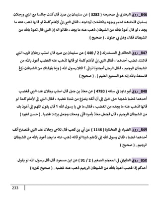 233
730
_
‫روي‬
‫صحيحه‬ ‫ي‬
‫ف‬ ‫البخاري‬
(
0878
)
‫ك‬‫قال‬ ‫ضد‬ ‫بن‬ ‫سليمان‬ ‫عن‬
‫ورجالن‬ ‫ي‬
‫النت‬ ‫مع‬ ‫جالسا‬ ‫نت‬
‫ما‬ ‫عنه‬ ‫ذه‬ ‫قالها‬ ‫لو‬ ‫كلمة‬‫ألعلم‬ ‫ي‬
‫إب‬ ‫ي‬
‫النت‬ ‫فقال‬ ، ‫أوداجه‬ ‫وانتفخت‬ ‫وجهه‬‫احمر‬ ‫فأحدهما‬ ‫يستبان‬
‫من‬ ‫باهلل‬ ‫تعوذ‬ ‫قال‬ ‫ي‬
‫النت‬ ‫إن‬ ‫له‬ ‫فقالوا‬ ، ‫يجد‬ ‫ما‬ ‫عنه‬ ‫ذه‬ ‫الشيطان‬ ‫من‬ ‫باهلل‬ ‫أعوذ‬ ‫قال‬ ‫لو‬ ، ‫يجد‬
‫جنون‬ ‫ي‬
‫ب‬ ‫وهل‬ ‫فقال‬ ‫الشيطان‬
( .
‫صحيح‬
)
738
_
‫روي‬
‫الحاكم‬
‫المستدرك‬ ‫ي‬
‫ف‬
(
8
/
336
)
‫ي‬
‫النت‬ ‫قرب‬ ‫رجالن‬ ‫است‬ ‫قال‬ ‫ضد‬ ‫بن‬ ‫سليمان‬ ‫عن‬
‫من‬ ‫باهلل‬ ‫أعوذ‬ ‫الغض‬ ‫عنه‬ ‫لذه‬ ‫قالها‬ ‫لو‬ ‫كلمة‬‫ألعلم‬ ‫ي‬
‫إب‬ ‫ي‬
‫النت‬ ‫فقال‬ ، ‫أحدهما‬ ‫غض‬ ‫فاشتد‬
‫هللا‬ ‫رسول‬ ‫فتال‬ ‫؟‬ ‫ي‬
‫اب‬‫ر‬‫ت‬ ‫أمجنونا‬ ‫الرجل‬ ‫فقال‬ ، ‫الرجيم‬ ‫الشيطان‬
(
‫نزغ‬ ‫الشيطان‬ ‫من‬ ‫غنك‬‫يث‬ ‫وإما‬
‫هو‬ ‫إنه‬ ‫باهلل‬ ‫فاستعذ‬
‫العليم‬ ‫السميع‬
( . )
‫صحيح‬
)
737
_
‫روي‬
‫سننه‬ ‫ي‬
‫ف‬ ‫داود‬ ‫أبو‬
(
3876
)
‫فغض‬ ‫ي‬
‫النت‬ ‫عند‬ ‫رجالن‬ ‫است‬ ‫قال‬ ‫جبل‬ ‫بن‬ ‫معاذ‬ ‫عن‬
‫لو‬ ‫كلمة‬‫ألعلم‬ ‫ي‬
‫إب‬ ‫ي‬
‫النت‬ ‫فقال‬ ، ‫غضبه‬ ‫شدة‬ ‫من‬ ‫يتمزع‬ ‫أنفه‬ ‫أن‬ ‫ي‬
‫إل‬ ‫خيل‬ ‫ى‬
‫حت‬ ‫شديدا‬ ‫غضبا‬ ‫أحدهما‬
‫بك‬ ‫أعوذ‬ ‫ي‬
‫إب‬ ‫اللهم‬ ‫يقول‬ ‫قال‬ ‫؟‬ ‫هللا‬ ‫رسول‬ ‫يا‬ ‫ي‬
‫ه‬ ‫ما‬ ‫فقال‬ ، ‫الغض‬ ‫من‬ ‫يجده‬ ‫ما‬ ‫عنه‬ ‫لذه‬ ‫قالها‬
‫الشيطان‬ ‫من‬
‫غضبا‬ ‫يزداد‬ ‫وجعل‬ ‫ومحك‬ ‫فأب‬ ‫يأمره‬ ‫معاذ‬ ‫فجعل‬ ‫قال‬ ، ‫الرجيم‬
( .
‫ه‬ ‫ر‬
‫لغث‬ ‫حسن‬
)
739
_
‫روي‬
‫المختارة‬ ‫ي‬
‫ف‬ ‫الضياء‬
(
1130
)
‫أنف‬ ‫فتصدع‬ ‫ي‬
‫النت‬ ‫عند‬ ‫رجالن‬ ‫تالح‬ ‫قال‬ ‫كع‬‫بن‬ ‫ي‬
‫أب‬ ‫عن‬
‫الشيطان‬ ‫من‬ ‫باهلل‬ ‫أعوذ‬ ‫يجد‬ ‫ما‬ ‫عنه‬ ‫ذه‬ ‫قاله‬ ‫لو‬ ‫شيئا‬ ‫ألعلم‬ ‫ي‬
‫إب‬ ‫هللا‬ ‫رسول‬ ‫فقال‬ ، ‫غضبا‬ ‫أحدهما‬
‫الرجيم‬
( .
‫صحيح‬
)
786
_
‫روي‬
‫ر‬
‫الصغث‬ ‫المعجم‬ ‫ي‬
‫ف‬ ‫ي‬
‫اب‬‫الطث‬
(
8
/
91
)
‫يقول‬ ‫لو‬ ‫هللا‬ ‫رسول‬ ‫قال‬ ‫قال‬ ‫مسعود‬ ‫ابن‬ ‫عن‬
‫غضبه‬ ‫عنه‬ ‫ذه‬ ‫الرجيم‬ ‫الشيطان‬ ‫من‬ ‫باهلل‬ ‫أعوذ‬ ‫غض‬ ‫إذا‬ ‫أحدكم‬
( .
‫ه‬ ‫ر‬
‫لغث‬ ‫صحيح‬
)
 