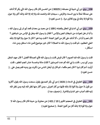 61
187
_
‫روي‬
‫مصنفه‬ ‫ي‬
‫ف‬ ‫شيبة‬ ‫ي‬
‫أب‬ ‫ابن‬
(
06888
)
‫أدلك‬ ‫أا‬ ‫بكر‬ ‫ي‬
‫ألب‬ ‫هللا‬ ‫رسول‬ ‫قال‬ ‫قال‬ ‫الحسن‬ ‫عن‬
‫حول‬ ‫وا‬ ‫أكث‬ ‫وهللا‬ ‫هللا‬ ‫إا‬ ‫إله‬ ‫وا‬ ‫هلل‬ ‫والحمد‬ ‫هللا‬ ‫سبحان‬ ، ‫واألرض‬ ‫السماء‬ ‫ر‬
‫بن‬ ‫ما‬ ‫تمأل‬ ‫صدقة‬ ‫عل‬
‫مرة‬ ‫ر‬
‫ثالثن‬ ‫يوم‬ ‫ي‬
‫ف‬ ‫باهلل‬ ‫إا‬ ‫قوة‬ ‫وا‬
( .
‫ه‬ ‫ر‬
‫لغث‬ ‫حسن‬
)
89
1
_
‫روي‬
‫وفضله‬ ‫العقل‬ ‫ي‬
‫ف‬ ‫الدنيا‬ ‫ي‬
‫أب‬ ‫ابن‬
(
169
)
، ‫هللا‬ ‫رسول‬ ‫إل‬ ‫ذر‬ ‫أبو‬ ‫قعد‬ ‫معدان‬ ‫بن‬ ‫معبد‬ ‫عن‬
‫؟‬ ‫ر‬
‫شياطن‬ ‫من‬ ‫اإلنس‬ ‫ي‬
‫ف‬ ‫وهل‬ ‫هللا‬ ‫رسول‬ ‫يا‬ ‫فقال‬ ‫؟‬ ‫واإلنس‬ ‫الجن‬ ‫شيطان‬ ‫من‬ ‫تعوذت‬ ‫هل‬ ‫ذر‬ ‫أبا‬ ‫يا‬
‫وا‬ ‫حول‬ ‫ا‬ ‫قال‬ ‫؟‬‫هو‬ ‫وما‬ ‫قلت‬ ‫؟‬ ‫الجنة‬ ‫كنوز‬‫من‬ ‫كث‬‫عل‬ ‫أدلك‬ ‫أا‬ ، ‫ذر‬ ‫أبا‬ ‫يا‬ ‫نعم‬ ‫قال‬
‫باهلل‬ ‫إا‬ ‫قوة‬
‫شاء‬ ‫ومن‬ ‫استقل‬ ‫شاء‬ ‫فمن‬ ‫موضوع‬ ‫ر‬
‫خث‬ ‫قال‬ ‫؟‬ ‫الصالة‬ ‫ما‬ ‫هللا‬ ‫رسول‬ ‫يا‬ ‫قلت‬ ‫ثم‬ ، ‫العظيم‬ ‫ي‬
‫العل‬
، ‫ر‬
‫استكث‬
‫المقل‬ ‫جهد‬ ‫قال‬ ‫؟‬ ‫أفضل‬ ‫الصدقة‬ ‫فأي‬ ‫هللا‬ ‫رسول‬ ‫يا‬ ‫قلت‬ ‫فرض‬ ‫قال‬ ‫؟‬ ‫الصوم‬ ‫فما‬ ‫هللا‬ ‫رسول‬ ‫يا‬ ‫قلت‬
‫وخمس‬ ‫مائة‬ ‫ثالث‬ ‫؟‬ ‫ر‬
‫المرسلن‬ ‫عدد‬ ‫كم‬‫هللا‬ ‫ي‬
‫نت‬ ‫يا‬ ‫قلت‬ ،‫يس‬ ‫أي‬ ‫ويس‬
‫قلت‬ ، ‫ر‬
‫الغفث‬ ‫الجم‬ ‫عس‬ ‫ة‬
‫ي‬
‫عل‬ ‫يصل‬ ‫فلم‬ ‫يديه‬ ‫ر‬
‫بن‬ ‫ذكرت‬ ‫من‬ ‫الناس‬ ‫أبخل‬ ‫إن‬ ‫قال‬ ‫ثم‬ ، ‫مكلما‬ ‫نعم‬ ‫قال‬ ‫؟‬ ‫نبيا‬ ‫كان‬‫آدم‬ ‫أيت‬‫ر‬‫أ‬
( .
‫ه‬ ‫ر‬
‫لغث‬ ‫حسن‬
)
106
_
‫روي‬
‫الدعاء‬ ‫ي‬
‫ف‬ ‫ي‬
‫اب‬‫الطث‬
(
1001
)
‫وا‬ ‫ر‬
‫أكث‬ ‫يقول‬ ‫هللا‬ ‫رسول‬ ‫سمعت‬ ‫يقول‬ ‫الصديق‬ ‫بكر‬ ‫ي‬
‫أب‬ ‫عن‬
‫هللا‬‫نظر‬ ‫ومن‬ ‫إليه‬ ‫هللا‬ ‫نظر‬ ‫منها‬ ‫ر‬
‫أكث‬ ‫ومن‬ ، ‫العرش‬ ‫كث‬‫من‬ ‫فإنها‬ ‫باهلل‬ ‫إا‬ ‫قوة‬ ‫وا‬ ‫حول‬ ‫ا‬ ‫قول‬ ‫من‬
‫واآلخرة‬ ‫الدنيا‬ ‫ر‬
‫خث‬ ‫أصاب‬ ‫فقد‬ ‫إليه‬
( .
‫جدا‬ ‫ضعيف‬
)
101
_
‫روي‬
‫ر‬
‫الكبث‬ ‫المعجم‬ ‫ي‬
‫ف‬ ‫ي‬
‫اب‬‫الطث‬
(
19
/
381
)
‫ا‬ ‫هللا‬ ‫رسول‬ ‫قال‬ ‫قال‬ ‫حيدة‬ ‫بن‬ ‫معاوية‬ ‫عن‬
‫الجنة‬ ‫كنوز‬‫من‬ ‫كث‬‫باهلل‬ ‫إا‬ ‫قوة‬ ‫وا‬ ‫حول‬
( .
‫ه‬ ‫ر‬
‫لغث‬ ‫صحيح‬
)
 