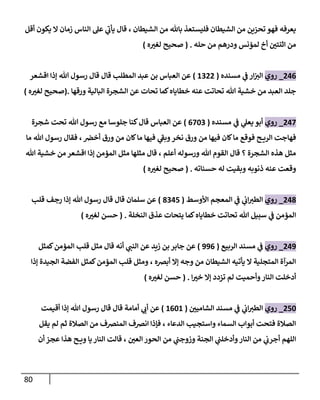 81
‫قا‬ ، ‫الشيطان‬ ‫من‬ ‫باهلل‬ ‫فليستعذ‬ ‫الشيطان‬ ‫من‬ ‫تحزين‬ ‫فهو‬ ‫يعرفه‬
‫أقل‬ ‫يكون‬ ‫ا‬ ‫زمان‬ ‫الناس‬ ‫عل‬ ‫ي‬
‫ى‬
‫يأب‬ ‫ل‬
‫حله‬ ‫من‬ ‫ودرهم‬ ‫لمؤنس‬ ‫أخ‬ ‫ر‬
‫اثنتن‬ ‫من‬
( .
‫ه‬ ‫ر‬
‫لغث‬ ‫صحيح‬
)
830
_
‫روي‬
‫مسنده‬ ‫ي‬
‫ف‬ ‫ار‬‫الث‬
(
1088
)
‫اقشعر‬ ‫إذا‬ ‫هللا‬ ‫رسول‬ ‫قال‬ ‫قال‬ ‫المطل‬ ‫عبد‬ ‫بن‬ ‫العباس‬ ‫عن‬
‫كما‬‫خطاياه‬ ‫عنه‬ ‫تحاتت‬ ‫هللا‬ ‫خشية‬ ‫من‬ ‫العبد‬ ‫جلد‬
‫ورقها‬ ‫البالية‬ ‫الشجرة‬ ‫عن‬ ‫تحات‬
(.
‫ه‬ ‫ر‬
‫لغث‬ ‫صحيح‬
)
838
_
‫روي‬
‫مسنده‬ ‫ي‬
‫ف‬ ‫ي‬
‫يعل‬ ‫أبو‬
(
0860
)
‫شجرة‬ ‫تحت‬ ‫هللا‬ ‫رسول‬ ‫مع‬ ‫جلوسا‬ ‫كنا‬‫قال‬ ‫العباس‬ ‫عن‬
‫ما‬ ‫هللا‬ ‫رسول‬ ‫فقال‬ ،‫أخرص‬ ‫ورق‬ ‫من‬ ‫كان‬‫ما‬ ‫فيها‬ ‫ي‬
‫ى‬
‫وبف‬‫نخر‬ ‫ورق‬ ‫من‬ ‫فيها‬ ‫كان‬‫ما‬ ‫فوقع‬ ‫ح‬ ‫الري‬ ‫فهاجت‬
‫من‬ ‫اقشعر‬ ‫إذا‬ ‫المؤمن‬ ‫مثل‬ ‫مثلها‬ ‫قال‬ ، ‫أعلم‬ ‫ورسوله‬ ‫هللا‬ ‫القوم‬ ‫قال‬ ‫؟‬ ‫الشجرة‬ ‫هذه‬ ‫مثل‬
‫هللا‬ ‫خشية‬
‫حسناته‬ ‫له‬ ‫وبقيت‬ ‫ذنوبه‬ ‫عنه‬ ‫وقعت‬
( .
‫ه‬ ‫ر‬
‫لغث‬ ‫صحيح‬
)
837
_
‫روي‬
‫األوسط‬ ‫المعجم‬ ‫ي‬
‫ف‬ ‫ي‬
‫اب‬‫الطث‬
(
7038
)
‫قل‬ ‫رجف‬ ‫إذا‬ ‫هللا‬ ‫رسول‬ ‫قال‬ ‫قال‬ ‫سلمان‬ ‫عن‬
‫النخلة‬ ‫عذق‬ ‫يتحات‬ ‫كما‬‫خطاياه‬ ‫تحاتت‬ ‫هللا‬ ‫سبيل‬ ‫ي‬
‫ف‬ ‫المؤمن‬
( .
‫ه‬ ‫ر‬
‫لغث‬ ‫حسن‬
)
839
_
‫روي‬
‫الربيع‬ ‫مسند‬ ‫ي‬
‫ف‬
(
990
)
‫كمثل‬‫المؤمن‬ ‫قل‬ ‫مثل‬ ‫قال‬ ‫أنه‬ ‫ي‬
‫النت‬ ‫عن‬ ‫زيد‬ ‫بن‬ ‫جابر‬ ‫عن‬
‫إذا‬ ‫الجيدة‬ ‫الفضة‬ ‫كمثل‬‫المؤمن‬ ‫قل‬ ‫ومثل‬ ، ‫أبرصه‬ ‫إا‬ ‫وجه‬ ‫من‬ ‫الشيطان‬ ‫يأتيه‬ ‫ا‬ ‫المتجلية‬ ‫المرآة‬
‫ا‬ ‫ر‬
‫خث‬ ‫إا‬ ‫تزدد‬ ‫لم‬ ‫وأحميت‬‫النار‬ ‫أدخلت‬
( .
‫ه‬ ‫ر‬
‫لغث‬ ‫حسن‬
)
886
_
‫روي‬
‫ر‬
‫الشامين‬ ‫مسند‬ ‫ي‬
‫ف‬ ‫ي‬
‫اب‬‫الطث‬
(
1061
)
‫أقيمت‬ ‫إذا‬ ‫هللا‬ ‫رسول‬ ‫قال‬ ‫قال‬ ‫أمامة‬ ‫ي‬
‫أب‬ ‫عن‬
‫يقل‬ ‫لم‬ ‫ثم‬ ‫الصالة‬ ‫من‬ ‫المنرصف‬ ‫انرصف‬ ‫فإذا‬ ، ‫الدعاء‬ ‫واستجي‬ ‫السماء‬ ‫أبواب‬ ‫فتحت‬ ‫الصالة‬
‫أن‬ ‫عجز‬ ‫هذا‬ ‫ح‬ ‫وي‬ ‫يا‬‫النار‬ ‫قالت‬ ، ‫ر‬
‫العن‬‫الحور‬ ‫من‬ ‫ي‬
‫وزوجت‬ ‫الجنة‬ ‫ي‬
‫وأدخلت‬‫النار‬ ‫من‬ ‫ي‬
‫أجرب‬ ‫اللهم‬
 