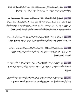 95
068
_
‫روي‬
‫الموطأ‬ ‫ي‬
‫ف‬ ‫مالك‬
(
، ‫مصع‬ ‫ي‬
‫أب‬ ‫رواية‬
8061
)
‫إذا‬ ‫قال‬ ‫هللا‬ ‫رسول‬ ‫أن‬ ‫أسلم‬ ‫بن‬ ‫زيد‬ ‫عن‬
‫الشي‬ ‫من‬ ‫باهلل‬ ‫وليتعوذ‬ ‫سنامه‬ ‫بذروة‬ ‫فليأخذ‬ ‫ا‬ ‫ر‬
‫بعث‬ ‫أحدكم‬ ‫ابتاع‬
‫طان‬
( .
‫ه‬ ‫ر‬
‫لغث‬ ‫حسن‬
)
067
_
‫روي‬
‫ي‬‫الكث‬ ‫السن‬ ‫ي‬
‫ف‬ ‫ي‬
‫ى‬
‫البيهف‬
(
1
/
33
)
‫هللا‬ ‫رسول‬ ‫سمعت‬ ‫قال‬ ‫مسعود‬ ‫بن‬ ‫هللا‬ ‫عبد‬ ‫عن‬
‫هللا‬ ‫اسم‬ ‫أحدكم‬ ‫يذكر‬ ‫لم‬ ‫فإن‬ ، ‫كله‬‫جسده‬ ‫يطهر‬ ‫فإنه‬ ‫عليه‬ ‫هللا‬ ‫اسم‬ ‫فليذكر‬ ‫أحدكم‬ ‫تطهر‬ ‫إذا‬ ‫يقول‬
‫طه‬ ‫من‬ ‫أحدكم‬ ‫فرغ‬ ‫فإذا‬ ، ‫الماء‬ ‫عليه‬‫مر‬ ‫ما‬ ‫إا‬ ‫يطهر‬ ‫لم‬ ‫طهوره‬ ‫عل‬
‫وأن‬ ‫هللا‬ ‫إا‬ ‫إله‬ ‫ا‬ ‫أن‬ ‫فليشهد‬ ‫وره‬
‫الرحمة‬ ‫أبواب‬ ‫له‬ ‫فتحت‬ ‫ذلك‬ ‫قال‬ ‫فإذا‬ ، ّ
‫ي‬
‫عل‬ ‫ليصل‬ ‫ثم‬ ‫ورسوله‬ ‫عبده‬ ‫دمحما‬
( .
‫ه‬ ‫ر‬
‫لغث‬ ‫حسن‬
)
069
_
‫روي‬
‫سننه‬ ‫ي‬
‫ف‬ ‫ي‬
‫الدارقطت‬
(
889
)
‫اس‬ ‫وذكر‬ ‫توضأ‬ ‫من‬ ‫هللا‬ ‫رسول‬ ‫قال‬ ‫قال‬ ‫هريرة‬ ‫ي‬
‫أب‬ ‫عن‬
‫هللا‬ ‫م‬
‫توضأ‬ ‫ومن‬ ‫كله‬‫جسده‬ ‫تطهر‬
‫الوضوء‬ ‫موضع‬ ‫إا‬ ‫يتطهر‬ ‫لم‬ ‫هللا‬ ‫اسم‬ ‫يذكر‬ ‫ولم‬
( .
‫ه‬ ‫ر‬
‫لغث‬ ‫صحيح‬
)
016
_
‫روي‬
‫غي‬ ‫ى‬
‫الث‬ ‫ي‬
‫ف‬ ‫ر‬
‫شاهن‬ ‫ابن‬
(
99
)
‫اسم‬‫وذكر‬ ‫توضأ‬ ‫من‬ ‫هللا‬ ‫رسول‬ ‫قال‬ ‫قال‬ ‫عمر‬ ‫ابن‬ ‫عن‬
‫طهوره‬ ‫كان‬‫طهوره‬ ‫عل‬ ‫هللا‬ ‫اسم‬ ‫يذكر‬ ‫ولم‬ ‫توضأ‬ ‫ومن‬ ، ‫للجسد‬ ‫ا‬‫ر‬‫طهو‬ ‫كان‬‫وضوئه‬ ‫عل‬ ‫هللا‬
‫ألعضائه‬
( .
‫ه‬ ‫ر‬
‫لغث‬ ‫حسن‬
)
011
_
‫روي‬
‫صحيحه‬ ‫ي‬
‫ف‬ ‫حبان‬ ‫ابن‬
(
8186
)
‫عجرة‬ ‫بن‬ ‫كع‬‫يا‬ ‫له‬ ‫قال‬ ‫ي‬
‫النت‬ ‫أن‬ ‫عجرة‬ ‫بن‬ ‫كع‬‫عن‬
‫صالة‬ ‫ي‬
‫ف‬ ‫فإنك‬ ‫أصابعك‬ ‫ر‬
‫بن‬ ‫تشبك‬ ‫فال‬ ‫المسجد‬ ‫إل‬ ‫خرجت‬ ‫ثم‬ ‫الوضوء‬ ‫فأحسنت‬ ‫توضأت‬ ‫إذا‬
( .
‫صحيح‬
)
018
_
‫روي‬
‫صحيحه‬ ‫ي‬
‫ف‬ ‫خزيمة‬ ‫ابن‬
(
306
)
‫ي‬
‫ف‬ ‫أحدكم‬ ‫توضأ‬ ‫إذا‬ ‫القاسم‬‫أبو‬ ‫قال‬ ‫قال‬ ‫هريرة‬ ‫ي‬
‫أب‬ ‫عن‬
‫بيته‬
‫أصابعه‬ ‫ر‬
‫بن‬ ‫وشبك‬ ‫هكذا‬ ‫يقل‬ ‫فال‬ ‫يرجع‬ ‫ى‬
‫حت‬ ‫صالة‬ ‫ي‬
‫ف‬ ‫كان‬‫المسجد‬
‫ى‬
‫أب‬ ‫ثم‬
( .
‫صحيح‬
)
 