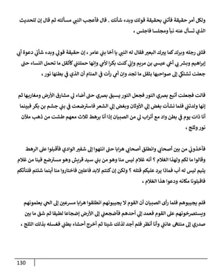 131
‫شأنك‬ ‫وبدء‬ ‫قولك‬ ‫بحقيقة‬ ‫ي‬
‫فأتب‬ ‫حقيقة‬ ‫أمر‬ ‫ولكل‬
.
‫للحديث‬ ‫إن‬ ‫قال‬ ‫ثم‬ ‫مسألته‬ ‫ي‬
‫النب‬ ‫فأعجب‬ ‫قال‬
‫فاجلس‬ ‫ومجلسا‬ ‫نبأ‬ ‫عنه‬ ‫تسأل‬ ‫الذي‬
،
‫ي‬
‫أب‬ ‫دعوة‬ ‫ي‬
‫شأب‬ ‫وبدء‬ ‫ي‬
‫قول‬ ‫حقيقة‬ ‫إن‬ ،‫عامر‬ ‫ي‬
‫بب‬ ‫أخا‬ ‫يا‬ ‫ي‬
‫النب‬ ‫له‬ ‫فقال‬ ّ
‫البعي‬ ‫ك‬‫يي‬ ‫كما‬‫وبرك‬ ‫رجله‬ ‫فثب‬
‫حب‬ ‫النساء‬ ‫تحمل‬ ‫ما‬ ‫كأثقل‬ ‫ي‬
‫حملتب‬ ‫وإنها‬ ‫ي‬
‫ألم‬ ‫ا‬‫ر‬‫بك‬ ‫كنت‬ ‫ي‬
‫وإب‬ ‫مريم‬ ‫بن‬ ‫عيش‬ ‫ي‬
‫أج‬ ‫ي‬
‫ب‬ ‫ر‬
‫وبس‬ ‫اهيم‬‫ر‬‫إب‬
‫تجد‬ ‫ما‬ ‫بثقل‬ ‫صواحبها‬ ‫إل‬ ‫ي‬
‫تشتىك‬ ‫جعلت‬
،‫نور‬ ‫بطنها‬ ‫ي‬
‫ف‬ ‫الذي‬ ‫أن‬ ‫المنام‬ ‫ي‬
‫ف‬ ‫أت‬‫ر‬ ‫ي‬
‫أم‬ ‫وإن‬
‫ثم‬ ‫ها‬‫ومغارب‬ ‫األرض‬ ‫مشارق‬ ‫ي‬
‫ل‬ ‫أضاء‬ ‫حب‬ ‫برصي‬ ‫يسبق‬‫النور‬ ‫فجعل‬ ‫النور‬ ‫برصي‬ ‫أتبع‬ ‫فجعلت‬ ‫قالت‬
‫فبينما‬ ‫بكر‬ ‫بن‬ ‫جشم‬ ‫ي‬
‫بب‬ ‫ي‬
‫ف‬ ‫ضعت‬‫فاسي‬ ‫الشعر‬ ‫ي‬
‫إل‬ ‫وبغض‬ ‫األوثان‬ ‫ي‬
‫إل‬ ‫بغض‬ ‫نشأت‬ ‫فلما‬ ‫ي‬
‫ولدتب‬ ‫إنها‬
‫من‬ ‫ي‬
‫ل‬ ‫اب‬‫ر‬‫أت‬ ‫مع‬ ‫واد‬ ‫بطن‬ ‫ي‬
‫ف‬ ‫يوم‬ ‫ذات‬ ‫أنا‬
‫مآلن‬ ‫ذهب‬ ‫من‬ ‫طشت‬ ‫معهم‬ ‫ثالث‬ ‫برهط‬ ‫أنا‬ ‫إذا‬ ‫الصبيان‬
، ‫وثلج‬‫نور‬
‫الرهط‬ ‫عل‬ ‫فأقبلوا‬ ‫الوادي‬ ّ
‫شفي‬ ‫إل‬ ‫انتهوا‬ ‫حب‬ ‫ابا‬‫ر‬‫ه‬ ‫ي‬
‫أصحاب‬ ‫وانطلق‬ ‫ي‬
‫أصحاب‬ ّ
‫بن‬ ‫من‬ ‫ي‬
‫فأخذوب‬
‫غالم‬ ‫من‬ ‫فينا‬ ‫ضع‬‫مسي‬ ‫وهو‬ ‫قريش‬ ‫سيد‬ ‫ي‬
‫بب‬ ‫من‬ ‫وهو‬ ‫منا‬ ‫ليس‬ ‫غالم‬ ‫أنه‬ ‫؟‬ ‫الغالم‬ ‫ولهذا‬ ‫لكم‬ ‫ما‬ ‫وقالوا‬
‫فماذا‬ ‫أب‬ ‫له‬ ‫ليس‬ ‫يتيم‬
‫فلنأتكم‬ ‫شئتم‬ ‫أينما‬ ‫منا‬ ‫فاختاروا‬ ّ
‫فاعلن‬ ‫البد‬ ‫كنتم‬‫إن‬ ‫ولكن‬ ‫؟‬ ‫قتله‬ ‫عليكم‬ ‫يرد‬
، ‫الغالم‬ ‫هذا‬ ‫ودعوا‬ ‫مكانه‬ ‫فاقبلونا‬
‫يعلمونهم‬ ‫ي‬
‫الح‬ ‫إل‬ ّ
‫مسعن‬ ‫ابا‬‫ر‬‫ه‬ ‫انطلقوا‬ ‫يجيبونهم‬ ‫ال‬ ‫القوم‬ ‫أن‬ ‫الصبيان‬ ‫أى‬‫ر‬ ‫فلما‬ ‫يجيبوهم‬ ‫فلم‬
‫إض‬ ‫األرض‬ ‫إل‬ ‫ي‬
‫فأضجعب‬ ‫أحدهم‬ ‫ي‬
‫إل‬ ‫فعمد‬ ‫القوم‬ ‫عل‬ ‫ويسترصخونهم‬
ّ
‫بن‬ ‫ما‬ ‫شق‬ ‫ثم‬ ‫لطيفا‬ ‫جاعا‬
، ‫الثلج‬ ‫بذلك‬ ‫فغسله‬ ‫ي‬
‫بطب‬ ‫أحشاء‬ ‫أخرج‬ ‫ثم‬ ‫شيئا‬ ‫لذلك‬ ‫أجد‬ ‫فلم‬ ‫أنظر‬ ‫وأنا‬ ‫ي‬
‫عانب‬ ‫منته‬ ‫إل‬ ‫صدري‬
 