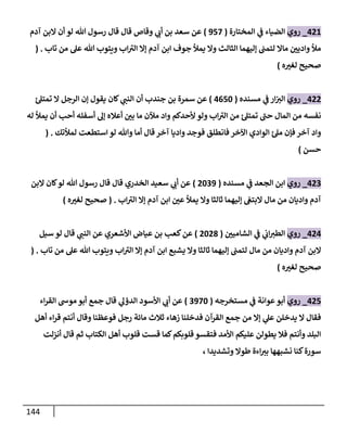 144
408
_
‫روي‬
‫المختارة‬ ‫ي‬
‫ف‬ ‫الضياء‬
(
957
)
‫آدم‬ ‫البن‬ ‫أن‬ ‫لو‬ ‫هللا‬ ‫رسول‬ ‫قال‬ ‫قال‬ ‫وقاص‬ ‫ي‬
‫أب‬ ‫بن‬ ‫سعد‬ ‫عن‬
‫تاب‬ ‫من‬ ‫عل‬ ‫هللا‬ ‫ويتوب‬ ‫اب‬‫الي‬ ‫إال‬ ‫آدم‬ ‫ابن‬ ‫جوف‬ ‫يمأل‬ ‫وال‬ ‫الثالث‬ ‫إليهما‬ ‫لتمب‬ ‫ماال‬ ّ
‫وادين‬ ‫مأل‬
( .
‫ه‬ ّ
‫لغي‬ ‫صحيح‬
)
400
_
‫روي‬
‫مسنده‬ ‫ي‬
‫ف‬ ‫ار‬‫الي‬
(
4056
)
‫ي‬
‫النب‬ ‫أن‬ ‫جندب‬ ‫بن‬ ‫سمرة‬ ‫عن‬
‫تمتل‬ ‫ال‬ ‫الرجل‬ ‫إن‬ ‫يقول‬ ‫كان‬
‫ا‬ ‫من‬ ‫نفسه‬
‫له‬ ‫يمأل‬ ‫أن‬ ‫أحب‬ ‫أسفله‬ ‫إل‬ ‫أعاله‬ ّ
‫بن‬ ‫ما‬ ‫مآلن‬ ‫واد‬ ‫ألحدكم‬‫ولو‬ ‫اب‬‫الي‬ ‫من‬ ‫تمتل‬ ‫حب‬ ‫لمال‬
‫لمألتك‬ ‫استطعت‬ ‫لو‬ ‫وهللا‬ ‫أما‬ ‫قال‬‫آخر‬ ‫واديا‬ ‫فوجد‬ ‫فانطلق‬ ‫اآلخر‬ ‫الوادي‬ ‫مل‬ ‫فإن‬ ‫آخر‬ ‫واد‬
( .
‫حسن‬
)
400
_
‫روي‬
‫مسنده‬ ‫ي‬
‫ف‬ ‫الجعد‬ ‫ابن‬
(
0609
)
‫البن‬ ‫كان‬‫لو‬ ‫هللا‬ ‫رسول‬ ‫قال‬ ‫قال‬ ‫الخدري‬ ‫سعيد‬ ‫ي‬
‫أب‬ ‫عن‬
‫اب‬‫الي‬ ‫إال‬ ‫آدم‬ ‫ابن‬ ّ
‫عن‬ ‫يمأل‬ ‫وال‬ ‫ثالثا‬ ‫إليهما‬ ‫البتغ‬ ‫مال‬ ‫من‬ ‫واديان‬ ‫آدم‬
( .
‫ه‬ ّ
‫لغي‬ ‫صحيح‬
)
404
_
‫روي‬
ّ
‫الشامين‬ ‫ي‬
‫ف‬ ‫ي‬
‫اب‬‫الطي‬
(
0603
)
‫سيل‬ ‫لو‬ ‫قال‬ ‫ي‬
‫النب‬ ‫عن‬ ‫األشعري‬ ‫عياض‬ ‫بن‬ ‫كعب‬‫عن‬
‫آد‬ ‫البن‬
‫تاب‬ ‫من‬ ‫عل‬ ‫هللا‬ ‫ويتوب‬ ‫اب‬‫الي‬ ‫إال‬ ‫آدم‬ ‫ابن‬ ‫يشبع‬ ‫وال‬ ‫ثالثا‬ ‫إليهما‬ ‫لتمب‬ ‫مال‬ ‫من‬ ‫واديان‬ ‫م‬
( .
‫ه‬ ّ
‫لغي‬ ‫صحيح‬
)
405
_
‫روي‬
‫مستخرجه‬ ‫ي‬
‫ف‬ ‫عوانة‬ ‫أبو‬
(
0976
)
‫ي‬
‫الدؤل‬ ‫األسود‬ ‫ي‬
‫أب‬ ‫عن‬
‫اء‬‫ر‬‫الق‬ ‫موس‬ ‫أبو‬ ‫جمع‬ ‫قال‬
‫أهل‬ ‫اء‬‫ر‬‫ق‬ ‫أنتم‬ ‫وقال‬ ‫فوعظنا‬ ‫رجل‬ ‫مائة‬ ‫ثالث‬ ‫زهاء‬ ‫فدخلنا‬ ‫القرآن‬ ‫جمع‬ ‫من‬ ‫إال‬ ‫ي‬
‫عل‬ ‫يدخلن‬ ‫ال‬ ‫فقال‬
‫أنزلت‬ ‫قال‬ ‫ثم‬ ‫الكتاب‬ ‫أهل‬ ‫قلوب‬ ‫قست‬ ‫كما‬‫قلوبكم‬ ‫فتقسو‬ ‫األمد‬ ‫عليكم‬ ‫يطولن‬ ‫فال‬ ‫وأنتم‬ ‫البلد‬
‫سورة‬
‫وتشديدا‬ ‫طوال‬ ‫اءة‬‫بي‬ ‫نشبهها‬ ‫كنا‬
،
 
