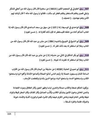 164
567
_
‫روي‬
‫ا‬
ّ
‫الكبي‬ ‫المعجم‬ ‫ي‬
‫ف‬ ‫ي‬
‫اب‬‫لطي‬
(
0080
)
‫فشكر‬ ‫ي‬
‫أعط‬ ‫من‬ ‫هللا‬ ‫رسول‬ ‫قال‬ ‫قال‬ ‫ة‬‫سخي‬ ‫عن‬
‫لهم‬ ‫أولئك‬ ‫قال‬ ‫؟‬ ‫ماله‬ ‫هللا‬ ‫رسول‬ ‫يا‬ ‫فقالوا‬ ، ‫سكت‬ ‫ثم‬ ‫فغفر‬ ‫وظلم‬‫فاستغفر‬ ‫وظلم‬‫فصي‬ ‫ي‬
‫وابتل‬
‫مهتدون‬ ‫وهم‬ ‫األمن‬
( .
‫ضعيف‬
)
563
_
‫روي‬
‫الوسيط‬ ‫ي‬
‫ف‬ ‫الواحدي‬
(
4
/
857
)
‫إذا‬ ‫هللا‬ ‫رسول‬ ‫قال‬ ‫قال‬ ‫الساعدي‬ ‫سعد‬ ‫بن‬ ‫سهل‬ ‫عن‬
‫له‬ ‫كفارة‬‫ذلك‬ ‫فإن‬ ‫له‬ ‫فليستغفر‬ ‫خلفه‬ ‫من‬ ‫أخاه‬ ‫أحدكم‬ ‫اغتاب‬
( .
‫ه‬ ّ
‫لغي‬ ‫حسن‬
)
569
_
‫روي‬
‫والتنبيه‬ ‫التوبيخ‬ ‫ي‬
‫ف‬ ‫الشيخ‬ ‫أبو‬
(
060
)
‫من‬ ‫هللا‬ ‫رسول‬ ‫قال‬ ‫قال‬ ‫هللا‬ ‫عبد‬ ‫بن‬ ‫جابر‬ ‫عن‬
‫له‬ ‫غفر‬ ‫ذلك‬ ‫بعد‬ ‫له‬‫استغفر‬ ‫ثم‬ ‫رجال‬ ‫اغتاب‬
( .
‫ه‬ ّ
‫لغي‬ ‫حسن‬
)
586
_
‫روي‬
‫حديثه‬ ‫من‬ ‫ي‬
‫الثاب‬ ‫ي‬
‫ف‬ ‫الدقاق‬ ‫بكر‬ ‫أبو‬
(
0
)
‫من‬ ‫هللا‬ ‫رسول‬ ‫قال‬ ‫قال‬ ‫هللا‬ ‫عبد‬ ‫بن‬ ‫جابر‬ ‫عن‬
‫غيبته‬ ‫له‬ ‫غفرت‬ ‫له‬‫استغفر‬ ‫ثم‬ ‫رجال‬ ‫اغتاب‬
( .
‫ه‬ ّ
‫لغي‬ ‫حسن‬
)
588
_
‫روي‬
‫الحلية‬ ‫ي‬
‫ف‬ ‫نعيم‬ ‫أبو‬
(
4553
)
‫اب‬‫اقي‬ ‫من‬ ‫هللا‬ ‫رسول‬ ‫قال‬ ‫قال‬ ‫اليمان‬ ‫بن‬ ‫حذيفة‬ ‫عن‬
‫وسبعون‬ ‫اثنتان‬ ‫الساعة‬
‫واستحلوا‬ ‫الربا‬ ‫وأكلوا‬ ‫األمانة‬ ‫وأضاعوا‬ ‫الصالة‬ ‫أماتوا‬ ‫الناس‬ ‫أيتم‬‫ر‬ ‫إذا‬ ‫خصلة‬
، ‫األرحام‬ ‫وتقطعت‬ ‫بالدنيا‬ ‫الدين‬ ‫وباعوا‬ ‫البناء‬ ‫واستعلوا‬ ‫الدماء‬ ‫واستخفوا‬ ‫الكذب‬
‫الفجاءة‬ ‫وموت‬ ‫الطالق‬ ‫ر‬
‫وكي‬‫الجور‬ ‫وظهر‬ ‫لباسا‬ ‫والحرير‬ ‫صدقا‬ ‫والكذب‬ ‫ضعفا‬ ‫الحكم‬ ‫ويكون‬
ّ
‫األمن‬ ‫وخون‬ ‫الخائن‬ ‫وائتمن‬
‫والولد‬ ‫قيظا‬ ‫المطر‬ ‫وكان‬ ‫القذف‬ ‫ر‬
‫وكي‬ ‫الصادق‬ ‫ب‬
ِّ
‫ذ‬
ُ
‫وك‬ ‫الكاذب‬ ‫ق‬
ِّ
‫د‬ ُ
‫وص‬
‫خونة‬ ‫واألمناء‬ ‫كذبة‬‫اء‬‫ر‬‫والوز‬ ‫فجرة‬ ‫اء‬‫ر‬‫األم‬ ‫وكان‬ ‫غيضا‬ ‫ام‬‫ر‬‫الك‬ ‫وغاض‬ ‫فيضا‬ ‫اللئام‬ ‫وفاض‬ ‫غيظا‬
، ‫فسقة‬ ‫اء‬‫ر‬‫والق‬ ‫ظلمة‬ ‫والعرفاء‬
 