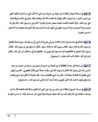 19
5
_
‫روي‬
‫ي‬
‫ف‬
‫نبيط‬ ‫نسخة‬
(
050
)
‫ذر‬ ‫ي‬
‫ألب‬ ‫قال‬ ‫أنه‬ ‫ي‬
‫النب‬ ‫عن‬ ‫يط‬ ‫ر‬
‫ش‬ ‫بن‬ ‫نبيط‬ ‫عن‬
‫أخف‬ ‫فيكم‬ ‫ك‬ ‫ر‬
‫الس‬
‫وهللا‬ ‫يكا‬ ‫ر‬
‫ش‬ ‫ذلك‬ ‫ي‬
‫ف‬ ‫جعل‬ ‫فقد‬ ‫ولفالن‬ ‫هلل‬ ‫كذا‬‫فعلت‬ ‫قد‬ ‫ليقول‬ ‫منكم‬ ‫الرجل‬ ‫إن‬ ، ‫النمل‬ ‫دبيب‬ ‫من‬
‫وكباره‬ ‫ك‬ ‫ر‬
‫الس‬ ‫صغار‬ ‫تقيك‬ ‫كلمات‬‫أعلمك‬ ‫أوال‬ ، ‫ذلك‬ ‫عن‬ ‫ي‬
‫غب‬
‫؟‬
‫إذا‬ ‫قل‬ ‫قال‬ ، ‫هللا‬ ‫رسول‬ ‫يا‬ ‫بل‬ ‫قال‬
‫و‬ ‫صليت‬
‫أعلم‬ ‫ال‬ ‫لما‬ ‫وأستغفرك‬ ‫أعلم‬ ‫وأنا‬ ‫بك‬ ‫ك‬ ‫ر‬
‫أش‬ ‫أن‬ ‫بك‬ ‫أعوذ‬ ‫ي‬
‫إب‬ ‫اللهم‬ ‫أمسيت‬ ‫وإذا‬ ‫أصبحت‬ ‫إذا‬
.
(
‫ه‬ ّ
‫لغي‬ ‫حسن‬
)
0
_
‫روي‬
‫المستدرك‬ ‫ي‬
‫ف‬ ‫الحاكم‬
(
4
/
075
)
‫فقالوا‬ ‫شملة‬ ‫شق‬ ‫قد‬ ‫بسارق‬ ‫ي‬
‫أب‬ ‫ي‬
‫النب‬ ‫أن‬ ‫هريرة‬ ‫ي‬
‫أب‬ ‫عن‬
‫فقال‬ ، ‫هللا‬ ‫رسول‬ ‫يا‬ ‫بل‬ ‫السارق‬ ‫فقال‬ ، ‫شق‬ ‫إخاله‬ ‫ما‬ ‫هللا‬ ‫رسول‬ ‫فقال‬ ، ‫شق‬ ‫هذا‬ ‫إن‬ ‫هللا‬ ‫رسول‬ ‫يا‬
‫هللا‬ ‫إل‬ ‫تب‬ ‫فقال‬ ‫به‬ ‫ي‬
‫أب‬ ‫ثم‬ ‫فقطع‬ ، ‫به‬ ‫ي‬
‫ايتوب‬ ‫ثم‬ ‫احسموه‬ ‫ثم‬ ‫فاقطعوه‬ ‫به‬ ‫اذهبوا‬ ‫هللا‬ ‫رسول‬
‫فقال‬ ،
‫عليك‬ ‫هللا‬ ‫تاب‬ ‫فقال‬ ، ‫هللا‬ ‫إل‬ ‫تبت‬
( .
‫صحيح‬
)
7
_
‫روي‬
‫سننه‬ ‫ي‬
‫ف‬ ‫ماجة‬ ‫ابن‬
(
0533
)
‫عبد‬ ‫بن‬ ‫حبيب‬ ‫بن‬ ‫سمرة‬ ‫بن‬ ‫عمرو‬ ‫أن‬ ‫عمرو‬ ‫بن‬ ‫ثعلبة‬ ‫عن‬
‫إليهم‬ ‫فأرسل‬ ، ‫ي‬
‫فطهرب‬ ‫فالن‬ ‫ي‬
‫لبب‬ ‫جمال‬ ‫شقت‬ ‫ي‬
‫إب‬ ‫هللا‬ ‫رسول‬ ‫يا‬ ‫فقال‬ ‫هللا‬ ‫رسول‬ ‫إل‬ ‫جاء‬ ‫شمس‬
‫لن‬ ‫جمال‬ ‫افتقدنا‬ ‫إنا‬ ‫فقالوا‬ ‫ي‬
‫النب‬
‫وقعت‬ ّ
‫حن‬ ‫إليه‬ ‫أنظر‬ ‫أنا‬ ‫ثعلبة‬ ‫قال‬ ، ‫يده‬ ‫فقطعت‬ ‫ي‬
‫النب‬ ‫به‬ ‫فأمر‬ ، ‫ا‬
‫النار‬ ‫جسدي‬ ‫ي‬
‫تدخل‬ ‫أن‬ ‫أردت‬ ‫منك‬ ‫ي‬
‫طهرب‬ ‫الذي‬ ‫هلل‬ ‫الحمد‬ ‫يقول‬ ‫وهو‬ ‫يده‬
( .
‫صحيح‬
)
3
_
‫ر‬
‫وي‬
‫الربيع‬ ‫مسند‬ ‫ي‬
‫ف‬
(
908
)
‫إن‬ ‫له‬ ‫قال‬ ‫قطعه‬ ‫فلما‬ ‫سارقا‬ ‫قطع‬ ‫أنه‬ ‫ي‬
‫النب‬ ‫عن‬ ‫زيد‬ ‫بن‬ ‫جابر‬ ‫عن‬
‫تبت‬ ‫فإن‬‫النار‬ ‫إل‬ ‫سبقتك‬ ‫يمينك‬
‫أوله‬ ‫جسدك‬ ‫آخر‬ ‫يتبع‬ ‫وإال‬ ‫يمينك‬ ‫عليك‬ ‫هللا‬ ‫رد‬
( .
‫ه‬ ّ
‫لغي‬ ‫حسن‬
)
 