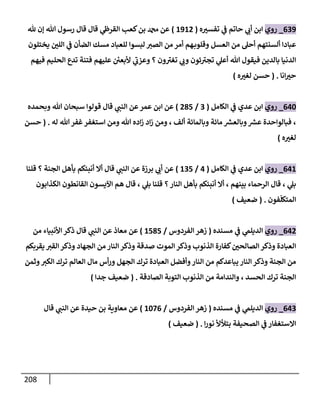 218
009
_
‫روي‬
‫ه‬ ّ
‫تفسي‬ ‫ي‬
‫ف‬ ‫حاتم‬ ‫ي‬
‫أب‬ ‫ابن‬
(
8980
)
‫هلل‬ ‫إن‬ ‫هللا‬ ‫رسول‬ ‫قال‬ ‫قال‬ ‫ي‬
‫القرظ‬ ‫كعب‬‫بن‬ ‫دمحم‬ ‫عن‬
‫يختلون‬ ّ
‫اللن‬ ‫ي‬
‫ف‬ ‫الضأن‬ ‫مسك‬ ‫للعباد‬ ‫لبسوا‬ ‫الصي‬ ‫من‬ ‫أمر‬ ‫هم‬‫وقلوب‬ ‫العسل‬ ‫من‬ ‫أحل‬ ‫ألسنتهم‬ ‫عبادا‬
‫فيهم‬ ‫الحليم‬ ‫تدع‬ ‫فتنة‬ ‫عليهم‬ ‫ر‬
‫ألبعن‬ ‫ي‬
‫وعزب‬ ‫؟‬ ‫ون‬‫تغي‬ ‫ي‬
‫وب‬ ‫ئون‬‫تجي‬ ‫ي‬
‫أعل‬ ‫هللا‬ ‫فيقول‬ ‫بالدين‬ ‫الدنيا‬
‫انا‬ ّ
‫حي‬
( .
‫ه‬ ّ
‫لغي‬ ‫حسن‬
)
046
_
‫روي‬
‫الكامل‬ ‫ي‬
‫ف‬ ‫عدي‬ ‫ابن‬
(
0
/
035
)
‫وبحمده‬ ‫هللا‬ ‫سبحان‬ ‫قولوا‬ ‫قال‬ ‫ي‬
‫النب‬ ‫عن‬‫عمر‬ ‫ابن‬ ‫عن‬
‫له‬ ‫هللا‬‫غفر‬‫استغفر‬ ‫ومن‬ ‫هللا‬ ‫اده‬‫ز‬ ‫اد‬‫ز‬ ‫ومن‬ ، ‫ألف‬ ‫وبالمائة‬ ‫مائة‬ ‫ر‬
‫وبالعس‬ ‫ر‬
‫عس‬ ‫فبالواحدة‬ ،
( .
‫حسن‬
‫ه‬ ّ
‫لغي‬
)
048
_
‫روي‬
‫الكامل‬ ‫ي‬
‫ف‬ ‫عدي‬ ‫ابن‬
(
4
/
805
)
‫قلنا‬ ‫؟‬ ‫الجنة‬ ‫بأهل‬ ‫أنبئكم‬ ‫أال‬ ‫قال‬ ‫ي‬
‫النب‬ ‫عن‬ ‫برزة‬ ‫ي‬
‫أب‬ ‫عن‬
‫الكذابون‬ ‫القانطون‬ ‫اآليسون‬ ‫هم‬ ‫قال‬ ، ‫ي‬
‫بل‬ ‫قلنا‬ ‫؟‬‫النار‬ ‫بأهل‬ ‫أنبئكم‬ ‫أال‬ ، ‫بينهم‬ ‫الرحماء‬ ‫قال‬ ، ‫ي‬
‫بل‬
‫فون‬
ّ
‫المتكل‬
( .
‫ضعيف‬
)
040
_
‫روي‬
‫مسنده‬ ‫ي‬
‫ف‬ ‫ي‬
‫الديلم‬
(
‫الفردوس‬ ‫زهر‬
/
8535
)
‫م‬ ‫عن‬
‫من‬ ‫األنبياء‬ ‫ذكر‬ ‫قال‬ ‫ي‬
‫النب‬ ‫عن‬ ‫عاذ‬
‫يقربكم‬ ‫القي‬‫وذكر‬ ‫الجهاد‬ ‫من‬ ‫النار‬ ‫وذكر‬ ‫صدقة‬ ‫الموت‬ ‫وذكر‬ ‫الذنوب‬ ‫كفارة‬ ّ
‫الصالحن‬‫وذكر‬ ‫العبادة‬
‫وثمن‬‫الكي‬ ‫ترك‬ ‫العالم‬ ‫مال‬ ‫أس‬‫ر‬‫و‬ ‫الجهل‬ ‫ترك‬ ‫العبادة‬ ‫وأفضل‬‫النار‬ ‫من‬ ‫يباعدكم‬ ‫النار‬‫وذكر‬ ‫الجنة‬ ‫من‬
‫التو‬ ‫الذنوب‬ ‫من‬ ‫والندامة‬ ، ‫الحسد‬ ‫ترك‬ ‫الجنة‬
‫الصادقة‬ ‫بة‬
( .
‫جدا‬ ‫ضعيف‬
)
040
_
‫روي‬
‫مسنده‬ ‫ي‬
‫ف‬ ‫ي‬
‫الديلم‬
(
‫الفردوس‬ ‫زهر‬
/
8670
)
‫قال‬ ‫ي‬
‫النب‬ ‫عن‬ ‫حيدة‬ ‫بن‬ ‫معاوية‬ ‫عن‬
‫ا‬‫ر‬‫نو‬ ‫بتألأل‬ ‫الصحيفة‬ ‫ي‬
‫ف‬ ‫االستغفار‬
( .
‫ضعيف‬
)
 