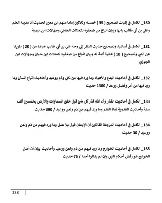 238
836
_
‫تصحيح‬ ‫إثبات‬ ‫ي‬
‫ف‬ ‫الكامل‬
(
05
)
‫العلم‬ ‫مدينة‬ ‫أنا‬ ‫لحديث‬ ّ
‫معن‬ ‫ابن‬ ‫منهم‬ ‫إماما‬ ّ
‫وثالثن‬ ‫خمسة‬
‫تيمية‬ ‫ابن‬ ‫وجهاالت‬ ‫ي‬
‫العقيل‬ ‫لتعنتات‬ ‫ضعفوه‬ ‫من‬ ‫اتباع‬ ‫وبيان‬ ‫بابها‬ ‫طالب‬ ‫ي‬
‫أب‬ ‫بن‬ ‫ي‬
‫وعل‬
838
_
‫من‬ ‫عبادة‬ ‫طالب‬ ‫ي‬
‫أب‬ ‫بن‬ ‫ي‬
‫عل‬ ‫وجه‬ ‫ي‬
‫إل‬‫النظر‬ ‫حديث‬ ‫وتصحيح‬ ‫أسانيد‬ ‫ي‬
‫ف‬ ‫الكامل‬
(
06
)
‫طريقا‬
‫وتصحيح‬ ‫ي‬
‫النب‬ ‫عن‬
(
86
)
‫ابن‬ ‫وجهاالت‬ ‫حبان‬ ‫ابن‬ ‫لتعنتات‬ ‫فوه‬ ‫ر‬‫ضع‬ ‫من‬ ‫اتباع‬ ‫وبيان‬ ‫له‬ ‫أئمة‬ ‫ة‬ ‫ر‬
‫عس‬
‫الجوزي‬
830
_
‫وأحاديث‬ ‫ووعيد‬ ‫وذم‬ ‫ي‬
‫نه‬ ‫من‬ ‫فيها‬ ‫ورد‬ ‫وما‬ ‫واألهواء‬ ‫البدع‬ ‫أحاديث‬ ‫ي‬
‫ف‬ ‫الكامل‬
‫وما‬ ‫السن‬ ‫اتباع‬
‫ووعد‬ ‫وفضل‬‫أمر‬ ‫من‬ ‫فيها‬ ‫ورد‬
/
8066
‫حديث‬
830
_
‫ألف‬ ّ
‫بخمسن‬ ‫واألرض‬ ‫السماوات‬ ‫خلق‬ ‫قبل‬ ‫ر‬
‫س‬ ‫كل‬‫ر‬
‫ر‬
‫قد‬ ‫هللا‬ ‫وأن‬‫ر‬
َ
‫د‬
َ
‫الق‬ ‫أحاديث‬ ‫ي‬
‫ف‬ ‫الكامل‬
‫الق‬ ‫وأحاديث‬ ‫سنة‬
‫ذم‬ ‫من‬ ‫فيهم‬ ‫ورد‬ ‫وما‬‫القدر‬ ‫نفاة‬ ‫درية‬
‫ووعيد‬ ‫ولعن‬
/
096
‫حديث‬
834
_
‫ولعن‬ ‫ذم‬ ‫من‬ ‫فيهم‬ ‫ورد‬ ‫وما‬ ‫عمل‬ ‫بال‬ ‫قول‬ ‫اإليمان‬ ‫أن‬ ّ
‫القائلن‬ ‫المرجئة‬ ‫أحاديث‬ ‫ي‬
‫ف‬ ‫الكامل‬
‫ووعيد‬
/
06
‫حديث‬
835
_
‫أصل‬ ‫أن‬ ‫بيان‬ ‫وأحاديث‬ ‫ووعيد‬ ‫ولعن‬ ‫ذم‬ ‫من‬ ‫فيهم‬ ‫ورد‬ ‫وما‬ ‫الخوارج‬ ‫أحاديث‬ ‫ي‬
‫ف‬ ‫الكامل‬
‫أحدا‬ ‫يقتلوا‬ ‫لم‬ ‫وإن‬ ‫ي‬
‫النب‬ ‫أحكام‬ ‫رفض‬ ‫هو‬ ‫الخوارج‬
/
75
‫حديث‬
 