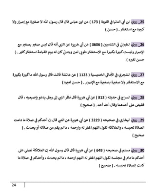 24
05
_
‫روي‬
‫التوبة‬ ‫ي‬
‫ف‬ ‫الدنيا‬ ‫ي‬
‫أب‬ ‫ابن‬
(
870
)
‫وال‬‫ار‬‫رص‬‫إ‬ ‫مع‬ ‫ة‬ ّ
‫صغي‬ ‫ال‬ ‫هللا‬ ‫رسول‬ ‫قال‬ ‫قال‬ ‫عباس‬ ‫ابن‬ ‫عن‬
‫استغفار‬ ‫مع‬ ‫ة‬ ّ
‫كبي‬
( .
‫حسن‬
)
00
_
‫روي‬
ّ
‫الشامين‬ ‫ي‬
‫ف‬ ‫ي‬
‫اب‬‫الطي‬
(
0060
)
‫مع‬ ّ
‫بصغي‬ ّ
‫صغي‬ ‫ليس‬ ‫قال‬ ‫أنه‬ ‫ي‬
‫النب‬ ‫عن‬ ‫هريرة‬ ‫ي‬
‫أب‬ ‫عن‬
ّ
‫كثي‬‫استغفار‬ ‫القيامة‬ ‫يوم‬ ‫له‬ ‫كان‬ ‫ي‬
‫وجدب‬ ‫لمن‬ ‫طوب‬ ‫االستغفار‬ ‫مع‬ ‫ة‬ ّ
‫بكبي‬ ‫ة‬ ّ
‫كبي‬‫وليست‬‫ار‬‫رص‬‫اإل‬
( .
‫ه‬ ّ
‫لغي‬ ‫حسن‬
)
07
_
‫روي‬
‫الخميسية‬ ‫ي‬
‫األمال‬ ‫ي‬
‫ف‬ ‫الشجري‬
(
8800
)
‫هللا‬ ‫رسول‬ ‫قال‬ ‫قالت‬ ‫عائشة‬ ‫عن‬
‫ة‬ ّ
‫بكبي‬ ‫ة‬ ّ
‫كبي‬‫ما‬
‫ار‬‫رص‬‫اإل‬ ‫مع‬ ‫ة‬ ّ
‫بصغي‬ ‫ة‬ ّ
‫صغي‬ ‫وال‬‫االستغفار‬ ‫مع‬
( .
‫ه‬ ّ
‫لغي‬ ‫حسن‬
)
03
_
‫روي‬
‫حديثه‬ ‫ي‬
‫ف‬ ‫اج‬‫س‬‫ال‬
(
380
)
‫قال‬ ، ‫بإصبعيه‬ ‫يدعو‬ ‫رجل‬ ‫إل‬ ‫ي‬
‫النب‬ ‫نظر‬ ‫قال‬ ‫هريرة‬ ‫ي‬
‫أب‬ ‫عن‬
‫أحد‬ ‫أحد‬ ‫وقال‬ ‫أحدهما‬ ‫عل‬ ‫فقبض‬
( .
‫صحيح‬
)
09
_
‫روي‬
‫صحيحه‬ ‫ي‬
‫ف‬ ‫البخاري‬
(
0009
)
‫دامت‬ ‫ما‬ ‫صالة‬ ‫ي‬
‫ف‬ ‫أحدكم‬ ‫إن‬ ‫قال‬ ‫ي‬
‫النب‬ ‫عن‬ ‫هريرة‬ ‫ي‬
‫أب‬ ‫عن‬
‫يحدث‬ ‫أو‬ ‫صالته‬ ‫من‬ ‫يقم‬ ‫لم‬ ‫ما‬ ، ‫وارحمه‬ ‫له‬ ‫اغفر‬ ‫اللهم‬ ‫تقول‬ ‫والمالئكة‬ ، ‫تحبسه‬ ‫الصالة‬
( .
‫صحيح‬
)
06
_
‫روي‬
‫صحيحه‬ ‫ي‬
‫ف‬ ‫مسلم‬
(
049
)
‫عل‬ ‫ي‬
‫تصل‬ ‫المالئكة‬ ‫إن‬ ‫هللا‬ ‫رسول‬ ‫قال‬ ‫قال‬ ‫هريرة‬ ‫ي‬
‫أب‬ ‫عن‬
‫أحد‬
‫ما‬ ‫صالة‬ ‫ي‬
‫ف‬ ‫وأحدكم‬ ، ‫يحدث‬ ‫لم‬ ‫ما‬ ، ‫ارحمه‬ ‫اللهم‬ ‫له‬ ‫اغفر‬ ‫اللهم‬ ‫تقول‬ ‫مجلسه‬ ‫ي‬
‫ف‬ ‫دام‬ ‫ما‬ ‫كم‬
‫تحبسه‬ ‫الصالة‬ ‫كانت‬
( .
‫صحيح‬
)
 