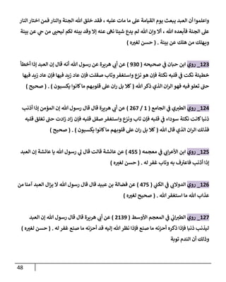 48
‫النار‬‫اختار‬ ‫فمن‬ ‫والنار‬ ‫الجنة‬ ‫هللا‬ ‫خلق‬ ‫فقد‬ ، ‫عليه‬ ‫مات‬ ‫ما‬ ‫عل‬ ‫القيامة‬ ‫يوم‬ ‫يبعث‬ ‫العبد‬ ‫أن‬ ‫واعلموا‬
‫وإن‬ ‫أال‬ ، ‫هللا‬ ‫فأبعده‬ ‫الجنة‬ ‫عل‬
‫بينة‬ ‫عن‬ ‫ي‬
‫ج‬ ‫من‬ ّ
‫ليحب‬ ‫لكم‬ ‫بينه‬ ‫وقد‬ ‫إال‬ ‫عنه‬ ‫نه‬ ‫شيئا‬ ‫يدع‬ ‫لم‬ ‫هللا‬
‫بينة‬ ‫عن‬ ‫هلك‬ ‫من‬ ‫هلك‬‫وي‬
( .
‫ه‬ ّ
‫لغي‬ ‫حسن‬
)
800
_
‫روي‬
‫صحيحه‬ ‫ي‬
‫ف‬ ‫حبان‬ ‫ابن‬
(
906
)
‫أخطأ‬ ‫إذا‬ ‫العبد‬ ‫إن‬ ‫قال‬ ‫أنه‬ ‫هللا‬ ‫رسول‬ ‫عن‬ ‫هريرة‬ ‫ي‬
‫أب‬ ‫عن‬
‫فيه‬ ‫زيد‬ ‫عاد‬ ‫فإن‬ ‫صقلت‬ ‫وتاب‬‫واستغفر‬ ‫نزع‬ ‫هو‬ ‫فإن‬ ‫نكتة‬ ‫قلبه‬ ‫ي‬
‫ف‬ ‫نكت‬ ‫خطيئة‬
‫فيها‬ ‫زيد‬ ‫عاد‬ ‫فإن‬ ‫ا‬
‫هللا‬‫ذكر‬ ‫الذي‬ ‫ان‬‫ر‬‫ال‬ ‫فهو‬ ‫فيه‬ ‫تعلو‬ ‫حب‬
(
‫يكسبون‬ ‫كانوا‬‫ما‬ ‫هم‬‫قلوب‬ ‫عل‬ ‫ان‬‫ر‬ ‫بل‬ ‫كال‬
( . )
‫صحيح‬
)
804
_
‫روي‬
‫الجامع‬ ‫ي‬
‫ف‬ ‫ي‬‫الطي‬
(
8
/
007
)
‫أذنب‬ ‫إذا‬ ‫المؤمن‬ ‫إن‬ ‫هللا‬ ‫رسول‬ ‫قال‬ ‫قال‬ ‫هريرة‬ ‫ي‬
‫أب‬ ‫عن‬
‫قلبه‬ ‫تغلق‬ ‫حب‬ ‫ادت‬‫ز‬ ‫اد‬‫ز‬ ‫فإن‬ ‫قلبه‬ ‫صقل‬ ‫واستغفر‬ ‫ونزع‬ ‫تاب‬ ‫فإن‬ ‫قلبه‬ ‫ي‬
‫ف‬ ‫سوداء‬ ‫نكتة‬ ‫كانت‬‫ذنبا‬
‫هللا‬ ‫قال‬ ‫الذي‬ ‫ان‬‫ر‬‫ال‬ ‫فذلك‬
(
‫يكسبون‬ ‫كانوا‬‫ما‬ ‫هم‬‫قلوب‬ ‫عل‬ ‫ان‬‫ر‬ ‫بل‬ ‫كال‬
( . )
‫صحيح‬
)
805
_
‫روي‬
‫ا‬
‫معجمه‬ ‫ي‬
‫ف‬ ‫ي‬
‫اب‬‫ر‬‫األع‬ ‫بن‬
(
455
)
‫العبد‬ ‫إن‬ ‫عائشة‬ ‫يا‬ ‫هللا‬ ‫رسول‬ ‫ي‬
‫ل‬ ‫قال‬ ‫قالت‬ ‫عائشة‬ ‫عن‬
‫له‬ ‫غفر‬ ‫وتاب‬ ‫به‬ ‫ف‬‫فاعي‬ ‫أذنب‬ ‫إذا‬
( .
‫ه‬ ّ
‫لغي‬ ‫حسن‬
)
800
_
‫روي‬
‫ي‬
‫الكب‬ ‫ي‬
‫ف‬ ‫ي‬
‫الدوالب‬
(
475
)
‫من‬ ‫آمنا‬ ‫العبد‬ ‫ال‬‫ز‬‫ي‬ ‫ال‬ ‫هللا‬ ‫رسول‬ ‫قال‬ ‫قال‬ ‫عبيد‬ ‫بن‬ ‫فضالة‬ ‫عن‬
‫هللا‬‫استغفر‬ ‫ما‬ ‫هللا‬ ‫عذاب‬
( .
ّ
‫لغي‬ ‫صحيح‬
‫ه‬
)
807
_
‫روي‬
‫األوسط‬ ‫المعجم‬ ‫ي‬
‫ف‬ ‫ي‬
‫اب‬‫الطي‬
(
0809
)
‫العبد‬ ‫إن‬ ‫هللا‬ ‫رسول‬ ‫قال‬ ‫قال‬ ‫هريرة‬ ‫ي‬
‫أب‬ ‫عن‬
‫له‬ ‫غفر‬ ‫صنع‬ ‫ما‬ ‫أحزنه‬ ‫قد‬ ‫إليه‬ ‫هللا‬‫نظر‬ ‫فإذا‬ ‫صنع‬ ‫ما‬ ‫أحزنه‬ ‫ذكره‬ ‫فإذا‬ ‫ذنبا‬ ‫ليذنب‬
( .
‫ه‬ ّ
‫لغي‬ ‫حسن‬
)
‫توبة‬ ‫الندم‬ ‫أن‬ ‫وذلك‬
 