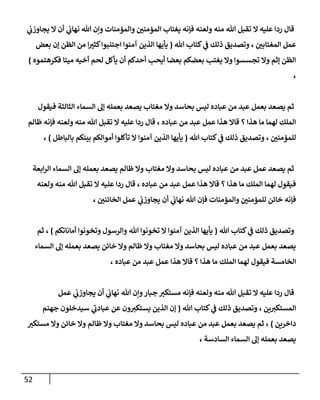 52
‫ي‬
‫يجاوزب‬ ‫ال‬ ‫أن‬ ‫ي‬
‫نهاب‬ ‫هللا‬ ‫وإن‬ ‫والمؤمنات‬ ّ
‫المؤمنن‬ ‫يغتاب‬ ‫فإنه‬ ‫ولعنه‬ ‫منه‬ ‫هللا‬ ‫تقبل‬ ‫ال‬ ‫عليه‬ ‫ردا‬ ‫قال‬
‫هللا‬ ‫كتاب‬ ‫ي‬
‫ف‬ ‫ذلك‬ ‫وتصديق‬ ، ّ
‫المغتابن‬ ‫عمل‬
(
‫ا‬ ‫يأيها‬
‫بعض‬ ‫إن‬ ‫الظن‬ ‫من‬ ‫ا‬ ّ
‫كثي‬‫اجتنبوا‬ ‫آمنوا‬ ‫لذين‬
‫فكرهتموه‬ ‫ميتا‬ ‫أخيه‬ ‫لحم‬ ‫يأكل‬ ‫أن‬ ‫أحدكم‬ ‫أيحب‬ ‫بعضا‬ ‫بعضكم‬ ‫يغتب‬ ‫وال‬ ‫تجسسوا‬ ‫وال‬ ‫إثم‬ ‫الظن‬
)
،
‫فيقول‬ ‫الثالثة‬ ‫السماء‬ ‫إل‬ ‫بعمله‬ ‫يصعد‬ ‫مغتاب‬ ‫وال‬ ‫بحاسد‬ ‫ليس‬ ‫عباده‬ ‫من‬ ‫عبد‬ ‫بعمل‬ ‫يصعد‬ ‫ثم‬
‫عباده‬ ‫من‬ ‫عبد‬ ‫عمل‬ ‫هذا‬ ‫قاال‬ ‫؟‬ ‫هذا‬ ‫ما‬ ‫لهما‬ ‫الملك‬
‫ظالم‬ ‫فإنه‬ ‫ولعنه‬ ‫منه‬ ‫هللا‬ ‫تقبل‬ ‫ال‬ ‫عليه‬ ‫ردا‬ ‫قال‬ ،
‫هللا‬ ‫كتاب‬ ‫ي‬
‫ف‬ ‫ذلك‬ ‫وتصديق‬ ، ّ
‫للمؤمنن‬
(
‫بالباطل‬ ‫بينكم‬ ‫أموالكم‬ ‫تأكلوا‬ ‫ال‬ ‫آمنوا‬ ‫الذين‬ ‫يأيها‬
)
،
‫ابعة‬‫ر‬‫ال‬ ‫السماء‬ ‫إل‬ ‫بعمله‬ ‫يصعد‬ ‫ظالم‬ ‫وال‬ ‫مغتاب‬ ‫وال‬ ‫بحاسد‬ ‫ليس‬ ‫عباده‬ ‫من‬ ‫عبد‬ ‫عمل‬ ‫يصعد‬ ‫ثم‬
‫ولعنه‬ ‫منه‬ ‫هللا‬ ‫تقبل‬ ‫ال‬ ‫عليه‬ ‫ردا‬ ‫قال‬ ، ‫عباده‬ ‫من‬ ‫عبد‬ ‫عمل‬ ‫هذا‬ ‫قاال‬ ‫؟‬ ‫هذا‬ ‫ما‬ ‫الملك‬ ‫لهما‬ ‫فيقول‬
، ّ
‫الخائنن‬ ‫عمل‬ ‫ي‬
‫يجاوزب‬ ‫أن‬ ‫ي‬
‫نهاب‬ ‫هللا‬ ‫فإن‬ ‫والمؤمنات‬ ّ
‫للمؤمنن‬ ‫خائن‬ ‫فإنه‬
‫ذل‬ ‫وتصديق‬
‫هللا‬ ‫كتاب‬ ‫ي‬
‫ف‬ ‫ك‬
(
‫أماناتكم‬ ‫وتخونوا‬ ‫والرسول‬ ‫هللا‬ ‫تخونوا‬ ‫ال‬ ‫آمنوا‬ ‫الذين‬ ‫يأيها‬
)
‫ثم‬ ،
‫السماء‬ ‫إل‬ ‫بعمله‬ ‫يصعد‬ ‫خائن‬ ‫وال‬ ‫ظالم‬ ‫وال‬ ‫مغتاب‬ ‫وال‬ ‫بحاسد‬ ‫ليس‬ ‫عباده‬ ‫من‬ ‫عبد‬ ‫بعمل‬ ‫يصعد‬
، ‫عباده‬ ‫من‬ ‫عبد‬ ‫عمل‬ ‫هذا‬ ‫قاال‬ ‫؟‬ ‫هذا‬ ‫ما‬ ‫الملك‬ ‫لهما‬ ‫فيقول‬ ‫الخامسة‬
‫م‬ ‫هللا‬ ‫تقبل‬ ‫ال‬ ‫عليه‬ ‫ردا‬ ‫قال‬
‫عمل‬ ‫ي‬
‫يجاوزب‬ ‫أن‬ ‫ي‬
‫نهاب‬ ‫هللا‬ ‫وإن‬‫جبار‬ ‫مستكي‬ ‫فإنه‬ ‫ولعنه‬ ‫نه‬
‫هللا‬ ‫كتاب‬ ‫ي‬
‫ف‬ ‫ذلك‬ ‫وتصديق‬ ، ‫ين‬‫المستكي‬
(
‫جهنم‬ ‫سيدخلون‬ ‫ي‬
‫عبادب‬ ‫عن‬ ‫ون‬‫يستكي‬ ‫الذين‬ ‫إن‬
‫داخرين‬
)
‫مستكي‬ ‫وال‬ ‫خائن‬ ‫وال‬ ‫ظالم‬ ‫وال‬ ‫مغتاب‬ ‫وال‬ ‫بحاسد‬ ‫ليس‬ ‫عباده‬ ‫من‬ ‫عبد‬ ‫بعمل‬ ‫يصعد‬ ‫ثم‬ ،
، ‫السادسة‬ ‫السماء‬ ‫إل‬ ‫بعمله‬ ‫يصعد‬
 