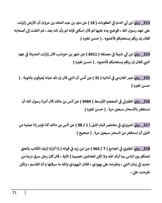 71
080
_
‫روي‬
‫العقوبات‬ ‫ي‬
‫ف‬ ‫الدنيا‬ ‫ي‬
‫أب‬ ‫ابن‬
(
83
)
‫زلزلت‬ ‫األرض‬ ‫أن‬ ‫مروان‬ ‫بن‬ ‫الملك‬ ‫عبد‬ ‫بن‬ ‫دمحم‬ ‫عن‬
‫أصحابه‬ ‫إل‬ ‫التفت‬ ‫ثم‬ ، ‫بعد‬ ‫لك‬ ‫يأن‬ ‫لم‬ ‫فإنه‬ ‫ي‬
‫اسكب‬ ‫قال‬ ‫ثم‬ ‫عليها‬ ‫يده‬ ‫فوضع‬ ، ‫هللا‬ ‫رسول‬ ‫عهد‬ ‫عل‬
‫فأعتبوه‬ ‫يستعتبكم‬ ‫ربكم‬ ‫إن‬ ‫فقال‬
( .
‫ه‬ ّ
‫لغي‬ ‫حسن‬
)
084
_
‫روي‬
‫مصنفه‬ ‫ي‬
‫ف‬ ‫شيبة‬ ‫ي‬
‫أب‬ ‫ابن‬
(
3488
)
‫حوشب‬ ‫بن‬ ‫شهر‬ ‫عن‬
‫عهد‬ ‫ي‬
‫ف‬ ‫المدينة‬ ‫زلزلت‬ ‫قال‬
‫فأعتبوه‬ ‫يستعتبكم‬ ‫ربكم‬ ‫إن‬ ‫فقال‬ ‫ي‬
‫النب‬
( .
‫ه‬ ّ
‫لغي‬ ‫حسن‬
)
085
_
‫روي‬
‫أماليه‬ ‫ي‬
‫ف‬ ‫ي‬
‫الفارس‬ ‫نرص‬
(
05
)
‫بالتوبة‬ ‫عرفون‬
ُ
‫ي‬ ‫عبادا‬ ‫هلل‬ ‫إن‬ ‫قال‬ ‫ي‬
‫النب‬ ‫أن‬ ‫أنس‬ ‫عن‬
( .
‫ه‬ ّ
‫لغي‬ ‫حسن‬
)
080
_
‫روي‬
‫المعج‬ ‫ي‬
‫ف‬ ‫ي‬
‫اب‬‫الطي‬
‫األوسط‬ ‫م‬
(
9434
)
‫أن‬ ‫هللا‬ ‫رسول‬ ‫أمرنا‬ ‫قال‬ ‫مالك‬ ‫بن‬ ‫أنس‬ ‫عن‬
‫مرة‬ ّ
‫سبعن‬ ‫باألسحار‬ ‫نستغفر‬
( .
‫ه‬ ّ
‫لغي‬ ‫حسن‬
)
087
_
‫روي‬
‫الليل‬ ‫قيام‬ ‫مخترص‬ ‫ي‬
‫ف‬ ‫المروزي‬
(
8
/
93
)
‫من‬ ‫صلينا‬ ‫إذا‬ ‫نؤمر‬ ‫كنا‬‫مالك‬ ‫بن‬ ‫أنس‬ ‫عن‬
‫مرة‬ ّ
‫سبعن‬ ‫السحر‬ ‫من‬ ‫نستغفر‬ ‫أن‬ ‫الليل‬
( .
‫صحيح‬
)
083
_
‫روي‬
‫الجا‬ ‫ي‬
‫ف‬ ‫ي‬‫الطي‬
‫مع‬
(
7
/
404
)
‫قوله‬ ‫ي‬
‫ف‬ ‫زيد‬ ‫ابن‬ ‫عن‬
(
‫بالحق‬ ‫الكتاب‬ ‫إليك‬ ‫أنزلنا‬ ‫إنا‬
‫خصيما‬ ّ
‫للخائنن‬ ‫تكن‬ ‫وال‬ ‫هللا‬ ‫اك‬‫ر‬‫أ‬ ‫بما‬ ‫الناس‬ ّ
‫بن‬ ‫لتحكم‬
)
‫من‬ ‫درعا‬ ‫شق‬ ‫رجل‬ ‫كان‬‫قال‬ ، ‫اآلية‬
‫ولكن‬ ، ‫القاسم‬ ‫أبا‬ ‫يا‬ ‫شقتها‬ ‫ما‬ ‫وهللا‬ ‫اليهودي‬ ‫فقال‬ ، ‫يهودي‬ ‫عل‬ ‫وطرحه‬ ، ‫ي‬
‫النب‬ ‫زمان‬ ‫ي‬
‫ف‬ ‫حديد‬
، ‫ر‬
‫ي‬
‫عل‬ ‫طرحت‬
 