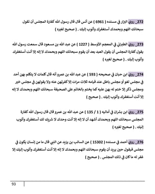 93
070
_
‫روي‬
‫مسنده‬ ‫ي‬
‫ف‬ ‫ار‬‫الي‬
(
0908
)
‫تقول‬ ‫أن‬ ‫المجلس‬ ‫كفارة‬‫هللا‬ ‫رسول‬ ‫قال‬ ‫قال‬ ‫أنس‬ ‫عن‬
‫إليك‬ ‫وأتوب‬ ‫أستغفرك‬ ‫وبحمدك‬ ‫اللهم‬ ‫سبحانك‬
( .
‫ه‬ ّ
‫لغي‬ ‫صحيح‬
)
070
_
‫روي‬
‫األوسط‬ ‫المعجم‬ ‫ي‬
‫ف‬ ‫ي‬
‫اب‬‫الطي‬
(
8007
)
‫هللا‬ ‫رسول‬ ‫سمعت‬ ‫قال‬ ‫مسعود‬ ‫بن‬ ‫هللا‬ ‫عبد‬ ‫عن‬
‫أستغفرك‬ ‫أنت‬ ‫إال‬ ‫إله‬ ‫ال‬ ‫وبحمدك‬ ‫اللهم‬ ‫سبحانك‬ ‫يقوم‬ ‫أن‬ ‫بعد‬ ‫العبد‬ ‫يقول‬ ‫أن‬ ‫المجلس‬ ‫كفارة‬‫يقول‬
‫إليك‬ ‫وأتوب‬
( .
‫ه‬ ّ
‫لغي‬ ‫صحيح‬
)
074
_
‫روي‬
‫صحيحه‬ ‫ي‬
‫ف‬ ‫حبان‬ ‫ابن‬
(
590
)
‫ك‬‫قال‬ ‫أنه‬ ‫عمرو‬ ‫بن‬ ‫هللا‬ ‫عبد‬ ‫عن‬
‫أحد‬ ‫بهن‬ ‫يتكلم‬ ‫ال‬ ‫لمات‬
ّ
‫خي‬ ‫مجلس‬ ‫ي‬
‫ف‬ ‫يقولهن‬ ‫وال‬ ‫عنه‬ ‫كفرتهن‬‫إال‬ ‫ات‬‫ر‬‫م‬ ‫ثالث‬ ‫قيامه‬ ‫عند‬ ‫باطل‬ ‫مجلس‬ ‫أو‬ ‫لغو‬ ‫مجلس‬ ‫ي‬
‫ف‬
‫إله‬ ‫ال‬ ‫وبحمدك‬ ‫اللهم‬ ‫سبحانك‬ ‫الصحيفة‬ ‫عل‬ ‫بالخاتم‬ ‫يختم‬ ‫كما‬‫عليه‬ ‫بهن‬ ‫له‬ ‫ختم‬ ‫إال‬ ‫ذكر‬ ‫ومجلس‬
‫إليك‬ ‫وأتوب‬ ‫أستغفرك‬ ‫أنت‬ ‫إال‬
( .
‫صحيح‬
)
075
_
‫روي‬
‫أما‬ ‫ي‬
‫ف‬ ‫ان‬ ‫ر‬
‫بس‬ ‫ابن‬
‫ليه‬
(
8
/
805
)
‫كفارة‬‫هللا‬ ‫رسول‬ ‫قال‬ ‫قال‬ ‫عمرو‬ ‫بن‬ ‫هللا‬ ‫عبد‬ ‫عن‬
‫وأتوب‬ ‫أستغفرك‬ ‫لك‬ ‫يك‬ ‫ر‬
‫ش‬ ‫ال‬ ‫وحدك‬ ‫أنت‬ ‫إال‬ ‫إله‬ ‫ال‬ ‫أن‬ ‫أشهد‬ ‫وبحمدك‬ ‫اللهم‬ ‫سبحانك‬ ‫المجلس‬
‫إليك‬
( .
‫ه‬ ّ
‫لغي‬ ‫صحيح‬
)
070
_
‫روي‬
‫مسنده‬ ‫ي‬
‫ف‬ ‫أحمد‬
(
85060
)
‫ي‬
‫ف‬ ‫يكون‬ ‫إنسان‬ ‫من‬ ‫ما‬ ‫قال‬ ‫ي‬
‫النب‬ ‫عن‬ ‫يزيد‬ ‫بن‬ ‫السائب‬ ‫عن‬
‫فيق‬ ‫مجلس‬
‫إال‬ ‫إليك‬ ‫وأتوب‬ ‫أستغفرك‬ ‫أنت‬ ‫إال‬ ‫إله‬ ‫ال‬ ‫وبحمدك‬ ‫اللهم‬ ‫سبحانك‬ ‫يقوم‬ ‫أن‬ ‫يريد‬ ّ
‫حن‬ ‫ول‬
‫المجلس‬ ‫ذلك‬ ‫ي‬
‫ف‬ ‫كان‬‫ما‬ ‫له‬ ‫غفر‬
( .
‫صحيح‬
)
 