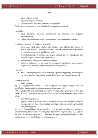 Ε Κ Π Α Ι Δ Ε Υ Τ Η Ρ Ι Α Γ . Ζ Ω Η Σελίδα 12
Λ Ο Γ Ο Τ Ε Χ Ν Ι Α Α ΄ Γ Υ Μ Ν Α Σ Ι Ο Υ
Α ’ Γ Υ Μ Ν Α Σ Ι Ο Υ Α [ Π λ η κ τ ρ ο λ ο γ ή σ τ ε τ η δ ι ε ύ θ υ ν σ η τ η ς
ε τ α ι ρ ε ί α ς ]
Σελίδα 12
ΥΦΟΣ
• απλό, λιτό και φυσικό
• ειρωνικό και χιουμοριστικό
• ζωντανό όταν ο διάλογος διακόπτει την αφήγηση.
Αυτά επιτυγχάνονται με τα εξής μέσα (γλώσσα, εκφραστικά μέσα):
I. ΓΛΩΣΣΑ
• απλή, δημοτική, ζωντανή, παραστατική και πλούσια στην έκφραση
συναισθημάτων.
• χρήση πολλών θαυμαστικών, ερωτηματικών, και άνω και κάτω τελείες.
II. ΣΧΗΜΑΤΑ ΛΟΓΟΥ – EΚΦΡΑΣΤΙΚΑ ΜΕΣΑ
• μεταφορές: «μες στην καρδιά της πόλης», «δεν έβλεπε την ώρα», «η
ανακάλυψη εκείνη… τον τύλιγε μέσα σ’ ένα ζηλότυπο και δύσπιστο φόβο»,
«…κοκάλωσε από οργή, από λύσσα» κ.ά.
• προσωποποιήσεις: «ο γκρίζος και άχαρος κόσμος που τον περιέβαλλε είχε
μονομιάς γεμίσει κρυμμένους θησαυρούς».
• παρομοιώσεις: «όπως στην άμμο της ερήμου».
• ασύνδετα σχήματα: «… Αν τους πω το μέρος, θα μαζέψουν μια συμμορία
αλητάκια, θα παν να τα βρουν, θα μαθευτεί στη γειτονιά…»
ΕΙΚΟΝΕΣ
• πολλές οπτικές κινητικές και ακουστικές: «η εικόνα της πόλης, των στοιχείων
της φύσης και των μανιταριών, του οδοκαθαριστή, του πρωταγωνιστή» κ.ά.
ΡΗΤΟΡΙΚΑ ΜΕΣΑ
• πικρό χιούμορ:
π.χ. «O Μαρκοβάλντο ένιωσε λες και ο γκρίζος και άχαρος κόσμος που τον
περιέβαλλε είχε μονομιάς γεμίσει κρυμμένους θησαυρούς…»,
« O Μαρκοβάλντο έμεινε άναυδος: να υπάρχουν μεγαλύτερα μανιτάρια και να μην
τα έχει προσέξει, μια τέτοια ανέλπιστη σοδειά και να του την κλέψουν κάτω από τη
μύτη;»
• ειρωνεία / σαρκασμός:
χρήση λέξεων ή φράσεων που το περιεχόμενο τους είναι αντίθετο από αυτό
που έχει στο νου του ο συγγραφέας, με στόχο να δώσει αστείο ή χλευαστικό
τόνο στον λόγο του.
π.χ. «…O Μαρκοβάλντο έμεινε άναυδος: …κάτω από τη μύτη;…», «Αυτός ο
οδοκαθαριστής, στου οποίου την επικράτεια βρίσκονταν τα μανιτάρια…», «…Ωραία
θα ήταν να τρώγαμε όλοι μαζί! ... Ωστόσο σύντομα ξανασυναντήθηκαν, το ίδιο
κιόλας βράδυ, στον ίδιο θάλαμο του νοσοκομείου...».
 