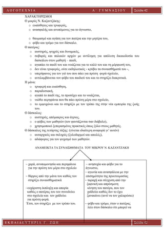 Ε Κ Π Α Ι Δ Ε Υ Τ Η Ρ Ι Α Γ . Ζ Ω Η Σελίδα 42
Λ Ο Γ Ο Τ Ε Χ Ν Ι Α Α ΄ Γ Υ Μ Ν Α Σ Ι Ο Υ
Α ’ Γ Υ Μ Ν Α Σ Ι Ο Υ Α [ Π λ η κ τ ρ ο λ ο γ ή σ τ ε τ η δ ι ε ύ θ υ ν σ η τ η ς
ε τ α ι ρ ε ί α ς ]
Σελίδα 42
ΧΑΡΑΚΤΗΡΙΣΜΟΙ
Ο μικρός Ν. Καζαντζάκης:
o ευαίσθητος και τρυφερός,
o ανασφαλής και ανυπόμονος για το άγνωστο,
o θαυμασμό και αγάπη για τον πατέρα και την μητέρα του,
o φόβο και τρόμο για τον δάσκαλο.
Ο πατέρας:
o αυστηρός, ψυχρός και δυναμικός,
o σοβαρός και παλαιών αρχών με αντίληψη για απόλυτη δικαιοδοσία του
δασκάλου στον μαθητή – παιδί,
o αγαπάει το παιδί του και νοιάζεται για το καλό του και τη μόρφωσή του,
o δεν είναι τρυφερός, ούτε εκδηλωτικός - κρύβει τα συναισθήματά του -,
o υπερήφανος για τον γιό του που πάει για πρώτη φορά σχολείο,
o αντιλαμβάνεται τον φόβο του παιδιού του και το στηρίζει διακριτικά.
Η μάνα:
o τρυφερή και ευαίσθητη,
o παραδοσιακή,
o αγαπά το παιδί της, το προσέχει και το νοιάζεται,
o νιώθει περηφάνια που θα πάει πρώτη μέρα στο σχολείο,
o το εμψυχώνει και το στηρίζει με τον τρόπο της στην νέα εμπειρία της ζωής
του.
Ο δάσκαλος:
o αυστηρός, απόμακρος και άγριος,
o ο φόβος των μαθητών (τον φαντάζονται σαν διάβολο),
o χρησιμοποιεί ξεπερασμένες πρακτικές όπως ξύλο στους μαθητές.
Ο δάσκαλος της τετάρτης τάξης: (γίνεται ιδιαίτερη αναφορά γι’ αυτόν)
o αυταρχικός και σκληρός (ξυλοδαρμοί και απειλές),
o αδιάφορος για τον ψυχισμό των μαθητών.
ΑΝΑΜΕΙΚΤΑ ΤΑ ΣΥΝΑΙΣΘΗΜΑΤΑ ΤΟΥ ΜΙΚΡΟΥ Ν. ΚΑΖΑΝΤΖΑΚΗ
− χαρά, ανυπομονησία και περηφάνια − ανησυχία και φόβο για το
για την πρώτη του μέρα στο σχολείο άγνωστο,
− αγωνία και ανασφάλεια με την
− θάρρος από την μάνα του καθώς τον επισημότητα της προετοιμασίας
στηρίζει συναισθηματικά − ταραχή και σύγχυση από την
ξαφνική και απρόσμενη
−ευχάριστη έκπληξη και απορία κίνηση του πατέρα, που τον
καθώς ο πατέρας του τον συνοδεύει χαϊδεύει καθώς δεν το έχει
στο σχολείο και τον χαϊδεύει ξανακάνει (αντί να τον χαλαρώσει)
για πρώτη φορά.
Έτσι, τον στηρίζει με τον τρόπο του. − φόβο και τρόμο, όταν ο πατέρας
λέει στον δάσκαλο ότι μπορεί να
 