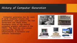 History of Computer Generation
Computer generation has its roots
in early computer science and
mathematics, with pioneers like Ivan
Sutherland and David Evans
developing some of the earliest
computer graphics software in the
1960s. The field has since grown
exponentially, thanks to
advancements in hardware and
software technologies
 
