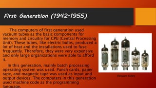 First Generation (1942-1955)
The computers of first generation used
vacuum tubes as the basic components for
memory and circuitry for CPU (Central Processing
Unit). These tubes, like electric bulbs, produced a
lot of heat and the installations used to fuse
frequently. Therefore, they were very expensive
and only large organizations were able to afford
it.
In this generation, mainly batch processing
operating system was used. Punch cards, paper
tape, and magnetic tape was used as input and
output devices. The computers in this generation
used machine code as the programming
language.
Vacuum tubes
 