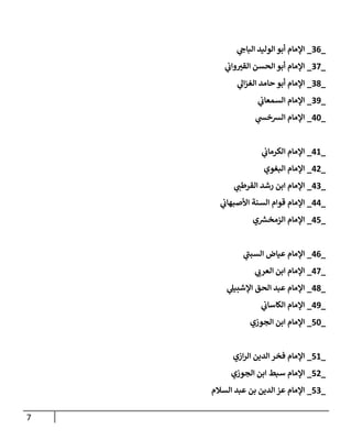 7
_
00
_
‫ي‬
‫الباج‬ ‫الوليد‬ ‫أبو‬ ‫اإلمام‬
_
00
_
‫ي‬
‫واب‬‫القن‬ ‫الحسن‬ ‫أبو‬ ‫اإلمام‬
_
08
_
‫ي‬
‫ال‬‫ز‬‫الغ‬ ‫حامد‬ ‫أبو‬ ‫اإلمام‬
_
09
_
‫ي‬
‫السمعاب‬ ‫اإلمام‬
_
47
_
‫ي‬
‫الشخس‬ ‫اإلمام‬
_
41
_
‫ي‬
‫الكرماب‬ ‫اإلمام‬
_
42
_
‫البغوي‬ ‫اإلمام‬
_
40
_
‫ي‬
‫القرطب‬ ‫رشد‬ ‫ابن‬ ‫اإلمام‬
_
44
_
‫اإلمام‬
‫السنة‬ ‫قوام‬
‫ي‬
‫األصبهاب‬
_
47
_
‫ي‬ ‫ر‬
‫الزمخش‬ ‫اإلمام‬
_
40
_
‫ي‬
‫ى‬
‫السبب‬ ‫عياض‬ ‫اإلمام‬
_
40
_
‫ي‬
‫العرب‬ ‫ابن‬ ‫اإلمام‬
_
48
_
‫ي‬
‫اإلشبيل‬ ‫الحق‬ ‫عبد‬ ‫اإلمام‬
_
49
_
‫ي‬
‫الكاساب‬ ‫اإلمام‬
_
77
_
‫الجوزي‬ ‫ابن‬ ‫اإلمام‬
_
71
_
‫ازي‬‫ر‬‫ال‬ ‫الدين‬ ‫فخر‬ ‫اإلمام‬
_
72
_
‫الجوزي‬ ‫ابن‬ ‫سبط‬ ‫اإلمام‬
_
70
_
‫السالم‬ ‫عبد‬ ‫بن‬ ‫الدين‬ ‫عز‬ ‫اإلمام‬
 