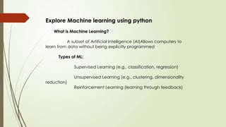 Explore Machine learning using python
What is Machine Learning?
A subset of Artificial Intelligence (AI)Allows computers to
learn from data without being explicitly programmed
Types of ML:
Supervised Learning (e.g., classification, regression)
Unsupervised Learning (e.g., clustering, dimensionality
reduction)
Reinforcement Learning (learning through feedback)
 