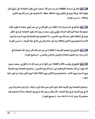 18
08
_
‫روي‬
‫مسنده‬ ‫ي‬
‫ف‬ ‫ار‬ ‫ر‬
‫الب‬
(
7068
)
‫أمثل‬ ‫الريق‬ ‫عل‬ ‫الحجامة‬ ‫يقول‬ ‫ي‬ ‫ر‬
‫النب‬ ‫سمعت‬ ‫قال‬ ‫عمر‬ ‫ابن‬ ‫عن‬
‫ر‬
‫االثنن‬ ‫يوم‬ ‫هللا‬ ‫اسم‬ ‫عل‬ ‫فاحتجموا‬ ، ‫حفظا‬ ‫الحافظ‬ ‫ويزيد‬ ‫العقل‬ ‫ي‬
‫ف‬ ‫ويزيد‬ ‫كة‬
‫وبر‬ ‫شفاء‬ ‫وفيها‬
‫والثالثاء‬
( .
‫ه‬ ‫ر‬
‫لغب‬ ‫حسن‬
)
00
_
‫روي‬
‫المستدرك‬ ‫ي‬
‫ف‬ ‫الحاكم‬
(
4
/
027
)
‫عن‬
‫غالما‬ ‫يكون‬ ‫ال‬ ‫حجاما‬ ‫ي‬
‫أبغب‬ ‫عمر‬ ‫ابن‬ ‫ي‬
‫ل‬ ‫قال‬ ‫نافع‬
‫تبي‬ ‫قد‬ ‫الدم‬ ‫فإن‬ ‫ا‬ ‫ر‬
‫كبب‬‫شيخا‬ ‫وال‬ ‫ا‬ ‫ر‬
‫صغب‬
‫غ‬
‫ي‬ ‫ر‬
‫ن‬
‫الحجامة‬ ‫يقول‬ ‫هللا‬ ‫رسول‬ ‫سمعت‬ ‫ي‬
‫وإن‬
‫العقل‬ ‫ي‬
‫ف‬ ‫تزيد‬
‫الحفظ‬ ‫ي‬
‫ف‬ ‫وتزيد‬
‫الجمع‬ ‫يوم‬ ‫تحتجموا‬ ‫ال‬ ، ‫الخميس‬ ‫يوم‬ ‫هللا‬ ‫اسم‬ ‫فعل‬
‫يوم‬ ‫وال‬ ‫ت‬ ‫الس‬ ‫يوم‬ ‫وال‬ ‫ة‬
‫األحد‬
‫و‬
‫والثالثاء‬ ‫ر‬
‫االثنن‬ ‫يوم‬ ‫احتجموا‬
‫األربعاء‬ ‫ليلة‬ ‫ي‬
‫ف‬ ‫إال‬ ‫برص‬ ‫وال‬ ‫جذام‬ ‫نزل‬ ‫وما‬
.
(
‫ه‬ ‫ر‬
‫لغب‬ ‫حسن‬
)
02
_
‫روي‬
‫األوسط‬ ‫المعجم‬ ‫ي‬
‫ف‬ ‫ي‬
‫ان‬ ‫ر‬
‫الطب‬
(
4747
)
‫ي‬
‫ف‬ ‫الحجامة‬ ‫هللا‬ ‫رسول‬ ‫قال‬ ‫قال‬ ‫عمر‬ ‫ابن‬ ‫عن‬
‫س‬‫والرص‬ ‫والنعاس‬ ‫ص‬ ‫ر‬
‫والب‬ ‫والجذام‬ ‫الجنون‬ ‫من‬ ‫دواء‬ ‫أس‬‫ر‬‫ال‬
( .
‫ه‬ ‫ر‬
‫لغب‬ ‫صحيح‬
)
02
_
‫روي‬
‫ر‬
‫الطب‬
‫اآلثار‬ ‫تهذيب‬ ‫ي‬
‫ف‬ ‫ي‬
(
0740
)
‫رسول‬ ‫سمعت‬ ‫ي‬
‫إن‬ ‫نافع‬ ‫يا‬ ‫له‬ ‫قال‬ ‫عمر‬ ‫ابن‬ ‫أن‬ ‫نافع‬ ‫عن‬
‫الجمعة‬ ‫يوم‬ ‫الحجامة‬ ‫واجتنبوا‬ ، ‫الخميس‬ ‫يوم‬ ‫هللا‬ ‫اسم‬ ‫عل‬ ‫فليحتجم‬ ‫محتجما‬ ‫كان‬‫من‬ ‫يقول‬ ‫هللا‬
‫فيه‬ ‫أيوب‬ ‫عن‬ ‫رصف‬ ‫الذي‬ ‫اليوم‬ ‫فإنه‬ ‫الثالثاء‬ ‫ويوم‬ ‫ر‬
‫االثنن‬ ‫يوم‬ ‫واحتجموا‬ ، ‫األحد‬ ‫ويوم‬ ‫ت‬ ‫الس‬ ‫ويوم‬
‫البال‬
، ‫ء‬
‫برص‬ ‫وال‬ ‫جذام‬ ‫يبدو‬ ‫وال‬ ، ‫بالبالء‬ ‫أيوب‬ ‫فيه‬ ‫ب‬‫رص‬ ‫الذي‬ ‫اليوم‬ ‫فإنه‬ ‫األربعاء‬ ‫يوم‬ ‫الحجامة‬ ‫واجتنبوا‬
‫فيه‬ ‫يحتجم‬ ‫ال‬ ‫ساعة‬ ‫الجمعة‬ ‫يوم‬ ‫ي‬
‫ف‬ ‫إن‬ ‫هللا‬ ‫رسول‬ ‫وقال‬ ‫قال‬ ، ‫األربعاء‬ ‫ليلة‬ ‫ي‬
‫ف‬ ‫أو‬ ‫األربعاء‬ ‫يوم‬ ‫ي‬
‫ف‬ ‫إال‬
‫منه‬ ‫شفاء‬ ‫ال‬ ‫داء‬ ‫له‬ ‫عرض‬ ‫إال‬ ‫محتجم‬
( .
‫ه‬ ‫ر‬
‫لغب‬ ‫صحيح‬
)
 