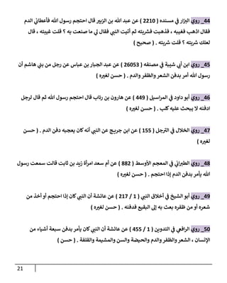 21
44
_
‫روي‬
‫مسنده‬ ‫ي‬
‫ف‬ ‫ار‬ ‫ر‬
‫الب‬
(
0022
)
‫ر‬
‫الزبب‬ ‫بن‬ ‫هللا‬ ‫عبد‬ ‫عن‬
‫الدم‬ ‫ي‬
‫فأعطان‬ ‫هللا‬ ‫رسول‬ ‫احتجم‬ ‫قال‬
‫قال‬ ، ‫غيبته‬ ‫قلت‬ ‫؟‬ ‫به‬ ‫صنعت‬ ‫ما‬ ‫ي‬
‫ل‬ ‫فقال‬ ‫ي‬ ‫ر‬
‫النب‬ ‫أتيت‬ ‫ثم‬ ‫بته‬ ‫ر‬
‫فش‬ ‫فذهبت‬ ، ‫فغيبه‬ ‫اذهب‬ ‫فقال‬
‫بته‬ ‫ر‬
‫ش‬ ‫قلت‬ ‫؟‬ ‫بته‬ ‫ر‬
‫ش‬ ‫لعلك‬
( .
‫ص‬
‫حيح‬
)
47
_
‫روي‬
‫مصنفه‬ ‫ي‬
‫ف‬ ‫شيبة‬ ‫ي‬ ‫ر‬
‫أن‬ ‫ابن‬
(
06270
)
‫أن‬ ‫هاشم‬ ‫ي‬
‫بب‬ ‫من‬ ‫رجل‬ ‫عن‬ ‫عباس‬ ‫بن‬ ‫الجبار‬ ‫عبد‬ ‫عن‬
‫والدم‬‫والظفر‬‫الشعر‬ ‫بدفن‬ ‫أمر‬ ‫هللا‬ ‫رسول‬
( .
‫ه‬ ‫ر‬
‫لغب‬ ‫حسن‬
)
46
_
‫روي‬
‫اسيل‬‫ر‬‫الم‬ ‫ي‬
‫ف‬ ‫داود‬ ‫أبو‬
(
440
)
‫لرجل‬ ‫قال‬ ‫ثم‬ ‫هللا‬ ‫رسول‬ ‫احتجم‬ ‫قال‬ ‫رئاب‬ ‫بن‬ ‫هارون‬ ‫عن‬
‫كلب‬‫عليه‬ ‫يبحث‬ ‫ال‬ ‫ادفنه‬
( .
‫ه‬ ‫ر‬
‫لغب‬ ‫حسن‬
)
47
_
‫روي‬
‫جل‬‫الب‬ ‫ي‬
‫ف‬ ‫الخالل‬
(
277
)
‫الدم‬ ‫دفن‬ ‫يعجبه‬ ‫كان‬‫أنه‬ ‫ي‬ ‫ر‬
‫النب‬ ‫عن‬ ‫ج‬ ‫جري‬ ‫ابن‬ ‫عن‬
( .
‫حسن‬
‫ه‬ ‫ر‬
‫لغب‬
)
48
_
‫روي‬
‫األوسط‬ ‫المعجم‬ ‫ي‬
‫ف‬ ‫ي‬
‫ان‬ ‫ر‬
‫الطب‬
(
880
)
‫رسول‬ ‫سمعت‬ ‫قالت‬ ‫ثابت‬ ‫بن‬ ‫زيد‬ ‫أة‬‫ر‬‫ام‬ ‫سعد‬ ‫أم‬ ‫عن‬
‫احتجم‬ ‫إذا‬ ‫الدم‬ ‫بدفن‬ ‫يأمر‬ ‫هللا‬
( .
‫ه‬ ‫ر‬
‫لغب‬ ‫حسن‬
)
40
_
‫روي‬
‫ي‬ ‫ر‬
‫النب‬ ‫أخالق‬ ‫ي‬
‫ف‬ ‫الشيخ‬ ‫أبو‬
(
2
/
027
)
‫من‬ ‫أخذ‬ ‫أو‬ ‫احتجم‬ ‫إذا‬ ‫كان‬ ‫ي‬ ‫ر‬
‫النب‬ ‫أن‬ ‫عائشة‬ ‫عن‬
‫فدفنه‬ ‫البقيع‬ ‫إل‬ ‫به‬ ‫بعث‬ ‫ظفره‬ ‫من‬ ‫أو‬ ‫شعره‬
( .
‫ه‬ ‫ر‬
‫لغب‬ ‫حسن‬
)
72
_
‫روي‬
‫التدوين‬ ‫ي‬
‫ف‬ ‫ي‬
‫افغ‬‫ر‬‫ال‬
(
2
/
477
)
‫من‬ ‫أشياء‬ ‫سبعة‬ ‫بدفن‬ ‫يأمر‬ ‫كان‬ ‫ي‬ ‫ر‬
‫النب‬ ‫أن‬ ‫عائشة‬ ‫عن‬
‫والح‬ ‫والدم‬‫والظفر‬‫الشعر‬ ، ‫اإلنسان‬
‫والقلفة‬ ‫والمشيمة‬ ‫والسن‬ ‫يضة‬
( .
‫حسن‬
)
 