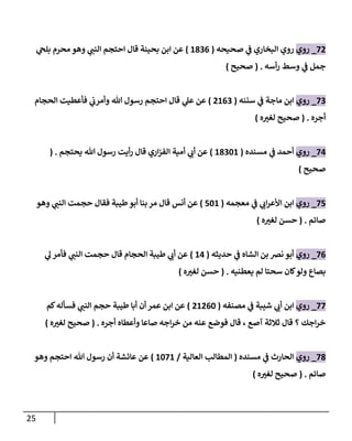 25
70
_
‫روي‬
‫صحيحه‬ ‫ي‬
‫ف‬ ‫البخاري‬ ‫روي‬
(
2806
)
‫ا‬ ‫عن‬
‫ي‬
‫بلح‬ ‫محرم‬ ‫وهو‬ ‫ي‬ ‫ر‬
‫النب‬ ‫احتجم‬ ‫قال‬ ‫بحينة‬ ‫بن‬
‫أسه‬‫ر‬ ‫وسط‬ ‫ي‬
‫ف‬ ‫جمل‬
( .
‫صحيح‬
)
70
_
‫روي‬
‫سننه‬ ‫ي‬
‫ف‬ ‫ماجة‬ ‫ابن‬
(
0260
)
‫الحجام‬ ‫فأعطيت‬ ‫ي‬
‫وأمرن‬ ‫هللا‬ ‫رسول‬ ‫احتجم‬ ‫قال‬ ‫ي‬
‫عل‬ ‫عن‬
‫أجره‬
( .
‫ه‬ ‫ر‬
‫لغب‬ ‫صحيح‬
)
74
_
‫روي‬
‫مسنده‬ ‫ي‬
‫ف‬ ‫أحمد‬
(
28022
)
‫يحتجم‬ ‫هللا‬ ‫رسول‬ ‫أيت‬‫ر‬ ‫قال‬ ‫اري‬‫ز‬‫الف‬ ‫أمية‬ ‫ي‬ ‫ر‬
‫أن‬ ‫عن‬
( .
‫صحيح‬
)
77
_
‫روي‬
‫معجمه‬ ‫ي‬
‫ف‬ ‫ي‬ ‫ر‬
‫ان‬‫ر‬‫األع‬ ‫ابن‬
(
722
)
‫وهو‬ ‫ي‬ ‫ر‬
‫النب‬ ‫حجمت‬ ‫فقال‬ ‫طيبة‬ ‫أبو‬ ‫بنا‬ ‫مر‬ ‫قال‬ ‫أنس‬ ‫عن‬
‫صائم‬
( .
‫ه‬ ‫ر‬
‫لغب‬ ‫حسن‬
)
76
_
‫روي‬
‫حديثه‬ ‫ي‬
‫ف‬ ‫الشاه‬ ‫بن‬ ‫نرص‬ ‫أبو‬
(
24
)
‫ح‬ ‫قال‬ ‫الحجام‬ ‫طيبة‬ ‫ي‬ ‫ر‬
‫أن‬ ‫عن‬
‫ي‬
‫ل‬ ‫فأمر‬ ‫ي‬ ‫ر‬
‫النب‬ ‫جمت‬
‫يعطنيه‬ ‫لم‬ ‫سحتا‬ ‫كان‬‫ولو‬ ‫بصاع‬
( .
‫ه‬ ‫ر‬
‫لغب‬ ‫حسن‬
)
77
_
‫روي‬
‫مصنفه‬ ‫ي‬
‫ف‬ ‫شيبة‬ ‫ي‬ ‫ر‬
‫أن‬ ‫ابن‬
(
02062
)
‫كم‬‫فسأله‬ ‫ي‬ ‫ر‬
‫النب‬ ‫حجم‬ ‫طيبة‬ ‫أبا‬ ‫أن‬ ‫عمر‬ ‫ابن‬ ‫عن‬
‫أجره‬ ‫وأعطاه‬ ‫صاعا‬ ‫اجه‬‫ر‬‫خ‬ ‫من‬ ‫عنه‬ ‫فوضع‬ ‫قال‬ ، ‫آصع‬ ‫ثالثة‬ ‫قال‬ ‫؟‬ ‫اجك‬‫ر‬‫خ‬
( .
‫ه‬ ‫ر‬
‫لغب‬ ‫صحيح‬
)
78
_
‫روي‬
‫مسنده‬ ‫ي‬
‫ف‬ ‫الحارث‬
(
‫ال‬
‫العالية‬ ‫مطالب‬
/
2272
)
‫وهو‬ ‫احتجم‬ ‫هللا‬ ‫رسول‬ ‫أن‬ ‫عائشة‬ ‫عن‬
‫صائم‬
( .
‫ه‬ ‫ر‬
‫لغب‬ ‫صحيح‬
)
 