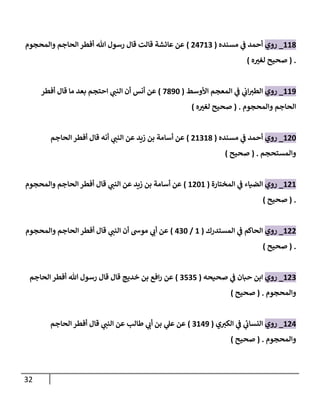 32
228
_
‫روي‬
‫مسنده‬ ‫ي‬
‫ف‬ ‫أحمد‬
(
04720
)
‫والمحجوم‬ ‫الحاجم‬ ‫أفطر‬ ‫هللا‬ ‫رسول‬ ‫قال‬ ‫قالت‬ ‫عائشة‬ ‫عن‬
( .
‫ه‬ ‫ر‬
‫لغب‬ ‫صحيح‬
)
220
_
‫روي‬
‫األوسط‬ ‫المعجم‬ ‫ي‬
‫ف‬ ‫ي‬
‫ان‬ ‫ر‬
‫الطب‬
(
7802
)
‫أفطر‬ ‫قال‬ ‫ما‬ ‫بعد‬ ‫احتجم‬ ‫ي‬ ‫ر‬
‫النب‬ ‫أن‬ ‫أنس‬ ‫عن‬
‫والمحجوم‬ ‫الحاجم‬
( .
‫ه‬ ‫ر‬
‫لغب‬ ‫صحيح‬
)
202
_
‫روي‬
‫مسنده‬ ‫ي‬
‫ف‬ ‫أحمد‬
(
02028
)
‫الحاجم‬ ‫أفطر‬ ‫قال‬ ‫أنه‬ ‫ي‬ ‫ر‬
‫النب‬ ‫عن‬ ‫زيد‬ ‫بن‬ ‫أسامة‬ ‫عن‬
‫والمستحجم‬
( .
‫صحيح‬
)
202
_
‫روي‬
‫المختارة‬ ‫ي‬
‫ف‬ ‫الضياء‬
(
2022
)
‫والمحجوم‬ ‫الحاجم‬ ‫أفطر‬ ‫قال‬ ‫ي‬ ‫ر‬
‫النب‬ ‫عن‬ ‫زيد‬ ‫بن‬ ‫أسامة‬ ‫عن‬
( .
‫صحيح‬
)
200
_
‫روي‬
‫المستدرك‬ ‫ي‬
‫ف‬ ‫الحاكم‬
(
2
/
402
)
‫والمحجوم‬ ‫الحاجم‬ ‫أفطر‬ ‫قال‬ ‫ي‬ ‫ر‬
‫النب‬ ‫أن‬ ‫موش‬ ‫ي‬ ‫ر‬
‫أن‬ ‫عن‬
( .
‫صحيح‬
)
200
_
‫روي‬
‫صحيحه‬ ‫ي‬
‫ف‬ ‫حبان‬ ‫ابن‬
(
0707
)
‫الحاجم‬ ‫أفطر‬ ‫هللا‬ ‫رسول‬ ‫قال‬ ‫قال‬ ‫خديج‬ ‫بن‬ ‫افع‬‫ر‬ ‫عن‬
‫والمحجوم‬
( .
‫صحيح‬
)
204
_
‫روي‬
‫ي‬ ‫ر‬
‫الكب‬ ‫ي‬
‫ف‬ ‫ي‬
‫ئ‬
‫النسان‬
(
0240
)
‫طالب‬ ‫ي‬ ‫ر‬
‫أن‬ ‫بن‬ ‫ي‬
‫عل‬ ‫عن‬
‫الن‬ ‫عن‬
‫الحاجم‬ ‫أفطر‬ ‫قال‬ ‫ي‬ ‫ر‬
‫ب‬
‫والمحجوم‬
( .
‫صحيح‬
)
 