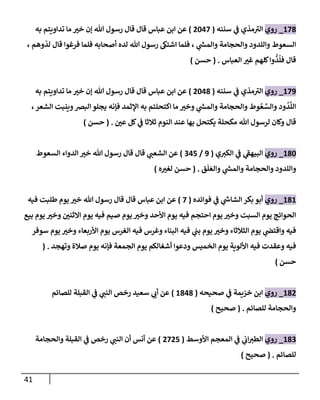 41
278
_
‫روي‬
‫سننه‬ ‫ي‬
‫ف‬ ‫مذي‬‫الب‬
(
0247
)
‫ع‬ ‫ابن‬ ‫عن‬
‫به‬ ‫تداويتم‬ ‫ما‬ ‫ر‬
‫خب‬ ‫إن‬ ‫هللا‬ ‫رسول‬ ‫قال‬ ‫قال‬ ‫باس‬
، ‫وهم‬
ّ
‫لد‬ ‫قال‬ ‫فرغوا‬ ‫فلما‬ ‫أصحابه‬ ‫لده‬ ‫هللا‬ ‫رسول‬ ‫اشتك‬ ‫فلما‬ ، ‫ي‬
‫ر‬
‫والمش‬ ‫والحجامة‬ ‫واللدود‬ ‫السعوط‬
‫العباس‬ ‫ر‬
‫غب‬ ‫كلهم‬‫وا‬
ُّ
‫د‬
ُ
‫فل‬ ‫قال‬
( .
‫حسن‬
)
270
_
‫روي‬
‫سننه‬ ‫ي‬
‫ف‬ ‫مذي‬‫الب‬
(
0248
)
‫ب‬ ‫تداويتم‬ ‫ما‬ ‫ر‬
‫خب‬ ‫إن‬ ‫هللا‬ ‫رسول‬ ‫قال‬ ‫قال‬ ‫عباس‬ ‫ابن‬ ‫عن‬
‫ه‬
،‫الشعر‬ ‫وينبت‬‫البرص‬ ‫يجلو‬ ‫فإنه‬ ‫اإلثمد‬ ‫به‬ ‫اكتحلتم‬ ‫ما‬ ‫ر‬
‫وخب‬ ‫ي‬
‫ر‬
‫والمش‬ ‫والحجامة‬ ‫وط‬ ُ‫ع‬‫والس‬ ‫ود‬
ُ
‫د‬
َّ
‫الل‬
‫ر‬
‫عن‬ ‫كل‬ ‫ي‬
‫ف‬ ‫ثالثا‬ ‫النوم‬ ‫عند‬ ‫بها‬ ‫يكتحل‬ ‫مكحلة‬ ‫هللا‬ ‫لرسول‬ ‫وكان‬ ‫قال‬
( .
‫حسن‬
)
282
_
‫روي‬
‫ي‬ ‫ر‬
‫الكب‬ ‫ي‬
‫ف‬ ‫ي‬
‫البيهف‬
(
0
/
047
)
‫السعوط‬ ‫الدواء‬ ‫ر‬
‫خب‬ ‫هللا‬ ‫رسول‬ ‫قال‬ ‫قال‬ ‫ي‬ ‫ر‬
‫الشعب‬ ‫عن‬
‫وا‬
‫ق‬
َ
‫ل‬‫والع‬ ‫ي‬
‫ر‬
‫والمش‬ ‫والحجامة‬ ‫للدود‬
( .
‫ه‬ ‫ر‬
‫لغب‬ ‫حسن‬
)
282
_
‫روي‬
‫فوائده‬ ‫ي‬
‫ف‬ ‫ي‬
‫ر‬
‫الشاش‬ ‫بكر‬ ‫أبو‬
(
7
)
‫فيه‬ ‫طلبت‬ ‫يوم‬ ‫ر‬
‫خب‬ ‫هللا‬ ‫رسول‬ ‫قال‬ ‫قال‬ ‫عباس‬ ‫ابن‬ ‫عن‬
‫بيع‬ ‫يوم‬ ‫ر‬
‫وخب‬ ‫ر‬
‫االثنن‬ ‫يوم‬ ‫فيه‬ ‫صيم‬ ‫يوم‬ ‫ر‬
‫وخب‬ ‫األحد‬ ‫يوم‬ ‫فيه‬ ‫احتجم‬ ‫يوم‬ ‫ر‬
‫وخب‬ ‫ت‬ ‫الس‬ ‫يوم‬ ‫الحوائج‬
‫ر‬
‫وخب‬ ‫الثالثاء‬ ‫يوم‬ ‫ي‬
‫واقتض‬ ‫فيه‬
‫سوفر‬ ‫يوم‬ ‫ر‬
‫وخب‬ ‫األربعاء‬ ‫يوم‬ ‫الغرس‬ ‫فيه‬ ‫وغرس‬ ‫البناء‬ ‫فيه‬ ‫ي‬
‫بب‬ ‫يوم‬
‫ي‬ ‫أشغالكم‬ ‫ودعوا‬ ‫الخميس‬ ‫يوم‬ ‫األلوية‬ ‫فيه‬ ‫وعقدت‬ ‫فيه‬
‫وتهجد‬ ‫صالة‬ ‫يوم‬ ‫فإنه‬ ‫الجمعة‬ ‫وم‬
.
(
‫حسن‬
)
280
_
‫روي‬
‫صحيحه‬ ‫ي‬
‫ف‬ ‫خزيمة‬ ‫ابن‬
(
2848
)
‫للصائم‬ ‫القبلة‬ ‫ي‬
‫ف‬ ‫ي‬ ‫ر‬
‫النب‬ ‫رخص‬ ‫سعيد‬ ‫ي‬ ‫ر‬
‫أن‬ ‫عن‬
‫للصائم‬ ‫والحجامة‬
( .
‫صحيح‬
)
280
_
‫روي‬
‫األوسط‬ ‫المعجم‬ ‫ي‬
‫ف‬ ‫ي‬
‫ان‬ ‫ر‬
‫الطب‬
(
0707
)
‫والحجامة‬ ‫القبلة‬ ‫ي‬
‫ف‬ ‫رخص‬ ‫ي‬ ‫ر‬
‫النب‬ ‫أن‬ ‫أنس‬ ‫عن‬
‫للصائم‬
( .
‫صحيح‬
)
 