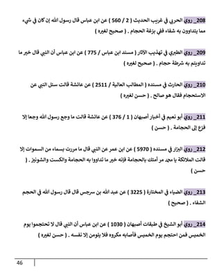 46
028
_
‫روي‬
‫ي‬ ‫ر‬
‫الحرن‬
‫ي‬
‫ف‬
‫الحديث‬ ‫غريب‬
(
0
/
762
)
‫ء‬ ‫ي‬
‫ر‬
‫ش‬ ‫ي‬
‫ف‬ ‫كان‬‫إن‬ ‫هللا‬ ‫رسول‬ ‫قال‬ ‫عباس‬ ‫ابن‬ ‫عن‬
‫الحجام‬ ‫بزغة‬ ‫ي‬
‫فف‬ ‫شفاء‬ ‫به‬ ‫يتداوون‬ ‫مما‬
( .
‫ه‬ ‫ر‬
‫لغب‬ ‫صحيح‬
)
020
_
‫روي‬
‫اآلثار‬ ‫تهذيب‬ ‫ي‬
‫ف‬ ‫ي‬ ‫ر‬
‫الطب‬
(
‫عباس‬ ‫ابن‬ ‫مسند‬
/
777
)
‫ما‬ ‫ر‬
‫خب‬ ‫قال‬ ‫ي‬ ‫ر‬
‫النب‬ ‫أن‬ ‫عباس‬ ‫ابن‬ ‫عن‬
‫حجام‬ ‫طة‬ ‫ر‬
‫ش‬ ‫به‬ ‫تداويتم‬
( .
‫ه‬ ‫ر‬
‫لغب‬ ‫صحيح‬
)
022
_
‫روي‬
‫مسنده‬ ‫ي‬
‫ف‬ ‫الحارث‬
(
‫العالية‬ ‫المطالب‬
/
0722
)
‫عن‬ ‫ي‬ ‫ر‬
‫النب‬ ‫سئل‬ ‫قالت‬ ‫عائشة‬ ‫عن‬
‫صالح‬ ‫هو‬ ‫فقال‬ ‫االستحجام‬
( .
‫ه‬ ‫ر‬
‫لغب‬ ‫حسن‬
)
022
_
‫روي‬
‫أصبهان‬ ‫أخبار‬ ‫ي‬
‫ف‬ ‫نعيم‬ ‫أبو‬
(
2
/
076
)
‫إال‬ ‫وجعا‬ ‫هللا‬ ‫رسول‬ ‫وجع‬ ‫ما‬ ‫قالت‬ ‫عائشة‬ ‫عن‬
‫الحجامة‬ ‫إل‬ ‫فزع‬
( .
‫حسن‬
)
020
_
‫روي‬
‫مسنده‬ ‫ي‬
‫ف‬ ‫ار‬ ‫ر‬
‫الب‬
(
7072
)
‫إال‬ ‫السموات‬ ‫من‬ ‫بسماء‬ ‫مررت‬ ‫ما‬ ‫قال‬ ‫ي‬ ‫ر‬
‫النب‬ ‫عن‬‫عمر‬ ‫ابن‬ ‫عن‬
‫ر‬
‫والشونب‬ ‫والكست‬ ‫الحجامة‬ ‫به‬ ‫تداووا‬ ‫ما‬ ‫ر‬
‫خب‬ ‫فإنه‬ ‫بالحجامة‬ ‫أمتك‬‫مر‬ ‫دمحم‬ ‫يا‬ ‫المالئكة‬ ‫قالت‬
( .
‫حسن‬
)
020
_
‫روي‬
‫الضياء‬
‫ي‬
‫ف‬
‫المختارة‬
(
0007
)
‫الحجم‬ ‫ي‬
‫ف‬ ‫هللا‬ ‫رسول‬ ‫قال‬ ‫قال‬ ‫شجس‬ ‫بن‬ ‫هللا‬ ‫عبد‬ ‫عن‬
‫الشفاء‬
( .
‫صحيح‬
)
024
_
‫روي‬
‫الشيخ‬ ‫أبو‬
‫ي‬
‫ف‬
‫أصبهان‬ ‫طبقات‬
(
2202
)
‫يوم‬ ‫تحتجموا‬ ‫ال‬ ‫قال‬ ‫ي‬ ‫ر‬
‫النب‬ ‫أن‬ ‫عباس‬ ‫ابن‬ ‫عن‬
‫نفسه‬ ‫إال‬ ‫يلومن‬ ‫فال‬ ‫مكروه‬ ‫فأصابه‬ ‫الخميس‬ ‫يوم‬ ‫احتجم‬ ‫فمن‬ ‫الخميس‬
( .
‫ه‬ ‫ر‬
‫لغب‬ ‫حسن‬
)
 