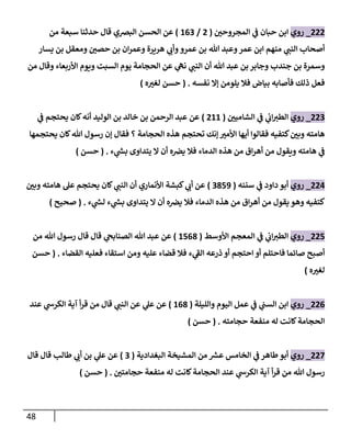 48
000
_
‫روي‬
‫ر‬
‫المجروحن‬ ‫ي‬
‫ف‬ ‫حبان‬ ‫ابن‬
(
0
/
260
)
‫من‬ ‫سبعة‬ ‫حدثنا‬ ‫قال‬ ‫البرصي‬ ‫الحسن‬ ‫عن‬
‫يسار‬ ‫بن‬ ‫ومعقل‬ ‫ر‬
‫حصن‬ ‫بن‬ ‫ان‬‫ر‬‫وعم‬ ‫هريرة‬ ‫ي‬ ‫ر‬
‫وأن‬ ‫عمرو‬ ‫بن‬ ‫هللا‬ ‫وعبد‬‫عمر‬ ‫ابن‬ ‫منهم‬ ‫ي‬ ‫ر‬
‫النب‬ ‫أصحاب‬
‫يوم‬ ‫الحجامة‬ ‫عن‬ ‫ي‬
‫نه‬ ‫ي‬ ‫ر‬
‫النب‬ ‫أن‬ ‫هللا‬ ‫عبد‬ ‫بن‬ ‫وجابر‬ ‫جندب‬ ‫بن‬ ‫وسمرة‬
‫من‬ ‫وقال‬ ‫األربعاء‬ ‫ويوم‬ ‫ت‬ ‫الس‬
‫نفسه‬ ‫إال‬ ‫يلومن‬ ‫فال‬ ‫بياض‬ ‫فأصابه‬ ‫ذلك‬ ‫فعل‬
( .
‫ه‬ ‫ر‬
‫لغب‬ ‫حسن‬
)
000
_
‫روي‬
‫ر‬
‫الشامين‬ ‫ي‬
‫ف‬ ‫ي‬
‫ان‬ ‫ر‬
‫الطب‬
(
022
)
‫ي‬
‫ف‬ ‫يحتجم‬ ‫كان‬‫أنه‬ ‫الوليد‬ ‫بن‬ ‫خالد‬ ‫بن‬ ‫الرحمن‬ ‫عبد‬ ‫عن‬
‫ي‬ ‫كان‬‫هللا‬ ‫رسول‬ ‫إن‬ ‫فقال‬ ‫؟‬ ‫الحجامة‬ ‫هذه‬ ‫تحتجم‬ ‫إنك‬ ‫ر‬
‫األمب‬ ‫أيها‬ ‫فقالوا‬ ‫كتفيه‬ ‫ر‬
‫وبن‬ ‫هامته‬
‫حتجمها‬
‫ء‬ ‫ي‬
‫ر‬
‫بش‬ ‫يتداوى‬ ‫ال‬ ‫أن‬ ‫ه‬‫يرص‬ ‫فال‬ ‫الدماء‬ ‫هذه‬ ‫من‬ ‫اق‬‫ر‬‫أه‬ ‫من‬ ‫ويقول‬ ‫هامته‬ ‫ي‬
‫ف‬
( .
‫حسن‬
)
004
_
‫روي‬
‫سننه‬ ‫ي‬
‫ف‬ ‫داود‬ ‫أبو‬
(
0870
)
‫ر‬
‫وبن‬ ‫هامته‬ ‫عل‬ ‫يحتجم‬ ‫كان‬ ‫ي‬ ‫ر‬
‫النب‬ ‫أن‬ ‫األنماري‬ ‫شة‬ ‫ك‬ ‫ي‬ ‫ر‬
‫أن‬ ‫عن‬
‫ء‬ ‫ي‬
‫ر‬
‫لش‬ ‫ء‬ ‫ي‬
‫ر‬
‫بش‬ ‫يتداوى‬ ‫ال‬ ‫أن‬ ‫ه‬‫يرص‬ ‫فال‬ ‫الدماء‬ ‫هذه‬ ‫من‬ ‫اق‬‫ر‬‫أه‬ ‫من‬ ‫يقول‬ ‫وهو‬ ‫كتفيه‬
( .
‫صحيح‬
)
007
_
‫روي‬
‫األوسط‬ ‫المعجم‬ ‫ي‬
‫ف‬ ‫ي‬
‫ان‬ ‫ر‬
‫الطب‬
(
2768
)
‫من‬ ‫هللا‬ ‫رسول‬ ‫قال‬ ‫قال‬ ‫ي‬
‫الصنابح‬ ‫هللا‬ ‫عبد‬ ‫عن‬
‫القضاء‬ ‫فعليه‬ ‫استقاء‬ ‫ومن‬ ‫عليه‬ ‫قضاء‬ ‫فال‬ ‫ء‬ ‫ي‬
‫الف‬ ‫ذرعه‬ ‫أو‬ ‫احتجم‬ ‫أو‬ ‫فاحتلم‬ ‫صائما‬ ‫أصبح‬
.
(
‫حسن‬
‫ه‬ ‫ر‬
‫لغب‬
)
006
_
‫روي‬
‫والليلة‬ ‫اليوم‬ ‫عمل‬ ‫ي‬
‫ف‬ ‫ي‬
‫السب‬ ‫ابن‬
(
268
)
‫قال‬ ‫ي‬ ‫ر‬
‫النب‬ ‫عن‬ ‫ي‬
‫عل‬ ‫عن‬
‫عند‬ ‫ي‬
‫الكرش‬ ‫آية‬ ‫أ‬‫ر‬‫ق‬ ‫من‬
‫حجامته‬ ‫منفعة‬ ‫له‬ ‫كانت‬‫الحجامة‬
( .
‫حسن‬
)
007
_
‫روي‬
‫البغدادية‬ ‫المشيخة‬ ‫من‬ ‫ر‬
‫عش‬ ‫الخامس‬ ‫ي‬
‫ف‬ ‫طاهر‬‫أبو‬
(
0
)
‫قال‬ ‫قال‬ ‫طالب‬ ‫ي‬ ‫ر‬
‫أن‬ ‫بن‬ ‫ي‬
‫عل‬ ‫عن‬
‫ر‬
‫حجامتن‬ ‫منفعة‬ ‫له‬ ‫كانت‬‫الحجامة‬ ‫عند‬ ‫ي‬
‫الكرش‬ ‫آية‬ ‫أ‬‫ر‬‫ق‬ ‫من‬ ‫هللا‬ ‫رسول‬
( .
‫حسن‬
)
 