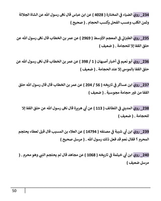 51
004
_
‫روي‬
‫المختارة‬ ‫ي‬
‫ف‬ ‫الضياء‬
(
4208
)
‫الجاللة‬ ‫الشاة‬ ‫عن‬ ‫هللا‬ ‫رسول‬ ‫نه‬ ‫قال‬ ‫عباس‬ ‫ابن‬ ‫عن‬
‫وكسب‬ ‫الفحل‬ ‫وعسب‬ ‫الكلب‬ ‫وثمن‬
‫الحجام‬
( .
‫صحيح‬
)
007
_
‫روي‬
‫األوسط‬ ‫المعجم‬ ‫ي‬
‫ف‬ ‫ي‬
‫ان‬ ‫ر‬
‫الطب‬
(
0060
)
‫عن‬ ‫هللا‬ ‫رسول‬ ‫نه‬ ‫قال‬ ‫الخطاب‬ ‫بن‬ ‫عمر‬ ‫عن‬
‫للحجامة‬ ‫إال‬ ‫القفا‬ ‫حلق‬
( .
‫ضعيف‬
)
006
_
‫روي‬
‫أصبهان‬ ‫أخبار‬ ‫ي‬
‫ف‬ ‫نعيم‬ ‫أبو‬
(
2
/
008
)
‫عن‬ ‫هللا‬ ‫رسول‬ ‫نه‬ ‫قال‬ ‫الخطاب‬ ‫بن‬ ‫عمر‬ ‫عن‬
‫الحجامة‬ ‫عند‬ ‫إال‬ ‫بالموش‬ ‫القفا‬ ‫حلق‬
( .
‫ضعيف‬
)
007
_
‫روي‬
‫تاريخه‬ ‫ي‬
‫ف‬ ‫عساكر‬ ‫ابن‬
(
76
/
024
)
‫حلق‬ ‫هللا‬ ‫رسول‬ ‫قال‬ ‫قال‬ ‫الخطاب‬ ‫بن‬ ‫عمر‬ ‫عن‬
‫مجوسية‬ ‫حجامة‬ ‫ر‬
‫غب‬ ‫من‬ ‫القفا‬
.
(
‫ضعيف‬
)
008
_
‫روي‬
‫اللطائف‬ ‫ي‬
‫ف‬ ‫ي‬
‫المديب‬
(
220
)
‫ح‬ ‫عن‬ ‫هللا‬ ‫رسول‬ ‫نه‬ ‫قال‬ ‫هريرة‬ ‫ي‬ ‫ر‬
‫أن‬ ‫عن‬
‫إال‬ ‫القفا‬ ‫لق‬
‫للحجامة‬
( .
‫ضعيف‬
)
000
_
‫روي‬
‫شيبة‬ ‫ي‬ ‫ر‬
‫أن‬ ‫ابن‬
‫ي‬
‫ف‬
‫مصنفه‬
(
24704
)
‫يحتجم‬ ‫لعطاء‬ ‫قيل‬ ‫قال‬ ‫المسيب‬ ‫بن‬ ‫العالء‬ ‫عن‬
‫هللا‬ ‫رسول‬ ‫ذلك‬ ‫فعل‬ ‫قد‬ ‫نعم‬ ‫فقال‬ ‫؟‬ ‫المحرم‬
( .
‫صحيح‬ ‫مرسل‬
)
042
_
‫روي‬
‫خيثمة‬ ‫ي‬ ‫ر‬
‫أن‬ ‫ابن‬
‫ي‬
‫ف‬
‫تاريخه‬
(
2268
)
‫محرم‬ ‫وهو‬ ‫ي‬ ‫ر‬
‫النب‬ ‫يحتجم‬ ‫لم‬ ‫قال‬ ‫مجاهد‬ ‫عن‬
( .
‫ضعيف‬ ‫مرسل‬
)
 