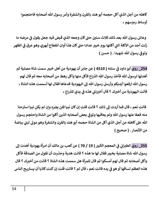 54
‫أصح‬ ‫هللا‬ ‫رسول‬ ‫وأمر‬ ‫والشفرة‬ ‫بالقرن‬ ‫هند‬ ‫أبو‬ ‫حجمه‬ ‫أكل‬ ‫الذي‬ ‫أجل‬ ‫من‬ ‫كاهله‬
‫فاحتجموا‬ ‫ابه‬
، ‫رءوسهم‬ ‫أوساط‬
‫ما‬ ‫مرضه‬ ‫ي‬
‫ف‬ ‫يقول‬ ‫جعل‬ ‫فيه‬ ‫قبض‬ ‫الذي‬ ‫وجعه‬ ‫كان‬‫حب‬ ‫ر‬
‫سنن‬ ‫ثالث‬ ‫ذلك‬ ‫بعد‬ ‫هللا‬ ‫رسول‬ ‫وعاش‬
‫الظهر‬ ‫ي‬
‫ف‬ ‫عرق‬‫وهو‬ ‫أبهري‬ ‫انقطاع‬ ‫أوان‬ ‫هذا‬ ‫كان‬‫حب‬ ‫عدادا‬ ‫ر‬
‫خيب‬ ‫يوم‬ ‫أكلتها‬ ‫ي‬
‫الب‬ ‫األكلة‬ ‫من‬ ‫أجد‬ ‫زلت‬
‫شهيدا‬ ‫هللا‬ ‫رسول‬ ‫ي‬
‫وتوف‬
( .
‫حسن‬
)
074
_
‫روي‬
‫سننه‬ ‫ي‬
‫ف‬ ‫داود‬ ‫أبو‬
(
4722
)
‫ثم‬ ‫مصلية‬ ‫شاة‬ ‫سمت‬ ‫ر‬
‫خيب‬ ‫أهل‬ ‫من‬ ‫يهودية‬ ‫أن‬ ‫جابر‬ ‫عن‬
‫لهم‬ ‫قال‬ ‫ثم‬ ‫معه‬ ‫أصحابه‬ ‫من‬ ‫رهط‬ ‫وأكل‬ ‫منها‬ ‫فأكل‬ ‫اع‬‫ر‬‫الذ‬ ‫هللا‬ ‫رسول‬ ‫فأخذ‬ ‫هللا‬ ‫لرسول‬ ‫أهدتها‬
، ‫الشاة‬ ‫هذه‬ ‫أسممت‬ ‫لها‬ ‫فقال‬ ‫فدعاها‬ ‫اليهودية‬ ‫إل‬ ‫هللا‬ ‫رسول‬ ‫وأرسل‬ ‫أيديكم‬ ‫ارفعوا‬ ‫هللا‬ ‫رسول‬
‫اليهود‬ ‫قالت‬
، ‫اع‬‫ر‬‫للذ‬ ‫يدي‬ ‫ي‬
‫ف‬ ‫هذه‬ ‫ي‬
‫تب‬ ‫ر‬
‫أخب‬ ‫قال‬ ‫؟‬ ‫ك‬ ‫ر‬
‫أخب‬ ‫من‬ ‫ية‬
‫حنا‬‫اسب‬ ‫نبيا‬ ‫يكن‬ ‫لم‬ ‫وإن‬ ‫ه‬‫يرص‬ ‫فلن‬ ‫نبيا‬ ‫كان‬‫إن‬ ‫قلت‬ ‫قالت‬ ‫؟‬ ‫ذلك‬ ‫إل‬ ‫أردت‬ ‫فما‬ ‫قال‬ ، ‫نعم‬ ‫قالت‬
‫رسول‬ ‫واحتجم‬ ‫الشاة‬ ‫من‬ ‫أكلوا‬ ‫الذين‬ ‫أصحابه‬ ‫بعض‬ ‫ي‬
‫وتوف‬ ‫يعاقبها‬ ‫ولم‬ ‫هللا‬ ‫رسول‬ ‫عنها‬ ‫فعفا‬ ‫منه‬
‫من‬ ‫أكل‬ ‫الذي‬ ‫أجل‬ ‫من‬ ‫كاهله‬‫عل‬ ‫هللا‬
‫بياضة‬ ‫ي‬
‫لبب‬ ‫مول‬ ‫وهو‬ ‫والشفرة‬ ‫بالقرن‬ ‫هند‬ ‫أبو‬ ‫حجمه‬ ‫الشاة‬
‫األنصار‬ ‫من‬
( .
‫صحيح‬
)
077
_
‫روي‬
‫ر‬
‫الكبب‬ ‫المعجم‬ ‫ي‬
‫ف‬ ‫ي‬
‫ان‬ ‫ر‬
‫الطب‬
(
20
/
72
)
‫مالك‬ ‫بن‬ ‫كعب‬‫عن‬
‫إل‬ ‫أهدت‬ ‫يهودية‬ ‫أة‬‫ر‬‫ام‬ ‫أن‬
‫فأكل‬ ‫الصدقة‬ ‫من‬ ‫تقول‬ ‫أن‬ ‫وحذرت‬ ‫هدية‬ ‫قالت‬ ‫؟‬ ‫هذه‬ ‫ما‬ ‫لها‬ ‫فقال‬ ‫ر‬
‫بخيب‬ ‫مصلية‬ ‫شاة‬ ‫هللا‬ ‫رسول‬
‫أصح‬ ‫وأكل‬
‫قال‬ ‫؟‬ ‫ك‬ ‫ر‬
‫أخب‬ ‫من‬ ‫قالت‬ ‫؟‬ ‫الشاة‬ ‫هذه‬ ‫سممت‬ ‫هل‬ ‫أة‬‫ر‬‫للم‬ ‫قال‬ ‫ثم‬ ‫أمسكوا‬ ‫لهم‬ ‫قال‬ ‫ثم‬ ‫ابه‬
‫الناس‬ ‫ح‬ ‫ي‬‫يسب‬ ‫أن‬ ‫كاذبا‬‫كنت‬‫إن‬ ‫قلت‬ ‫قالت‬ ‫؟‬ ‫لم‬ ‫قال‬ ، ‫نعم‬ ‫قالت‬ ‫يده‬ ‫ي‬
‫ف‬ ‫هو‬ ‫أو‬ ‫لساقها‬ ‫العظم‬ ‫هذه‬
 