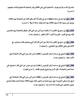 55
‫بعضهم‬ ‫فمات‬ ‫فاحتجموا‬ ‫أصحابه‬ ‫وأمر‬ ‫الكاهل‬ ‫عل‬ ‫ي‬ ‫ر‬
‫النب‬ ‫فاحتجم‬ ، ‫ك‬‫يرص‬ ‫لم‬ ‫نبيا‬ ‫كنت‬‫وإن‬ ‫منك‬
.
(
‫حسن‬
)
076
_
‫روي‬
‫داود‬ ‫أبو‬
‫ي‬
‫ف‬
‫سننه‬
(
0860
)
‫أنه‬ ‫بكرة‬ ‫ي‬ ‫ر‬
‫أن‬ ‫عن‬
‫الثالثاء‬ ‫يوم‬ ‫الحجامة‬ ‫عن‬ ‫أهله‬ ‫ينه‬ ‫كان‬
‫يرقأ‬ ‫ال‬ ‫ساعة‬ ‫وفيه‬ ‫الدم‬ ‫يوم‬ ‫الثالثاء‬ ‫يوم‬ ‫أن‬ ‫هللا‬ ‫رسول‬ ‫عن‬ ‫ويزعم‬
( .
‫حسن‬
)
077
_
‫روي‬
‫عدي‬ ‫ابن‬
‫ي‬
‫ف‬
‫الكامل‬
(
7
/
207
)
‫الخميس‬ ‫يوم‬ ‫بالحجامة‬ ‫عليكم‬ ‫قال‬ ‫ي‬ ‫ر‬
‫النب‬ ‫عن‬ ‫أنس‬ ‫عن‬
‫العقل‬ ‫قال‬ ‫؟‬ ‫األرب‬ ‫وما‬ ‫قيل‬ ، ‫األرب‬ ‫ي‬
‫ف‬ ‫يزيد‬ ‫فإنه‬
( .
‫جدا‬ ‫ضعيف‬
)
078
_
‫روي‬
‫عدي‬ ‫ابن‬
‫ي‬
‫ف‬
‫الكامل‬
(
0
/
8
)
‫ي‬
‫ف‬ ، ‫محاجم‬ ‫ثالث‬ ‫يحتجم‬ ‫ي‬ ‫ر‬
‫النب‬ ‫كان‬‫قال‬ ‫أنس‬ ‫عن‬
‫العلباوين‬ ‫ر‬
‫بن‬ ‫الكاهل‬ ‫ي‬
‫وعل‬ ‫ر‬
‫األخدعن‬
( .
‫ضعيف‬
)
070
_
‫روي‬
‫مسنده‬ ‫ي‬
‫ف‬ ‫ي‬
‫الديلم‬
(
‫الفردوس‬ ‫زهر‬
/
2000
)
‫يوم‬ ‫الحجامة‬ ‫قال‬ ‫ي‬ ‫ر‬
‫النب‬ ‫عن‬‫جابر‬ ‫عن‬
‫شفاء‬ ‫األحد‬
( .
‫جدا‬ ‫ضعيف‬
)
062
_
‫روي‬
‫مسنده‬ ‫ي‬
‫ف‬ ‫ي‬
‫الديلم‬
(
‫الفردوس‬ ‫زهر‬
/
244
)
‫ي‬
‫عل‬ ‫استعينوا‬ ‫قال‬ ‫ي‬ ‫ر‬
‫النب‬ ‫عن‬ ‫عباس‬ ‫ابن‬ ‫عن‬
‫فقتله‬ ‫بالرجل‬ ‫يتبيغ‬ ‫ربما‬ ‫الدم‬ ‫فإن‬ ، ‫بالحجامة‬ ‫الحر‬ ‫شدة‬
( .
‫ه‬ ‫ر‬
‫لغب‬ ‫حسن‬
)
062
_
‫روي‬
‫مسنده‬ ‫ي‬
‫ف‬ ‫ي‬
‫الديلم‬
(
‫الفردوس‬ ‫زهر‬
/
2422
)
‫ي‬
‫عل‬ ‫الحجامة‬ ‫قال‬ ‫ي‬ ‫ر‬
‫النب‬ ‫عن‬ ‫أنس‬ ‫عن‬
‫و‬ ‫داء‬ ‫الشبع‬ ‫ي‬
‫وعل‬ ‫دواء‬ ‫الريق‬
‫ي‬
‫أوصان‬ ‫ولقد‬ ‫للبدن‬ ‫صحة‬ ‫الثالثاء‬ ‫ويوم‬ ‫شفاء‬ ‫الشهر‬ ‫من‬ ‫ة‬ ‫ر‬
‫عش‬ ‫سبع‬ ‫ي‬
‫ف‬
‫منه‬ ‫بد‬ ‫ال‬ ‫أنه‬ ‫ظننت‬ ‫ي‬
‫حب‬ ‫بالحجم‬ ‫يل‬ ‫ر‬
‫جب‬
( .
‫جدا‬ ‫ضعيف‬
)
 