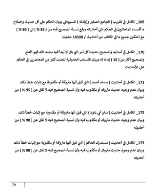 79
260
_
‫تقريب‬ ‫ي‬
‫ف‬ ‫الكامل‬
(
‫وزيادته‬ ‫ر‬
‫الصغب‬ ‫الجامع‬
)
‫وإصالح‬ ‫حديث‬ ‫كل‬ ‫ي‬
‫عل‬ ‫الحكم‬ ‫ببيان‬ ‫ي‬
‫للسيوط‬
‫من‬ ‫فيه‬ ‫الصحيح‬ ‫نسبة‬ ‫ورفع‬ ‫أحاديثه‬ ‫ي‬
‫عل‬ ‫الحكم‬ ‫ي‬
‫ف‬ ‫المتعنتون‬ ‫أفسده‬ ‫ما‬
(
77
) %
‫ي‬
‫إل‬
(
02
) %
‫أحاديث‬ ‫من‬ ‫الكتاب‬ ‫ي‬
‫ف‬ ‫ما‬ ‫جميع‬ ‫تشكيل‬ ‫مع‬
/
24722
‫حديث‬
272
_
‫أقطع‬ ‫فهو‬ ‫هللا‬ ‫بحمد‬ ‫فيه‬ ‫بدأ‬
ُ
‫ي‬ ‫ال‬ ‫بال‬ ‫ذي‬ ‫أمر‬ ‫كل‬‫حديث‬ ‫وتصحيح‬ ‫أسانيد‬ ‫ي‬
‫ف‬ ‫الكامل‬
‫من‬ ‫أكب‬ ‫وتصحيح‬
(
27
)
‫الحكم‬ ‫ي‬
‫ف‬ ‫المعارصين‬ ‫من‬ ‫ر‬
‫كثب‬‫لتعنت‬ ‫الحديثية‬ ‫األسباب‬ ‫وبيان‬ ‫له‬ ‫إماما‬
‫األحاديث‬ ‫ي‬
‫عل‬
272
_
‫الكامل‬
‫أحاديث‬ ‫ي‬
‫ف‬
(
‫أحمد‬ ‫مسند‬
)
‫إثبا‬ ‫مع‬ ‫مكذوبة‬ ‫أو‬ ‫وكة‬‫مب‬ ‫أنها‬ ‫قيل‬ ‫ي‬
‫الب‬
‫ذلك‬ ‫خطأ‬ ‫ت‬
‫عن‬ ‫تقل‬ ‫ال‬ ‫فيه‬ ‫الصحيح‬ ‫نسبة‬ ‫وأن‬ ‫فيه‬ ‫مكذوب‬ ‫أو‬ ‫وك‬‫مب‬ ‫حديث‬ ‫وجود‬ ‫عدم‬ ‫وبيان‬
(
07
) %
‫من‬
‫أحاديثه‬
270
_
‫الكامل‬
‫أحاديث‬ ‫ي‬
‫ف‬
(
‫داود‬ ‫ي‬ ‫ر‬
‫أن‬ ‫سن‬
)
‫ذلك‬ ‫خطأ‬ ‫إثبات‬ ‫مع‬ ‫مكذوبة‬ ‫أو‬ ‫وكة‬‫مب‬ ‫أنها‬ ‫قيل‬ ‫ي‬
‫الب‬
‫عن‬ ‫تقل‬ ‫ال‬ ‫فيه‬ ‫الصحيح‬ ‫نسبة‬ ‫وأن‬ ‫فيه‬ ‫مكذوب‬ ‫أو‬ ‫وك‬‫مب‬ ‫حديث‬ ‫وجود‬ ‫عدم‬ ‫وبيان‬
(
08
) %
‫من‬
‫أحاديثه‬
270
_
‫الكامل‬
‫أحاديث‬ ‫ي‬
‫ف‬
(
‫الحاكم‬ ‫مستدرك‬
)
‫ذلك‬ ‫خطأ‬ ‫إثبات‬ ‫مع‬ ‫مكذوبة‬ ‫أو‬ ‫وكة‬‫مب‬ ‫أنها‬ ‫قيل‬ ‫ي‬
‫الب‬
‫عن‬ ‫تقل‬ ‫ال‬ ‫فيه‬ ‫الصحيح‬ ‫نسبة‬ ‫وأن‬ ‫فيه‬ ‫مكذوب‬ ‫أو‬ ‫وك‬‫مب‬ ‫حديث‬ ‫وجود‬ ‫عدم‬ ‫وبيان‬
(
00
) %
‫من‬
‫أحاديثه‬
 