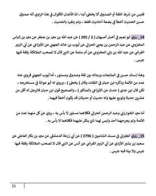 21
‫م‬ ‫فليس‬
‫الصدوق‬ ‫أو‬ ‫الثقة‬ ‫ط‬ ‫ر‬
‫ش‬ ‫ن‬
‫لذا‬ ، ‫أبدا‬ ‫يخط‬ ‫أال‬
‫ا‬‫ر‬‫ال‬ ‫هذا‬ ‫ي‬
‫ف‬ ‫األقوال‬ ‫فأعدل‬
‫صدوق‬ ‫أنه‬ ‫وي‬
‫الحديث‬ ‫حسن‬
‫بالحديث‬ ‫يتفرد‬ ‫ولم‬ ، ‫فقط‬ ‫أحاديث‬ ‫بضعة‬ ‫ي‬
‫ف‬ ‫أخطأ‬
.
10
_
‫روي‬
‫أصبهان‬ ‫أخبار‬ ‫ي‬
‫ف‬ ‫نعيم‬ ‫أبو‬
(
7
/
2
74
)
‫إلياس‬ ‫بن‬ ‫دمحم‬ ‫عن‬‫جعفر‬ ‫بن‬ ‫دمحم‬ ‫بن‬ ‫هللا‬ ‫عبد‬ ‫عن‬
‫ر‬
‫الزبي‬ ‫ي‬
‫أب‬ ‫عن‬ ‫ي‬
‫اع‬‫ز‬‫األو‬ ‫عن‬ ‫ي‬
‫الجهب‬ ‫خالد‬ ‫بن‬ ‫أيوب‬ ‫عن‬ ‫ي‬
‫اب‬‫ر‬‫الح‬ ‫ي‬ ‫ر‬
‫يحب‬ ‫بن‬ ‫الرحمن‬ ‫عبد‬ ‫عن‬ ‫ي‬
‫المخزوم‬
‫فيها‬ ‫رفقة‬ ‫المالئكة‬ ‫تصحب‬ ‫ال‬ ‫قال‬ ‫ي‬
‫النب‬ ‫عن‬ ‫سلمة‬ ‫أم‬ ‫عن‬ ‫ي‬
‫المخزوم‬ ‫ي‬
‫باب‬ ‫بن‬ ‫هللا‬ ‫عبد‬ ‫عن‬ ‫ي‬
‫ر‬
‫القرش‬
‫جرس‬
.
‫المتاب‬ ‫ي‬
‫ف‬ ‫حسن‬ ‫إسناد‬ ‫وهذا‬
‫عنه‬ ‫فروي‬ ‫ي‬
‫الجهب‬ ‫أيوب‬ ‫أما‬ ،‫ومستور‬ ‫وصدوق‬ ‫ثقة‬ ‫ر‬
‫بن‬ ‫ورجاله‬ ‫عات‬
‫وقال‬ ‫الثقات‬ ‫ي‬
‫ف‬ ‫حبان‬ ‫ابن‬ ‫وذكره‬ ‫األئمة‬ ‫من‬ ‫عدد‬
(
‫يخط‬
)
، ‫مستخرجه‬ ‫ي‬
‫ف‬ ‫عوانة‬ ‫أبو‬ ‫له‬ ‫وروي‬ ،
‫عدي‬ ‫ابن‬ ‫قال‬ ‫لكن‬
(
‫ر‬
‫بالمناكي‬ ‫ي‬
‫اع‬‫ز‬‫األو‬ ‫عن‬ ‫حدث‬
)
‫من‬ ‫أقل‬ ‫له‬ ‫فالرجل‬ ‫حبان‬ ‫ابن‬ ‫قول‬ ‫والصحيح‬ ،
‫و‬ ‫عليها‬ ‫ع‬‫وتوب‬ ‫حديثا‬ ‫ين‬ ‫ر‬
‫عرس‬
‫فيهما‬ ‫أخطأ‬ ‫يكون‬ ‫قد‬ ‫حديثان‬ ‫أو‬ ‫حديث‬ ‫له‬
.
‫من‬ ‫عدد‬ ‫منهما‬ ‫كل‬‫عن‬ ‫روي‬ ، ‫به‬ ‫بأس‬ ‫ال‬‫مستور‬ ‫فكالهما‬ ‫ي‬
‫اب‬‫ر‬‫الح‬ ‫الرحمن‬ ‫وعبد‬ ‫ي‬
‫الخوارزم‬ ‫دمحم‬ ‫أما‬
‫به‬ ‫بأس‬ ‫ال‬ ‫فكالهما‬ ‫عليهما‬‫ينكر‬ ‫ر‬
‫ش‬ ‫لهما‬ ‫وليس‬ ‫أحد‬ ‫يجرحهما‬ ‫ولم‬ ‫األئمة‬
.
12
_
‫روي‬
‫ر‬
‫الشامين‬ ‫مسند‬ ‫ي‬
‫ف‬ ‫ي‬
‫اب‬‫الطي‬
(
7230
)
‫ال‬ ‫زرعة‬ ‫ي‬
‫أب‬ ‫عن‬
‫عن‬ ‫ي‬
‫العامل‬ ‫بكار‬ ‫بن‬ ‫دمحم‬ ‫عن‬ ‫ي‬
‫دمشف‬
‫فيها‬ ‫رفقة‬ ‫المالئكة‬ ‫تصحب‬ ‫ال‬ ‫قال‬ ‫ي‬
‫النب‬ ‫عن‬ ‫أنس‬ ‫عن‬ ‫ي‬
‫ر‬
‫القرش‬ ‫ر‬
‫الزبي‬ ‫ي‬
‫أب‬ ‫عن‬ ‫األزدي‬ ‫ر‬
‫بشي‬ ‫بن‬ ‫سعيد‬
‫جرس‬ ‫فيه‬ ‫بيتا‬ ‫وال‬ ‫جرس‬
.
 