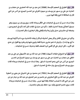 23
10
_
‫روي‬
‫األوسط‬ ‫المعجم‬ ‫ي‬
‫ف‬ ‫ي‬
‫اب‬‫الطي‬
(
2208
)
‫الحرص‬ ‫هللا‬ ‫عبد‬ ‫بن‬ ‫دمحم‬ ‫عن‬
‫بن‬ ‫منجاب‬ ‫عن‬ ‫ي‬
‫م‬
‫ي‬
‫النب‬ ‫عن‬ ‫أنس‬ ‫عن‬ ‫البرصي‬ ‫الحسن‬ ‫عن‬ ‫ي‬
‫ر‬
‫القرش‬ ‫ميمون‬ ‫بن‬ ‫يوسف‬ ‫عن‬‫مسهر‬ ‫بن‬ ‫ي‬
‫عل‬ ‫عن‬ ‫الحارث‬
‫جرس‬ ‫فيها‬ ‫رفقة‬ ‫تتبع‬ ‫ال‬ ‫المالئكة‬ ‫إن‬ ‫قال‬
.
‫وهو‬ ‫ميمون‬ ‫بن‬ ‫يوسف‬ ‫سوي‬ ‫ثقات‬ ‫ورجاله‬ ‫األقل‬ ‫ي‬
‫عل‬ ‫المتابعات‬ ‫ي‬
‫ف‬ ‫حسن‬ ‫أو‬ ‫حسن‬ ‫إسناد‬ ‫وهذا‬
‫ح‬ ‫ابن‬ ‫ذكره‬ ، ‫فقط‬ ‫أحاديث‬ ‫بضعة‬ ‫ي‬
‫ف‬ ‫أخطأ‬ ‫صدوق‬
، ‫ر‬
‫المجروحن‬ ‫ي‬
‫ف‬ ‫ذكره‬ ‫أعاد‬ ‫لكن‬ ‫الثقات‬ ‫ي‬
‫ف‬ ‫بان‬
‫البخاري‬ ‫وقال‬ ‫ي‬
‫والدارقطب‬ ‫زرعة‬ ‫وأبو‬ ‫حنبل‬ ‫وابن‬ ‫حاتم‬ ‫أبو‬ ‫وضعفه‬
(
‫الحديث‬ ‫منكر‬
)
،
‫قال‬ ‫ثم‬ ‫أحاديثه‬ ‫بعض‬ ‫وذكر‬ ‫الكامل‬ ‫ي‬
‫ف‬ ‫عدي‬ ‫ابن‬ ‫وذكره‬
(
‫ليوسف‬ ‫أذكرها‬ ‫لم‬ ‫ما‬ ‫مع‬ ‫األحاديث‬ ‫وهذه‬
‫بأسا‬ ‫بها‬ ‫أري‬ ‫ما‬
)
‫فق‬ ‫حديثا‬ ‫ين‬ ‫ر‬
‫عرس‬‫نحو‬ ‫له‬ ‫والرجل‬ ،
‫عدي‬ ‫ابن‬ ‫فقول‬ ‫بها‬ ‫يتفرد‬ ‫ولم‬ ‫عليها‬ ‫ع‬‫وتوب‬ ‫ط‬
‫المتابعات‬ ‫ي‬
‫ف‬ ‫حسن‬ ‫وحديثه‬ ‫فقط‬ ‫الضعف‬ ‫أمره‬ ‫ي‬
‫أقص‬ ‫كل‬ ‫ي‬
‫عل‬ ‫الرجل‬ ‫لكن‬ ، ‫أقرب‬ ‫فيه‬
.
12
_
‫روي‬
‫أصبهان‬ ‫طبقات‬ ‫ي‬
‫ف‬ ‫الشيخ‬ ‫أبو‬
(
208
)
‫دمحم‬ ‫بن‬ ‫ي‬
‫عل‬ ‫عن‬ ‫ي‬
‫األصبهاب‬ ‫دمحم‬ ‫بن‬ ‫هللا‬ ‫عبد‬ ‫عن‬
‫بن‬ ‫يوسف‬ ‫عن‬‫مسهر‬ ‫بن‬ ‫ي‬
‫عل‬ ‫عن‬ ‫الحارث‬ ‫بن‬ ‫منجاب‬ ‫عن‬ ‫ي‬
‫الثقف‬
‫الحسن‬ ‫عن‬ ‫الصباغ‬ ‫ميمون‬
‫السابق‬ ‫الحديث‬ ‫بنحو‬ ‫ي‬
‫النب‬ ‫عن‬ ‫أنس‬ ‫عن‬ ‫البرصي‬
.
‫ثقات‬ ‫ورجاله‬ ‫المتابعات‬ ‫ي‬
‫ف‬ ‫حسن‬ ‫إسناد‬ ‫وهذا‬
‫السابق‬ ‫الحديث‬ ‫ي‬
‫ف‬ ‫حاله‬ ‫بيان‬ ‫وسبق‬ ‫الصباغ‬ ‫يوسف‬ ‫سوي‬
.
18
_
‫روي‬
‫األوسط‬ ‫المعجم‬ ‫ي‬
‫ف‬ ‫ي‬
‫اب‬‫الطي‬
(
2301
)
‫ة‬ ‫ر‬
‫المغي‬ ‫بن‬ ‫ي‬ ‫ر‬
‫يحب‬ ‫عن‬ ‫ي‬
‫الشيباب‬ ‫ي‬
‫عل‬ ‫بن‬ ‫محمود‬ ‫عن‬
‫ع‬ ‫عن‬ ‫ي‬
‫ر‬
‫القرش‬
‫ابن‬ ‫عن‬‫دينار‬ ‫بن‬ ‫هللا‬ ‫عبد‬ ‫عن‬ ‫العدوي‬ ‫عمر‬ ‫بن‬ ‫عاصم‬ ‫عن‬ ‫ي‬
‫المخزوم‬ ‫نافع‬ ‫بن‬ ‫هللا‬ ‫بد‬
‫جرس‬ ‫فيها‬ ‫رفقة‬ ‫المالئة‬ ‫تصحب‬ ‫ال‬ ‫قال‬ ‫ي‬
‫النب‬ ‫عن‬‫عمر‬
.
‫ورجاله‬ ‫المتابعات‬ ‫ي‬
‫ف‬ ‫حسن‬ ‫إسناد‬ ‫وهذا‬
‫بالحديث‬ ‫يتفرد‬ ‫ولم‬ ‫حفظ‬ ‫سوء‬ ‫وفيه‬ ‫العدوي‬ ‫عاصم‬ ‫سوي‬ ‫ثقات‬
.
 