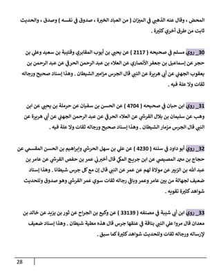 28
‫ان‬ ‫ر‬
‫المي‬ ‫ي‬
‫ف‬ ‫ي‬
‫الذهب‬ ‫عنه‬ ‫وقال‬ ، ‫المحض‬
(
‫نفسه‬ ‫ي‬
‫ف‬ ‫صدوق‬ ، ‫ة‬ ‫ر‬
‫الخي‬ ‫العباد‬ ‫من‬
)
‫والحدي‬ ، ‫وصدق‬
‫ث‬
‫ة‬ ‫ر‬
‫كثي‬‫أخري‬ ‫طرق‬ ‫من‬ ‫ثابت‬
.
04
_
‫روي‬
‫صحيحه‬ ‫ي‬
‫ف‬ ‫مسلم‬
(
7112
)
‫بن‬ ‫ي‬
‫وعل‬ ‫سعيد‬ ‫بن‬ ‫وقتيبة‬ ‫المقابري‬ ‫أيوب‬ ‫بن‬ ‫ي‬ ‫ر‬
‫يحب‬ ‫عن‬
‫بن‬ ‫الرحمن‬ ‫عبد‬ ‫عن‬ ‫ي‬
‫الحرف‬ ‫الرحمن‬ ‫عبد‬ ‫بن‬ ‫العالء‬ ‫عن‬ ‫األنصاري‬‫جعفر‬ ‫بن‬ ‫إسماعيل‬ ‫عن‬‫حجر‬
‫الشيطان‬ ‫ر‬
‫امي‬‫ز‬‫م‬ ‫الجرس‬ ‫قال‬ ‫ي‬
‫النب‬ ‫عن‬ ‫هريرة‬ ‫ي‬
‫أب‬ ‫عن‬ ‫ي‬
‫الجهب‬ ‫يعقوب‬
.
‫إ‬ ‫وهذا‬
‫ورجاله‬ ‫صحيح‬ ‫سناد‬
‫فيه‬ ‫علة‬ ‫وال‬ ‫ثقات‬
.
01
_
‫روي‬
‫صحيحه‬ ‫ي‬
‫ف‬ ‫حبان‬ ‫ابن‬
(
0240
)
‫ابن‬ ‫عن‬ ‫ي‬ ‫ر‬
‫يحب‬ ‫بن‬ ‫حرملة‬ ‫عن‬ ‫سفيان‬ ‫بن‬ ‫الحسن‬ ‫عن‬
‫عن‬ ‫هريرة‬ ‫ي‬
‫أب‬ ‫عن‬ ‫ي‬
‫الجهب‬ ‫الرحمن‬ ‫عبد‬ ‫عن‬ ‫ي‬
‫الحرف‬ ‫العالء‬ ‫عن‬ ‫ي‬
‫ر‬
‫القرش‬ ‫بالل‬ ‫بن‬ ‫سليمان‬ ‫عن‬ ‫وهب‬
‫الشيطان‬ ‫مزمار‬ ‫الجرس‬ ‫قال‬ ‫ي‬
‫النب‬
.
‫ثقا‬ ‫ورجاله‬ ‫صحيح‬ ‫إسناد‬ ‫وهذا‬
‫فيه‬ ‫علة‬ ‫وال‬ ‫ت‬
.
07
_
‫روي‬
‫سننه‬ ‫ي‬
‫ف‬ ‫داود‬ ‫أبو‬
(
0704
)
‫عن‬ ‫ي‬
‫المقسم‬ ‫الحسن‬ ‫بن‬ ‫اهيم‬‫ر‬‫وإب‬ ‫ي‬
‫ر‬
‫الحرش‬ ‫سهل‬ ‫بن‬ ‫ي‬
‫عل‬ ‫عن‬
‫بن‬ ‫عامر‬ ‫عن‬ ‫ي‬
‫ر‬
‫القرش‬ ‫حفص‬ ‫بن‬ ‫عمر‬ ‫ي‬
‫ب‬‫أخي‬ ‫قال‬ ‫ي‬
‫المك‬ ‫ج‬ ‫جري‬ ‫ابن‬ ‫عن‬ ‫ي‬
‫المصيص‬ ‫دمحم‬ ‫بن‬ ‫حجاج‬
‫شيطانا‬ ‫جرس‬ ‫كل‬‫مع‬ ‫إن‬ ‫قال‬ ‫ي‬
‫النب‬ ‫عن‬‫عمر‬ ‫عن‬ ‫لهم‬ ‫موالة‬ ‫عن‬ ‫ر‬
‫الزبي‬ ‫بن‬ ‫هللا‬ ‫عبد‬
.
‫و‬
‫إسناد‬ ‫هذا‬
‫وللحديث‬ ‫صدوق‬ ‫وهو‬ ‫ي‬
‫ر‬
‫القرش‬ ‫عمر‬ ‫سوي‬ ‫ثقات‬ ‫رجاله‬ ‫ي‬
‫وباف‬‫وعمر‬‫عامر‬ ‫ر‬
‫بن‬ ‫من‬ ‫لجهالة‬ ‫ضعيف‬
‫تقويه‬ ‫ة‬ ‫ر‬
‫كثي‬‫شواهد‬
.
00
_
‫روي‬
‫مصنفه‬ ‫ي‬
‫ف‬ ‫شيبة‬ ‫ي‬
‫أب‬ ‫ابن‬
(
00103
)
‫بن‬ ‫خالد‬ ‫عن‬ ‫يزيد‬ ‫بن‬ ‫ثور‬ ‫عن‬ ‫اح‬‫ر‬‫الج‬ ‫بن‬ ‫وكيع‬ ‫عن‬
‫شيطان‬ ‫مطية‬ ‫هذه‬ ‫قال‬ ‫جرس‬ ‫عنقها‬ ‫ي‬
‫ف‬ ‫بناقة‬ ‫ي‬
‫النب‬ ‫ي‬
‫عل‬ ‫مروا‬ ‫قال‬ ‫معدان‬
.
‫ضعيف‬ ‫إسناد‬ ‫وهذا‬
‫سبق‬ ‫كما‬‫ة‬ ‫ر‬
‫كثي‬‫شواهد‬ ‫وللحديث‬ ‫ثقات‬ ‫ورجاله‬ ‫إلرساله‬
.
 