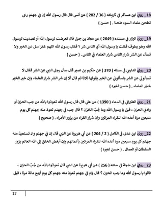 17
18
_
‫روي‬
‫تاريخه‬ ‫ي‬
‫ػ‬ ‫عساكر‬ ‫إبن‬
(
36
/
282
)
‫رىح‬ ‫جهنم‬ ‫ي‬
‫ػ‬ ‫ؤن‬ ‫هللا‬ ‫رسول‬ ‫قال‬ ‫قال‬ ‫أنس‬ ‫عن‬
‫طحنا‬ ‫إلسوء‬ ‫علماء‬ ‫تطحن‬
.
(
‫حسن‬
)
19
_
‫روي‬
‫مسنده‬ ‫ي‬
‫ػ‬ ‫إر‬‫إلت‬
(
2649
)
‫لرسول‬ ‫تصديت‬ ‫أو‬ ‫هللا‬ ‫لرسول‬ ‫تعرضت‬ ‫قال‬ ‫جبل‬ ‫بن‬ ‫معاذ‬ ‫عن‬
‫وإل‬‫إلخت‬ ‫عن‬ ‫سل‬ ‫إ‬‫ر‬‫غف‬ ‫إللهم‬ ‫هللا‬ ‫رسول‬ ‫فقال‬ ‫؟‬ ‫ر‬
‫ش‬ ‫إلناس‬ ‫أي‬ ‫هللا‬ ‫رسول‬ ‫يا‬ ‫فقلت‬ ‫يطوف‬ ‫وهو‬ ‫هللا‬
‫إلناس‬ ‫ي‬
‫ػ‬ ‫إلعلماء‬ ‫إر‬ ‫ر‬
‫ش‬ ‫إلناس‬ ‫إر‬ ‫ر‬
‫ش‬ ‫ر‬
‫إلش‬ ‫عن‬ ‫تسأل‬
.
(
‫حسن‬
)
20
_
‫روي‬
‫سننه‬ ‫ي‬
‫ػ‬ ‫ي‬
‫إلدإرم‬
(
370
)
‫عمت‬ ‫بن‬ ‫حكيم‬ ‫عن‬
‫إل‬ ‫فقال‬ ‫ر‬
‫إلش‬ ‫عن‬ ‫ي‬
‫إلنن‬ ‫رجل‬ ‫سأل‬ ‫قال‬
‫إلخت‬ ‫خت‬ ‫وإن‬ ‫إلعلماء‬ ‫إر‬ ‫ر‬
‫ش‬ ‫ر‬
‫إلش‬ ‫ر‬
‫ش‬ ‫ؤن‬ ‫أإل‬ ‫قال‬ ‫ثم‬ ‫ثالثا‬ ‫يقولها‬ ‫إلخت‬ ‫عن‬ ‫ي‬
‫وإسألوب‬ ‫ر‬
‫إلش‬ ‫عن‬ ‫ي‬
‫تسألوب‬
‫إلعلماء‬ ‫خيار‬
.
(
‫ه‬‫لغت‬ ‫حسن‬
)
21
_
‫روي‬
‫ي‬
‫إب‬‫إلطت‬
‫ي‬
‫ػ‬
‫إلدعاء‬
(
1390
)
‫أو‬ ‫إلحزن‬ ‫جب‬ ‫من‬ ‫باهلل‬ ‫تعوذوإ‬ ‫هللا‬ ‫رسول‬ ‫قال‬ ‫قال‬ ‫ي‬
‫عل‬ ‫عن‬
‫يوم‬ ‫كل‬‫جهنم‬ ‫منه‬ ‫تعوذ‬ ‫جهنم‬ ‫ي‬
‫ػ‬ ‫جب‬ ‫قال‬ ‫؟‬ ‫ن‬
َ
‫ز‬
َ
‫إلح‬ ِّ
‫ب‬
ُ
‫ج‬ ‫وما‬ ‫هللا‬ ‫رسول‬ ‫يا‬ ‫قيل‬ ، ‫إلحزن‬ ‫وإدي‬
‫إء‬‫ر‬‫إألم‬ ‫يزور‬ ‫من‬ ‫إء‬‫ر‬‫إلق‬ ‫إر‬ ‫ر‬
‫ش‬ ‫وإن‬ ‫إئن‬‫ر‬‫إلم‬ ‫إء‬‫ر‬‫للق‬ ‫هللا‬ ‫أعده‬ ‫مرة‬ ‫سبعن‬
.
(
‫صحيح‬
)
22
_
‫روي‬
‫إلكامل‬ ‫ي‬
‫ػ‬ ‫عدي‬ ‫إبن‬
(
2
/
204
)
‫منه‬ ‫تستعيذ‬ ‫وإد‬ ‫جهنم‬ ‫ي‬
‫ػ‬ ‫ؤن‬ ‫قال‬ ‫ي‬
‫إلنن‬ ‫عن‬ ‫هريرة‬ ‫ي‬
‫أب‬ ‫عن‬
‫يزور‬ ‫إلعالم‬ ‫هللا‬ ‫ي‬
‫ؤل‬ ‫إلخلق‬ ‫أبغض‬ ‫وإن‬ ‫بأعمالهم‬ ‫إئن‬‫ر‬‫إلم‬ ‫إء‬‫ر‬‫للق‬ ‫هللا‬ ‫أعده‬ ‫مرة‬ ‫سبعن‬ ‫يوم‬ ‫كل‬‫جهنم‬
‫إلعمال‬ ‫أو‬ ‫إلسلطان‬
.
(
‫ه‬‫لغت‬ ‫حسن‬
)
23
_
‫روي‬
‫سننه‬ ‫ي‬
‫ػ‬ ‫ماجة‬ ‫إبن‬
(
256
)
، ‫إلحزن‬ ِّ
‫ب‬
ُ
‫ج‬ ‫من‬ ‫باهلل‬ ‫تعوذوإ‬ ‫قال‬ ‫ي‬
‫إلنن‬ ‫عن‬ ‫هريرة‬ ‫ي‬
‫أب‬ ‫عن‬
‫قيل‬ ، ‫مرة‬ ‫مائة‬ ‫ع‬‫أرب‬ ‫يوم‬ ‫كل‬‫جهنم‬ ‫منه‬ ‫تعوذ‬ ‫جهنم‬ ‫ي‬
‫ػ‬ ٍ
‫وإد‬ ‫قال‬ ‫؟‬ ‫إلحزن‬ ‫جب‬ ‫وما‬ ‫هللا‬ ‫رسول‬ ‫يا‬ ‫قالوإ‬
 