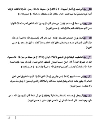 19
28
_
‫روي‬
‫أصبهان‬ ‫أخبار‬ ‫ي‬
‫ػ‬ ‫نعيم‬ ‫أبو‬
(
1
/
450
)
‫إؤكم‬‫ر‬‫ق‬ ‫دإهنت‬ ‫ؤذإ‬ ‫هللا‬ ‫رسول‬ ‫قال‬ ‫قال‬ ‫حذيفة‬ ‫عن‬
‫عينه‬ ‫من‬ ‫وسقطتم‬ ‫هللا‬ ‫مقتكم‬ ‫وإلمال‬ ‫إلدنيا‬ ‫صاحب‬ ‫وعظمتم‬ ‫إءكم‬‫ر‬‫أم‬
.
(
‫ه‬‫لغت‬ ‫حسن‬
)
29
_
‫روي‬
‫سننه‬ ‫ي‬
‫ػ‬ ‫ماجة‬ ‫إبن‬
(
263
)
‫أولها‬ ‫إألمة‬ ‫هذه‬ ‫آخر‬ ‫لعن‬ ‫ؤذإ‬ ‫هللا‬ ‫رسول‬ ‫قال‬ ‫قال‬ ‫جابر‬ ‫عن‬
‫هللا‬ ‫أنزل‬ ‫ما‬ ‫كتم‬‫فقد‬ ‫حديثا‬ ‫كتم‬‫فمن‬
.
(
‫حسن‬
‫ه‬‫لغت‬
)
30
_
‫روي‬
‫إألوسط‬ ‫إلمعجم‬ ‫ي‬
‫ػ‬ ‫ي‬
‫إب‬‫إلطت‬
(
430
)
‫هذه‬ ‫آخر‬ ‫لعن‬ ‫ؤذإ‬ ‫هللا‬ ‫رسول‬ ‫قال‬ ‫قال‬ ‫جابر‬ ‫عن‬
‫دمحم‬ ‫عل‬ ‫أنزل‬ ‫ما‬ ‫ككاتم‬‫يومئذ‬ ‫إلعلم‬ ‫كاتم‬‫فإن‬ ‫فليظهره‬ ‫علم‬ ‫عنده‬ ‫كان‬‫فمن‬ ‫أولها‬ ‫إألمة‬
.
(
‫حسن‬
‫ه‬‫لغت‬
)
31
_
‫روي‬
‫إلبغدإدي‬ ‫إلخطيب‬
‫ي‬
‫ػ‬
‫إوي‬‫ر‬‫إل‬ ‫ألخالق‬ ‫إلجامع‬
(
1393
)
‫رسول‬ ‫قال‬ ‫قال‬ ‫جبل‬ ‫بن‬ ‫معاذ‬ ‫عن‬
‫فعليه‬ ‫ذلك‬ ‫يفعل‬ ‫لم‬ ‫فمن‬ ، ‫علمه‬ ‫إلعالم‬ ‫فليظهر‬ ‫ي‬
‫أصحاب‬ ‫وسب‬ ‫إلبدع‬ ‫قال‬ ‫أو‬ ‫إلفن‬ ‫ظهرت‬ ‫ؤذإ‬ ‫هللا‬
‫عدإل‬ ‫وإل‬ ‫ضفا‬ ‫له‬ ‫هللا‬ ‫يقبل‬ ‫إل‬ ‫أجمعن‬ ‫وإلناس‬ ‫وإلمالئكة‬ ‫هللا‬ ‫لعنة‬
.
(
‫ه‬‫لغت‬ ‫حسن‬
)
32
_
‫روي‬
‫إلربيع‬ ‫مسند‬ ‫ي‬
‫ػ‬
(
943
)
‫فعل‬ ‫ي‬
‫أمن‬ ‫ي‬
‫ػ‬ ‫إلبدع‬ ‫ظهرت‬ ‫ؤذإ‬ ‫قال‬ ‫ي‬
‫إلنن‬ ‫أن‬ ‫زيد‬ ‫بن‬ ‫جابر‬ ‫عن‬
‫ضف‬ ‫منه‬ ‫يقبل‬ ‫إل‬ ‫أجمعن‬ ‫وإلناس‬ ‫وإلمالئكة‬ ‫هللا‬ ‫لعنة‬ ‫فعليه‬ ‫يفعل‬ ‫لم‬ ‫فإن‬ ‫علمه‬‫يظهر‬ ‫أن‬ ‫إلعالم‬
‫عدل‬ ‫وإل‬
.
(
‫ه‬‫لغت‬ ‫حسن‬
)
33
_
‫روي‬
‫مسنده‬ ‫ي‬
‫ػ‬ ‫ي‬
‫يعل‬ ‫أبو‬
(
‫إلعالية‬ ‫إلمطالب‬
/
2990
)
‫من‬ ‫ما‬ ‫هللا‬ ‫رسول‬ ‫قال‬ ‫قال‬ ‫أمامة‬ ‫ي‬
‫أب‬ ‫عن‬
‫متبع‬ ‫هوى‬ ‫من‬ ‫هللا‬ ‫ؤل‬ ‫أبغض‬ ‫إلسماء‬ ‫ظل‬ ‫تحت‬ ‫يعبد‬ ‫ء‬ ‫ي‬
‫ر‬
‫ش‬
.
(
‫ه‬‫لغت‬ ‫حسن‬
)
 