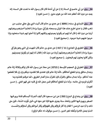 20
34
_
‫روي‬
‫إلسنة‬ ‫ي‬
‫ػ‬ ‫عاصم‬ ‫ي‬
‫أب‬ ‫إبن‬
(
3
)
‫ؤله‬ ‫إلسماء‬ ‫ظل‬ ‫تحت‬ ‫ما‬ ‫هللا‬ ‫رسول‬ ‫قال‬ ‫قال‬ ‫أمامة‬ ‫ي‬
‫أب‬ ‫عن‬
‫متبع‬ ‫هوى‬ ‫من‬ ‫هللا‬ ‫عند‬ ‫أعظم‬ ‫هللا‬ ‫دون‬ ‫من‬ ‫يعبد‬
.
(
‫ه‬‫لغت‬ ‫حسن‬
)
35
_
‫روي‬
‫سننه‬ ‫ي‬
‫ػ‬ ‫مذي‬‫إلت‬
(
3095
)
‫من‬ ‫صليب‬ ‫ي‬
‫عنؼ‬ ‫ي‬
‫وػ‬ ‫ي‬
‫إلنن‬ ‫أتيت‬ ‫قال‬ ‫حاتم‬ ‫بن‬ ‫عدي‬ ‫عن‬
‫إءة‬‫ر‬‫ب‬ ‫سورة‬ ‫ي‬
‫ػ‬ ‫أ‬‫ر‬‫يق‬ ‫وسمعته‬ ‫إلوثن‬ ‫هذإ‬ ‫عنك‬ ‫إطرح‬ ‫عدي‬ ‫يا‬ ‫فقال‬ ‫ذهب‬
(
‫ورهبانهم‬ ‫أحبارهم‬ ‫إتخذوإ‬
‫هللا‬ ‫دون‬ ‫من‬ ‫أربابا‬
)
‫وإذإ‬ ‫إستحلوه‬ ‫شيئا‬ ‫لهم‬ ‫أحلوإ‬ ‫ؤذإ‬ ‫كانوإ‬‫ولكنهم‬ ‫يعبدونهم‬ ‫يكونوإ‬ ‫لم‬ ‫ؤنهم‬ ‫أما‬ ‫قال‬
‫حرموه‬ ‫شيئا‬ ‫عليهم‬ ‫حرموإ‬
.
(
‫ه‬‫لغت‬ ‫صحيح‬
)
36
_
‫روي‬
‫إلجامع‬ ‫ي‬
‫ػ‬ ‫ي‬‫إلطت‬
(
11
/
417
)
‫ي‬
‫ػ‬ ‫أ‬‫ر‬‫يق‬ ‫وهو‬ ‫ي‬
‫إلنن‬ ‫ؤل‬ ‫إنتهيت‬ ‫قال‬ ‫حاتم‬ ‫بن‬ ‫عدي‬ ‫عن‬
‫إءة‬‫ر‬‫ب‬ ‫سورة‬
(
‫هللا‬ ‫دون‬ ‫من‬ ‫أربابا‬ ‫ورهبانهم‬ ‫أحبارهم‬ ‫إتخذوإ‬
)
‫يعبدونهم‬ ‫يكونوإ‬ ‫لم‬ ‫ؤنهم‬ ‫أما‬ ‫فقال‬
‫فيحلون‬ ‫لهم‬ ‫يحلون‬ ‫كانوإ‬‫ولكن‬
.
(
‫ه‬‫لغت‬ ‫صحيح‬
)
37
_
‫روي‬
‫إألوسط‬ ‫إلمعجم‬ ‫ي‬
‫ػ‬ ‫ي‬
‫إب‬‫إلطت‬
(
8715
)
‫عالم‬ ‫زلة‬ ‫وثالثة‬ ‫ؤياكم‬ ‫قال‬ ‫هللا‬ ‫رسول‬ ‫عن‬ ‫معاذ‬ ‫عن‬
‫تقطعوإ‬ ‫فال‬ ‫زل‬ ‫وإن‬ ‫دينكم‬ ‫تقلدوه‬ ‫فال‬ ‫إهتدى‬ ‫فإن‬ ‫عالم‬ ‫زلة‬ ‫فأما‬ ، ‫أعناقكم‬ ‫تقطع‬ ‫ودنيا‬ ‫منافق‬ ‫وجدإل‬
‫إلطريق‬ ‫كمنار‬‫إ‬‫ر‬‫منا‬ ‫للقرآن‬ ‫فإن‬ ‫بالقرآن‬ ‫منافق‬ ‫جدإل‬ ‫وأما‬ ، ‫آمالكم‬ ‫عنه‬
،
‫وما‬ ‫فخذوه‬ ‫عرفتم‬ ‫فما‬
‫ي‬
‫إلغن‬ ‫فهو‬ ‫غن‬ ‫قلبه‬ ‫ي‬
‫ػ‬ ‫هللا‬ ‫جعل‬ ‫فمن‬ ‫أعناقكم‬ ‫تقطع‬ ‫دنيا‬ ‫وأما‬ ، ‫عالمه‬ ‫ؤل‬ ‫فردوه‬ ‫أنكرتم‬
.
(
‫حسن‬
‫ه‬‫لغت‬
)
38
_
‫روي‬
‫إلبدع‬ ‫ي‬
‫ػ‬ ‫وضاح‬ ‫إبن‬
(
263
)
‫مسعود‬ ‫إبن‬ ‫عن‬
‫فيها‬ ‫يربو‬ ‫فتنة‬ ‫ألبستكم‬ ‫ؤذإ‬ ‫أنتم‬ ‫كيف‬‫قال‬
‫من‬ ‫قيل‬ ، ‫نة‬ ُّ
‫إلس‬ ‫ت‬ ِّ
‫ت‬
ُ
‫غ‬ ‫قيل‬ ‫ء‬ ‫ي‬
‫ر‬
‫ش‬ ‫منها‬ ‫غت‬ ‫فإذإ‬ ‫عليها‬ ‫يجرى‬ ‫سنة‬ ‫وتتخذ‬‫إلكبت‬ ‫فيها‬ ‫هرم‬‫وي‬‫إلصغت‬
‫مست‬
ُ
‫وإلت‬ ‫أمناؤكم‬ ‫وقل‬ ‫أموإلكم‬ ‫ر‬
‫وكت‬ ‫فقهاؤكم‬ ‫وقل‬ ‫إؤكم‬‫ر‬‫ق‬ ‫ر‬
‫كت‬‫ؤذإ‬ ‫فقال‬ ‫؟‬ ‫إلرحمن‬ ‫عبد‬ ‫أبا‬ ‫يا‬ ‫ذلك‬
‫إلدين‬ ‫لغت‬ ‫فقه‬
ُ
‫وت‬ ‫إآلخرة‬ ‫بعمل‬ ‫إلدنيا‬
.
(
‫إلرفع‬ ‫حكم‬ ‫له‬ ‫موقوف‬ ‫حسن‬
)
 