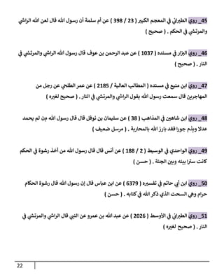 22
45
_
‫روي‬
‫إلكبت‬ ‫إلمعجم‬ ‫ي‬
‫ػ‬ ‫ي‬
‫إب‬‫إلطت‬
(
23
/
398
)
‫ي‬
‫ر‬
‫إش‬‫ر‬‫إل‬ ‫هللا‬ ‫لعن‬ ‫قال‬ ‫هللا‬ ‫رسول‬ ‫أن‬ ‫سلمة‬ ‫أم‬ ‫عن‬
‫إلحكم‬ ‫ي‬
‫ػ‬ ‫ي‬
‫ر‬
‫وإلمرتش‬
.
(
‫صحيح‬
)
46
_
‫روي‬
‫مسنده‬ ‫ي‬
‫ػ‬ ‫إر‬‫إلت‬
(
1037
)
‫عوف‬ ‫بن‬ ‫إلرحمن‬ ‫عبد‬ ‫عن‬
‫ي‬
‫ػ‬ ‫ي‬
‫ر‬
‫وإلمرتش‬ ‫ي‬
‫ر‬
‫إش‬‫ر‬‫إل‬ ‫هللا‬ ‫رسول‬ ‫قال‬
‫إلنار‬
.
(
‫صحيح‬
)
47
_
‫روي‬
‫مسنده‬ ‫ي‬
‫ػ‬ ‫منيع‬ ‫إبن‬
(
‫إلعالية‬ ‫إلمطالب‬
/
2185
)
‫من‬ ‫رجل‬ ‫عن‬ ‫ي‬
‫إلطلح‬ ‫عمر‬ ‫عن‬
‫إلنار‬ ‫ي‬
‫ػ‬ ‫ي‬
‫ر‬
‫وإلمرتش‬ ‫ي‬
‫ر‬
‫إش‬‫ر‬‫إل‬ ‫يقول‬ ‫هللا‬ ‫رسول‬ ‫سمعت‬ ‫قال‬ ‫إلمهاجرين‬
.
(
‫ه‬‫لغت‬ ‫صحيح‬
)
48
_
‫روي‬
‫إلمذإهب‬ ‫ي‬
‫ػ‬ ‫شاهن‬ ‫إبن‬
(
38
)
‫م‬ ‫هللا‬ ‫رسول‬ ‫قال‬ ‫قال‬ ‫نوفل‬ ‫بن‬ ‫سليمان‬ ‫عن‬
‫ن‬
‫يحمد‬ ‫لم‬
‫بالمحاربة‬ ‫هللا‬‫بارز‬ ‫فقد‬ ‫إ‬‫ر‬‫جو‬ ‫ويذم‬ ‫عدإل‬
.
(
‫ضعيف‬ ‫مرسل‬
)
49
_
‫روي‬
‫إلوسيط‬ ‫ي‬
‫ػ‬ ‫إلوإحدي‬
(
2
/
188
)
‫إلحكم‬ ‫ي‬
‫ػ‬ ‫رشوة‬ ‫أخذ‬ ‫من‬ ‫هللا‬ ‫رسول‬ ‫قال‬ ‫قال‬ ‫أنس‬ ‫عن‬
‫إلجنة‬ ‫وبن‬ ‫بينه‬ ‫إ‬‫ست‬ ‫كانت‬
.
(
‫حسن‬
)
50
_
‫روي‬
‫ه‬‫تفست‬ ‫ي‬
‫ػ‬ ‫حاتم‬ ‫ي‬
‫أب‬ ‫إبن‬
(
6379
)
‫قال‬ ‫عباس‬ ‫إبن‬ ‫عن‬
‫إلحكام‬ ‫رشوة‬ ‫قال‬ ‫هللا‬ ‫رسول‬ ‫ؤن‬
‫كتابه‬ ‫ي‬
‫ػ‬ ‫هللا‬‫ذكر‬ ‫إلذي‬ ‫إلسحت‬ ‫ي‬
‫وه‬ ‫إم‬‫ر‬‫ح‬
.
(
‫حسن‬
)
51
_
‫روي‬
‫إألوسط‬ ‫ي‬
‫ػ‬ ‫ي‬
‫إب‬‫إلطت‬
(
2026
)
‫ي‬
‫ػ‬ ‫ي‬
‫ر‬
‫وإلمرتش‬ ‫ي‬
‫ر‬
‫إش‬‫ر‬‫إل‬ ‫قال‬ ‫ي‬
‫إلنن‬ ‫عن‬‫عمرو‬ ‫بن‬ ‫هللا‬ ‫عبد‬ ‫عن‬
‫إلنار‬
.
(
‫صحيح‬
‫ه‬‫لغت‬
)
 