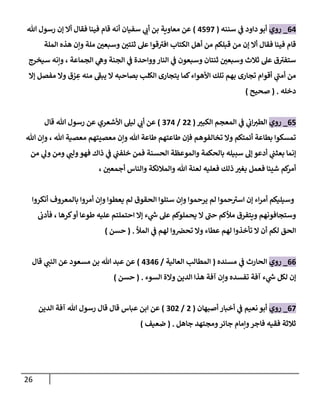 26
64
_
‫روي‬
‫سننه‬ ‫ي‬
‫ػ‬ ‫دإود‬ ‫أبو‬
(
4597
)
‫هللا‬ ‫رسول‬ ‫ؤن‬ ‫أإل‬ ‫فقال‬ ‫فينا‬ ‫قام‬ ‫أنه‬ ‫سفيان‬ ‫ي‬
‫أب‬ ‫بن‬ ‫معاوية‬ ‫عن‬
‫إلملة‬ ‫هذه‬ ‫وإن‬ ‫ملة‬ ‫وسبعن‬ ‫ثنتن‬ ‫عل‬ ‫قوإ‬‫إفت‬ ‫إلكتاب‬ ‫أهل‬ ‫من‬ ‫قبلكم‬ ‫من‬ ‫ؤن‬ ‫أإل‬ ‫فقال‬ ‫فينا‬ ‫قام‬
‫سيخرج‬ ‫وإنه‬ ، ‫إلجماعة‬ ‫ي‬
‫وه‬ ‫إلجنة‬ ‫ي‬
‫ػ‬ ‫ووإحدة‬‫إلنار‬ ‫ي‬
‫ػ‬ ‫وسبعون‬ ‫ثنتان‬ ‫وسبعن‬ ‫ثالث‬ ‫عل‬ ‫ق‬‫ستفت‬
‫إلكلب‬ ‫يتجارى‬ ‫كما‬‫إألهوإء‬ ‫تلك‬ ‫بهم‬ ‫تجارى‬ ‫أقوإم‬ ‫ي‬
‫أمن‬ ‫من‬
‫بصاحبه‬
‫ؤإل‬ ‫مفصل‬ ‫وإل‬ ‫ق‬ ْ
‫ر‬ ِ
‫ع‬ ‫منه‬ ‫يبؼ‬ ‫إل‬
‫دخله‬
.
(
‫صحيح‬
)
65
_
‫روي‬
‫إلكبت‬ ‫إلمعجم‬ ‫ي‬
‫ػ‬ ‫ي‬
‫إب‬‫إلطت‬
(
22
/
374
)
‫إألشعري‬ ‫ليل‬ ‫ي‬
‫أب‬ ‫عن‬
‫قال‬ ‫هللا‬ ‫رسول‬ ‫عن‬
‫هللا‬ ‫وإن‬ ، ‫هللا‬ ‫معصية‬ ‫معصيتهم‬ ‫وإن‬ ‫هللا‬ ‫طاعة‬ ‫طاعتهم‬ ‫فإن‬ ‫تخالفوهم‬ ‫وإل‬ ‫أئمتكم‬ ‫بطاعة‬ ‫تمسكوإ‬
‫من‬ ‫ي‬
‫ول‬ ‫ومن‬ ‫ي‬
‫ولن‬‫فهو‬ ‫ذإك‬ ‫ي‬
‫ػ‬ ‫ي‬
‫خلفن‬ ‫فمن‬ ‫إلحسنة‬ ‫وإلموعظة‬ ‫بالحكمة‬ ‫سبيله‬ ‫ؤل‬ ‫أدعو‬ ‫ي‬
‫بعثن‬ ‫ؤنما‬
، ‫أجمعن‬ ‫وإلناس‬ ‫وإلمالئكة‬ ‫هللا‬ ‫لعنة‬ ‫فعليه‬ ‫ذلك‬ ‫بغت‬ ‫فعمل‬ ‫شيئا‬ ‫كم‬
‫أمر‬
‫أنكروإ‬ ‫بالمعروف‬ ‫أمروإ‬ ‫وإن‬ ‫يعطوإ‬ ‫لم‬ ‫إلحقوق‬ ‫سئلوإ‬ ‫وإن‬ ‫يرحموإ‬ ‫لم‬ ‫حموإ‬‫إست‬ ‫ؤن‬ ‫إء‬‫ر‬‫أم‬ ‫وسيليكم‬
‫فأدب‬ ، ‫كرها‬‫أو‬ ‫طوعا‬ ‫عليه‬ ‫إحتملتم‬ ‫ؤإل‬ ‫ء‬ ‫ي‬
‫ر‬
‫ش‬ ‫عل‬ ‫يحملوكم‬ ‫إل‬ ‫حن‬ ‫مالكم‬ ‫ويتفرق‬ ‫وستجافونهم‬
‫إلمال‬ ‫ي‬
‫ػ‬ ‫لهم‬ ‫وإ‬‫تحخ‬ ‫وإل‬ ‫عطاء‬ ‫لهم‬ ‫تأخذوإ‬ ‫إل‬ ‫أن‬ ‫لكم‬ ‫إلحق‬
.
(
‫حسن‬
)
66
_
‫روي‬
‫مسنده‬ ‫ي‬
‫ػ‬ ‫إلحارث‬
(
‫إلعالية‬ ‫إلمطالب‬
/
4346
)
‫قال‬ ‫ي‬
‫إلنن‬ ‫عن‬ ‫مسعود‬ ‫بن‬ ‫هللا‬ ‫عبد‬ ‫عن‬
‫إلسوء‬ ‫وإلة‬ ‫إلدين‬ ‫هذإ‬ ‫آفة‬ ‫وإن‬ ‫تفسده‬ ‫آفة‬ ‫ء‬ ‫ي‬
‫ر‬
‫ش‬ ‫لكل‬ ‫ؤن‬
.
(
‫حسن‬
)
67
_
‫روي‬
‫أصبهان‬ ‫أخبار‬ ‫ي‬
‫ػ‬ ‫نعيم‬ ‫أبو‬
(
2
/
302
)
‫إلدين‬ ‫آفة‬ ‫هللا‬ ‫رسول‬ ‫قال‬ ‫قال‬ ‫عباس‬ ‫إبن‬ ‫عن‬
‫جاهل‬ ‫ومجتهد‬‫جائر‬ ‫وإمام‬‫فاجر‬ ‫فقيه‬ ‫ثالثة‬
.
(
‫ضعيف‬
)
 