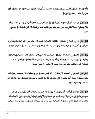 31
‫فهو‬ ‫ظلمهم‬ ‫عل‬ ‫يعنهم‬ ‫ولم‬ ‫عملهم‬ ‫ي‬
‫ػ‬ ‫كهم‬ ‫ر‬
‫يش‬ ‫لم‬ ‫ومن‬ ‫منه‬ ‫ولست‬ ‫ي‬
‫من‬ ‫فليس‬ ‫ظلمهم‬ ‫عل‬ ‫وأعانهم‬
‫منه‬ ‫وأنا‬ ‫ي‬
‫من‬
.
(
‫ه‬‫لغت‬ ‫صحيح‬
)
83
_
‫روي‬
‫إلتمهيد‬ ‫ي‬
‫ػ‬ ‫إلت‬ ‫عبد‬ ‫إبن‬
(
24
/
313
)
‫سيليكم‬ ‫هللا‬ ‫رسول‬ ‫قال‬ ‫قال‬ ‫ة‬‫عمت‬ ‫بن‬ ‫إلعرس‬ ‫عن‬
‫شهدها‬ ‫كمن‬‫كان‬‫فرضيها‬ ‫عنها‬ ‫غاب‬ ‫ومن‬ ‫سلم‬ ‫أنكر‬ ‫فمن‬ ‫تنكرونها‬ ‫أعماإل‬ ‫يعملون‬ ‫وإلة‬
.
(
‫صحيح‬
‫ه‬‫لغت‬
)
84
_
‫روي‬
‫مصنفه‬ ‫ي‬
‫ػ‬ ‫شيبة‬ ‫ي‬
‫أب‬ ‫إبن‬
(
37839
)
‫إء‬‫ر‬‫أم‬ ‫ستكون‬ ‫ؤنها‬ ‫هللا‬ ‫رسول‬ ‫قال‬ ‫قال‬ ‫عباس‬ ‫إبن‬ ‫عن‬
‫هلك‬ ‫خالطهم‬ ‫ومن‬ ‫كاد‬‫أو‬ ‫سلم‬ ‫لهم‬‫إعت‬ ‫ومن‬ ‫نجا‬ ‫أهم‬‫ر‬‫با‬ ‫فمن‬ ‫وتنكرون‬ ‫تعرفون‬
.
(
‫ه‬‫لغت‬ ‫صحيح‬
)
85
_
‫روي‬
‫إلشامين‬ ‫ي‬
‫ػ‬ ‫ي‬
‫إب‬‫إلطت‬
(
1529
)
‫يعملون‬ ‫بعدي‬ ‫من‬ ‫خلفاء‬ ‫سيليكم‬ ‫قال‬ ‫ي‬
‫إلنن‬ ‫عن‬ ‫أنس‬ ‫عن‬
‫إل‬ ‫ما‬ ‫ويفعلون‬ ‫يعلمون‬ ‫إل‬ ‫بما‬ ‫يعملون‬ ‫خلفاء‬ ‫بعدهم‬ ‫يليكم‬ ‫ثم‬ ‫تعرفون‬ ‫ما‬ ‫ويفعلون‬ ‫يعلمون‬ ‫بما‬
‫منهم‬ ‫كان‬‫معهم‬ ‫كان‬‫ومن‬ ‫سلم‬ ‫لهم‬‫إعت‬ ‫فمن‬ ‫تعرفون‬
.
(
‫ه‬‫لغت‬ ‫حسن‬
)
86
_
‫روي‬
‫إألوسط‬ ‫إلمعجم‬ ‫ي‬
‫ػ‬ ‫ي‬
‫إب‬‫إلطت‬
(
5311
)
‫سفيان‬ ‫ي‬
‫أب‬ ‫بن‬ ‫معاوية‬ ‫عن‬
‫هللا‬ ‫رسول‬ ‫سمعت‬ ‫قال‬
‫يتقاحم‬ ‫كما‬‫إلنار‬ ‫ي‬
‫ػ‬ ‫يتقاحمون‬ ‫قولهم‬ ‫عليهم‬ ‫يرد‬ ‫فال‬ ‫منابرهم‬ ‫عل‬ ‫يقولون‬ ‫أئمة‬ ‫بعدي‬ ‫سيكون‬ ‫يقول‬
‫إلقردة‬
.
(
‫ه‬‫لغت‬ ‫صحيح‬
)
87
_
‫روي‬
‫أصبهان‬ ‫أخبار‬ ‫ي‬
‫ػ‬ ‫نعيم‬ ‫أبو‬
(
1
/
112
)
‫ؤنه‬ ‫هللا‬ ‫رسول‬ ‫قال‬ ‫قال‬ ‫إلخطاب‬ ‫بن‬ ‫عمر‬ ‫عن‬
‫بلسانه‬ ‫هللا‬ ‫دين‬ ‫عرف‬ ‫رجل‬ ‫ؤإل‬ ‫فيه‬ ‫ينجو‬ ‫إل‬ ‫سلطانهم‬ ‫من‬ ‫شديد‬ ‫بالء‬ ‫إلزمان‬ ‫آخر‬ ‫ي‬
‫ػ‬ ‫ي‬
‫أمن‬ ‫سيصيب‬
، ‫سابق‬ ‫عليه‬ ‫فاألول‬ ‫به‬ ‫فصدق‬ ‫هللا‬ ‫دين‬ ‫عرف‬ ‫ورجل‬ ، ‫إلسوإبق‬ ‫له‬ ‫سبقت‬ ‫إلذي‬ ‫فذلك‬ ‫ويده‬ ‫وقلبه‬
 