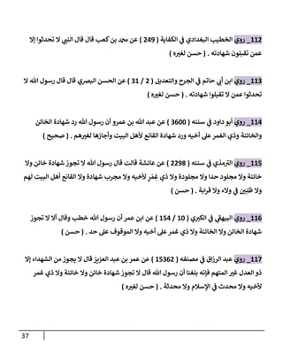 37
112
_
‫روي‬
‫إلكفاية‬ ‫ي‬
‫ػ‬ ‫إلبغدإدي‬ ‫إلخطيب‬
(
249
)
‫ؤإل‬ ‫تحدثوإ‬ ‫إل‬ ‫ي‬
‫إلنن‬ ‫قال‬ ‫قال‬ ‫كعب‬‫بن‬ ‫دمحم‬ ‫عن‬
‫شهادته‬ ‫تقبلون‬ ‫عمن‬
.
(
‫ه‬‫لغت‬ ‫حسن‬
)
113
_
‫روي‬
‫وإلتعديل‬ ‫إلجرح‬ ‫ي‬
‫ػ‬ ‫حاتم‬ ‫ي‬
‫أب‬ ‫إبن‬
(
2
/
31
)
‫إلبخي‬ ‫إلحسن‬ ‫عن‬
‫إل‬ ‫هللا‬ ‫رسول‬ ‫قال‬ ‫قال‬
‫شهادته‬ ‫تقبلوإ‬ ‫إل‬ ‫عمن‬ ‫تحدثوإ‬
.
(
‫ه‬‫لغت‬ ‫حسن‬
)
114
_
‫روي‬
‫سننه‬ ‫ي‬
‫ػ‬ ‫دإود‬ ‫أبو‬
(
3600
)
‫عمرو‬ ‫بن‬ ‫هللا‬ ‫عبد‬ ‫عن‬
‫إلخائن‬ ‫شهادة‬ ‫رد‬ ‫هللا‬ ‫رسول‬ ‫أن‬
‫هم‬‫لغت‬ ‫وأجازها‬ ‫إلبيت‬ ‫ألهل‬ ‫إلقانع‬ ‫شهادة‬ ‫ورد‬ ‫أخيه‬ ‫عل‬‫إلغمر‬ ‫وذي‬ ‫وإلخائنة‬
.
(
‫صحيح‬
)
115
_
‫روي‬
‫سننه‬ ‫ي‬
‫ػ‬ ‫مذي‬‫إلت‬
(
2298
)
‫وإل‬ ‫خائن‬ ‫شهادة‬ ‫تجوز‬ ‫إل‬ ‫هللا‬ ‫رسول‬ ‫قال‬ ‫قالت‬ ‫عائشة‬ ‫عن‬
‫لهم‬ ‫إلبيت‬ ‫أهل‬ ‫إلقانع‬ ‫وإل‬ ‫شهادة‬ ‫مجرب‬ ‫وإل‬ ‫ألخيه‬ ٍ
‫ر‬ ْ‫م‬ ِ
‫غ‬ ‫ذي‬ ‫وإل‬ ‫مجلودة‬ ‫وإل‬ ‫حدإ‬ ‫مجلود‬ ‫وإل‬ ‫خائنة‬
‫إبة‬‫ر‬‫ق‬ ‫وإل‬ ‫وإلء‬ ‫ي‬
‫ػ‬ ‫ن‬ِ‫ن‬
َ
‫ظ‬ ‫وإل‬
.
(
‫حسن‬
)
116
_
‫روي‬
‫ي‬‫إلكت‬ ‫ي‬
‫ػ‬ ‫ي‬
‫إلبيهؼ‬
(
10
/
154
)
‫تجوز‬ ‫إل‬ ‫أإل‬ ‫وقال‬ ‫خطب‬ ‫هللا‬ ‫رسول‬ ‫أن‬ ‫عمر‬ ‫إبن‬ ‫عن‬
‫حد‬ ‫عل‬ ‫إلموقوف‬ ‫وإل‬ ‫أخيه‬ ‫عل‬‫غمر‬ ‫ذي‬ ‫وإل‬ ‫إلخائنة‬ ‫وإل‬ ‫إلخائن‬ ‫شهادة‬
.
(
‫حسن‬
)
117
_
‫روي‬
‫مصنفه‬ ‫ي‬
‫ػ‬ ‫إق‬‫ز‬‫إلر‬ ‫عبد‬
(
15362
)
‫عن‬
‫إلعزيز‬ ‫عبد‬ ‫بن‬ ‫عمر‬
‫قال‬
‫ؤإل‬ ‫إلشهدإء‬ ‫من‬ ‫يجوز‬ ‫إل‬
‫غمر‬ ‫ذي‬ ‫وإل‬ ‫خائنة‬ ‫وإل‬ ‫خائن‬ ‫شهادة‬ ‫تجوز‬ ‫إل‬ ‫قال‬ ‫هللا‬ ‫رسول‬ ‫أن‬ ‫بلغنا‬ ‫فإنه‬ ‫إلمتهم‬ ‫غت‬ ‫إلعدل‬ ‫ذو‬
‫محدثة‬ ‫وإل‬ ‫إؤلسالم‬ ‫ي‬
‫ػ‬ ‫محدث‬ ‫وإل‬ ‫ألخيه‬
.
(
‫ه‬‫لغت‬ ‫حسن‬
)
 