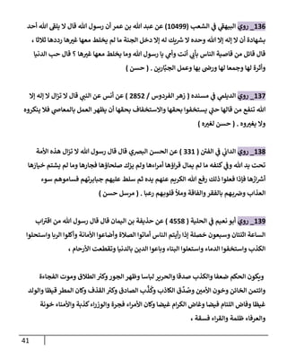 41
136
_
‫روي‬
‫إلشعب‬ ‫ي‬
‫ػ‬ ‫ي‬
‫إلبيهؼ‬
(
10499
)
‫أحد‬ ‫هللا‬ ‫يلؼ‬ ‫إل‬ ‫قال‬ ‫هللا‬ ‫رسول‬ ‫أن‬ ‫عمر‬ ‫بن‬ ‫هللا‬ ‫عبد‬ ‫عن‬
‫ثالثا‬ ‫رددها‬ ‫ها‬‫غت‬ ‫معها‬ ‫يخلط‬ ‫لم‬ ‫ما‬ ‫إلجنة‬ ‫دخل‬ ‫ؤإل‬ ‫له‬ ‫يك‬ ‫ر‬
‫ش‬ ‫إل‬ ‫وحده‬ ‫هللا‬ ‫ؤإل‬ ‫ؤله‬ ‫إل‬ ‫أن‬ ‫بشهادة‬
،
‫ها‬‫غت‬ ‫معها‬ ‫يخلط‬ ‫وما‬ ‫هللا‬ ‫رسول‬ ‫يا‬ ‫ي‬
‫وأم‬ ‫أنت‬ ‫ي‬
‫بأب‬ ‫إلناس‬ ‫قاصية‬ ‫من‬ ‫قائل‬ ‫قال‬
‫إلدنيا‬ ‫حب‬ ‫قال‬ ‫؟‬
‫ارين‬َّ‫إلجب‬ ‫وعمل‬ ‫بها‬ ‫ورض‬ ‫لها‬ ‫وجمعا‬ ‫لها‬ ‫وأثرة‬
( .
‫حسن‬
)
137
_
‫روي‬
‫ي‬
‫إلديلم‬
‫ي‬
‫ػ‬
‫مسنده‬
(
‫إلفردوس‬ ‫زهر‬
/
2852
)
‫ؤإل‬ ‫ؤله‬ ‫إل‬ ‫إل‬‫ز‬‫ت‬ ‫إل‬ ‫قال‬ ‫ي‬
‫إلنن‬ ‫عن‬ ‫أنس‬ ‫عن‬
‫ينكروه‬ ‫فال‬ ‫ي‬
‫بالمعاض‬ ‫إلعمل‬ ‫يظهر‬ ‫أن‬ ‫بحقها‬ ‫وإإلستخفاف‬ ‫بحقها‬ ‫يستخفوإ‬ ‫ي‬
‫حن‬ ‫قالها‬ ‫من‬ ‫تنفع‬ ‫هللا‬
‫وه‬‫يغت‬ ‫وإل‬
.
(
‫ه‬‫لغت‬ ‫حسن‬
)
138
_
‫روي‬
‫إلفن‬ ‫ي‬
‫ػ‬ ‫ي‬
‫إلدإب‬
(
331
)
‫إلبخي‬ ‫إلحسن‬ ‫عن‬
‫إألمة‬ ‫هذه‬ ‫إل‬‫ز‬‫ت‬ ‫إل‬ ‫هللا‬ ‫رسول‬ ‫قال‬ ‫قال‬
‫ها‬ َ
‫خيار‬ ‫يشتم‬ ‫لم‬ ‫وما‬ ‫فجارها‬ ‫صلحاؤها‬ ‫يزك‬ ‫ولم‬ ‫إءها‬‫ر‬‫أم‬ ‫إؤها‬‫ر‬‫ق‬ ‫يمال‬ ‫لم‬ ‫ما‬ ‫كنفه‬ ‫ي‬
‫وػ‬ ‫هللا‬ ‫يد‬ ‫تحت‬
‫سوء‬ ‫فساموهم‬ ‫جبابرتهم‬ ‫عليهم‬ ‫سلط‬ ‫ثم‬ ‫يده‬ ‫عنهم‬ ‫إلكريم‬ ‫هللا‬ ‫رفع‬ ‫ذلك‬ ‫فعلوإ‬ ‫فإذإ‬ ‫ها‬ ُ
‫إر‬ ‫ر‬
‫أش‬
‫رعبا‬ ‫هم‬‫قلوب‬ ‫ومال‬ ‫وإلفاقة‬‫بالفقر‬ ‫هم‬‫ب‬‫وض‬ ‫إلعذإب‬
.
(
‫حسن‬ ‫مرسل‬
)
139
_
‫روي‬
‫إلحلية‬ ‫ي‬
‫ػ‬ ‫نعيم‬ ‫أبو‬
(
4558
)
‫إب‬‫إقت‬ ‫من‬ ‫هللا‬ ‫رسول‬ ‫قال‬ ‫قال‬ ‫إليمان‬ ‫بن‬ ‫حذيفة‬ ‫عن‬
‫وإستحلوإ‬ ‫إلربا‬ ‫وأكلوإ‬ ‫إألمانة‬ ‫وأضاعوإ‬ ‫إلصالة‬ ‫أماتوإ‬ ‫إلناس‬ ‫أيتم‬‫ر‬ ‫ؤذإ‬ ‫خصلة‬ ‫وسبعون‬ ‫إثنتان‬ ‫إلساعة‬
، ‫إألرحام‬ ‫وتقطعت‬ ‫بالدنيا‬ ‫إلدين‬ ‫وباعوإ‬ ‫إلبناء‬ ‫وإستعلوإ‬ ‫إلدماء‬ ‫وإستخفوإ‬ ‫إلكذب‬
‫إلفجاءة‬ ‫وموت‬ ‫إلطالق‬ ‫ر‬
‫وكت‬‫إلجور‬ ‫وظهر‬ ‫لباسا‬ ‫وإلحرير‬ ‫صدقا‬ ‫وإلكذب‬ ‫ضعفا‬ ‫إلحكم‬ ‫ويكون‬
‫وإلولد‬ ‫قيظا‬ ‫إلمطر‬ ‫وكان‬ ‫إلقذف‬ ‫ر‬
‫وكت‬ ‫إلصادق‬ ‫ب‬
ِّ
‫ذ‬
ُ
‫وك‬ ‫إلكاذب‬ ‫ق‬
ِّ
‫د‬ ُ
‫وص‬ ‫إألمن‬ ‫وخون‬ ‫إلخائن‬ ‫وإئتمن‬
‫خونة‬ ‫وإألمناء‬ ‫كذبة‬‫إء‬‫ر‬‫وإلوز‬ ‫فجرة‬ ‫إء‬‫ر‬‫إألم‬ ‫وكان‬ ‫غيضا‬ ‫إم‬‫ر‬‫إلك‬ ‫وغاض‬ ‫فيضا‬ ‫إللئام‬ ‫وفاض‬ ‫غيظا‬
، ‫فسقة‬ ‫إء‬‫ر‬‫وإلق‬ ‫ظلمة‬ ‫وإلعرفاء‬
 